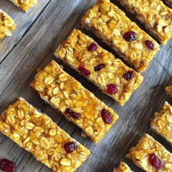 These bars are simple to make and taste great. Here’s what you need: - 2 cups rolled oats - 1 cup canned pumpkin puree - 1/2 cup almond butter (or peanut butter) - 1/3 cup honey or maple syrup - 1 teaspoon vanilla extract - 1 teaspoon ground cinnamon - 1/2 teaspoon ground nutmeg - 1/4 teaspoon ground ginger - 1/4 teaspoon salt Each ingredient plays a big role. The rolled oats give a nice texture. Pumpkin puree adds moisture and flavor. Almond butter or peanut butter binds everything together. Honey or maple syrup adds sweetness. You can make your bars even better with these add-ins: - 1/2 cup chopped walnuts or pecans - 1/2 cup dried cranberries or raisins - 1/4 cup mini chocolate chips Add these for extra crunch and flavor. Nuts bring healthy fats, while dried fruits add natural sweetness. Chocolate chips can make them more fun, too! Feel free to mix and match, based on what you like. - Preheat your oven to 350°F (175°C). - Line an 8x8 inch baking dish with parchment paper. - In a large bowl, mix 2 cups of rolled oats, 1/2 cup chopped nuts, and 1/2 cup dried fruits. You can use cranberries or raisins. - In another bowl, blend 1 cup of pumpkin puree, 1/2 cup almond butter, 1/3 cup honey, 1 teaspoon vanilla extract, 1 teaspoon ground cinnamon, 1/2 teaspoon ground nutmeg, 1/4 teaspoon ground ginger, and 1/4 teaspoon salt. Make sure this mixture is smooth. - Pour the wet mixture into the dry ingredients. Stir until everything is well coated. - Transfer this mixture into the prepared baking dish. Press it down firmly with a spatula or your hands. - Bake in the preheated oven for 20-25 minutes or until the edges are golden brown. - Let the granola bars cool in the pan for 10 minutes. Then, lift them out using the parchment paper. - Place them on a wire rack to cool completely. Once cooled, cut them into bars or squares. To pack the mixture tightly, use a spatula or your hands. Press down firmly until it feels compact. This step helps the bars hold together well. If the mixture is loose, your bars may crumble. To prevent burning edges, keep an eye on the bars as they bake. Check them around 20 minutes. If the edges look golden brown, take them out. If they need more time, bake for just a few more minutes. For the best freshness, store your granola bars in an airtight container. This keeps them soft and tasty. You can also wrap each bar in plastic wrap for extra protection. Use glass or plastic containers with a tight seal. These containers help maintain the bars' moisture and flavor. Avoid metal containers since they can change the taste. Enjoy the granola bars as a snack or for breakfast. They are great on the go or at home. Pair them with yogurt or milk for a yummy treat. A dollop of yogurt adds creaminess and flavor. You can also add fresh fruit for extra nutrition. {{image_2}} You can switch up flavors in your pumpkin spice granola bars. Try different spices like allspice, cloves, or cardamom. Each spice adds a unique taste and aroma. You can also use different sweeteners. Instead of honey, try agave syrup or brown rice syrup. Both add sweetness and a special flavor. Feel free to mix in various nuts and seeds as well. Almonds, sunflower seeds, or pumpkin seeds work great. Each nut brings its own crunch and health benefits. You can also try different dried fruits. Instead of cranberries or raisins, use chopped dates or apricots for a twist. Making these bars vegan is easy. Just replace honey with maple syrup. This keeps the sweetness while making it plant-based. For gluten-free options, use certified gluten-free oats. This way, those with gluten sensitivities can enjoy the bars too. If you need nut-free options, swap almond butter for sunflower seed butter. This keeps the creaminess without using nuts. You can also skip nuts entirely and boost the bars with more seeds or dried fruits. In fall, add seasonal fruits like apples or pears. Diced apples mixed in will give a fresh crunch. You can also fold in cooked sweet potato for extra flavor and nutrients. Another idea is to sprinkle in some crushed candy corn for a fun touch. For decorations, consider drizzling melted chocolate on top. This gives a sweet finish and looks nice. You can also sprinkle cinnamon sugar over the bars before baking for added flavor. These small touches make your granola bars festive and fun to eat. Each serving of these pumpkin spice granola bars has about 150 calories. They contain 6 grams of fat, 24 grams of carbohydrates, and 4 grams of protein. This balance makes them a great snack or breakfast option. The ingredients in these bars offer many health benefits. The rolled oats provide fiber, which helps with digestion. The pumpkin puree is rich in vitamins and antioxidants. Almond butter adds healthy fats and protein. Using honey or maple syrup gives natural sweetness without refined sugars. - Fiber helps you feel full longer. - Vitamins from pumpkin support your immune system. - Healthy fats from nuts contribute to heart health. Homemade granola bars are often healthier than store-bought ones. Many brands add extra sugars and preservatives. For example, a popular brand can have around 200 calories per bar. They may also lack fiber and healthy fats. Making these bars lets you control what goes in. You can avoid unwanted additives and adjust sweetness. Plus, you can pack them with your favorite nuts or fruits. This makes them both tasty and nutritious! To make these granola bars gluten-free, use certified gluten-free rolled oats. This ensures that no gluten crosses into your mix. Many brands offer gluten-free oats. Always check labels to be safe. Yes, you can use applesauce as a substitute for pumpkin puree. It adds moisture and sweetness. Other options include mashed banana or sweet potato puree. Each will give your bars a unique flavor. Homemade granola bars last about one week when stored in an airtight container. For longer storage, keep them in the fridge. You can also freeze them for up to three months. Just thaw before eating. If you need a different nut butter, peanut butter works well. Sunflower seed butter is a great nut-free option. Cashew butter and tahini are also tasty alternatives. Choose what fits your taste and diet. Yes, these granola bars are great for kids. They are tasty and packed with nutrition. You can adjust the sweetness by using less honey or maple syrup. Make them fun by adding mini chocolate chips. Pumpkin spice granola bars are simple to make and very tasty. You need basic ingredients like oats, pumpkin, and nut butter. Optional add-ins give you room to be creative, too. Follow the steps to mix and bake them perfectly. Remember, storing them well keeps them fresh longer. You can tweak flavors and make them fit your diet. These bars are a healthier choice than store-bought options. Enjoy them as snacks, breakfast, or with yogurt. Making these bars brings warmth to your kitchen and joy to your taste buds.