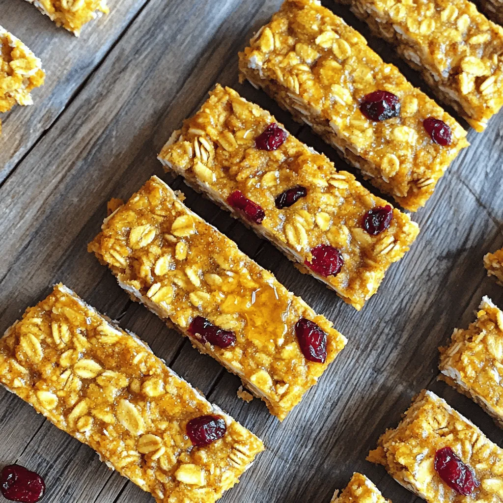 These bars are simple to make and taste great. Here’s what you need: - 2 cups rolled oats - 1 cup canned pumpkin puree - 1/2 cup almond butter (or peanut butter) - 1/3 cup honey or maple syrup - 1 teaspoon vanilla extract - 1 teaspoon ground cinnamon - 1/2 teaspoon ground nutmeg - 1/4 teaspoon ground ginger - 1/4 teaspoon salt Each ingredient plays a big role. The rolled oats give a nice texture. Pumpkin puree adds moisture and flavor. Almond butter or peanut butter binds everything together. Honey or maple syrup adds sweetness. You can make your bars even better with these add-ins: - 1/2 cup chopped walnuts or pecans - 1/2 cup dried cranberries or raisins - 1/4 cup mini chocolate chips Add these for extra crunch and flavor. Nuts bring healthy fats, while dried fruits add natural sweetness. Chocolate chips can make them more fun, too! Feel free to mix and match, based on what you like. - Preheat your oven to 350°F (175°C). - Line an 8x8 inch baking dish with parchment paper. - In a large bowl, mix 2 cups of rolled oats, 1/2 cup chopped nuts, and 1/2 cup dried fruits. You can use cranberries or raisins. - In another bowl, blend 1 cup of pumpkin puree, 1/2 cup almond butter, 1/3 cup honey, 1 teaspoon vanilla extract, 1 teaspoon ground cinnamon, 1/2 teaspoon ground nutmeg, 1/4 teaspoon ground ginger, and 1/4 teaspoon salt. Make sure this mixture is smooth. - Pour the wet mixture into the dry ingredients. Stir until everything is well coated. - Transfer this mixture into the prepared baking dish. Press it down firmly with a spatula or your hands. - Bake in the preheated oven for 20-25 minutes or until the edges are golden brown. - Let the granola bars cool in the pan for 10 minutes. Then, lift them out using the parchment paper. - Place them on a wire rack to cool completely. Once cooled, cut them into bars or squares. To pack the mixture tightly, use a spatula or your hands. Press down firmly until it feels compact. This step helps the bars hold together well. If the mixture is loose, your bars may crumble. To prevent burning edges, keep an eye on the bars as they bake. Check them around 20 minutes. If the edges look golden brown, take them out. If they need more time, bake for just a few more minutes. For the best freshness, store your granola bars in an airtight container. This keeps them soft and tasty. You can also wrap each bar in plastic wrap for extra protection. Use glass or plastic containers with a tight seal. These containers help maintain the bars' moisture and flavor. Avoid metal containers since they can change the taste. Enjoy the granola bars as a snack or for breakfast. They are great on the go or at home. Pair them with yogurt or milk for a yummy treat. A dollop of yogurt adds creaminess and flavor. You can also add fresh fruit for extra nutrition. {{image_2}} You can switch up flavors in your pumpkin spice granola bars. Try different spices like allspice, cloves, or cardamom. Each spice adds a unique taste and aroma. You can also use different sweeteners. Instead of honey, try agave syrup or brown rice syrup. Both add sweetness and a special flavor. Feel free to mix in various nuts and seeds as well. Almonds, sunflower seeds, or pumpkin seeds work great. Each nut brings its own crunch and health benefits. You can also try different dried fruits. Instead of cranberries or raisins, use chopped dates or apricots for a twist. Making these bars vegan is easy. Just replace honey with maple syrup. This keeps the sweetness while making it plant-based. For gluten-free options, use certified gluten-free oats. This way, those with gluten sensitivities can enjoy the bars too. If you need nut-free options, swap almond butter for sunflower seed butter. This keeps the creaminess without using nuts. You can also skip nuts entirely and boost the bars with more seeds or dried fruits. In fall, add seasonal fruits like apples or pears. Diced apples mixed in will give a fresh crunch. You can also fold in cooked sweet potato for extra flavor and nutrients. Another idea is to sprinkle in some crushed candy corn for a fun touch. For decorations, consider drizzling melted chocolate on top. This gives a sweet finish and looks nice. You can also sprinkle cinnamon sugar over the bars before baking for added flavor. These small touches make your granola bars festive and fun to eat. Each serving of these pumpkin spice granola bars has about 150 calories. They contain 6 grams of fat, 24 grams of carbohydrates, and 4 grams of protein. This balance makes them a great snack or breakfast option. The ingredients in these bars offer many health benefits. The rolled oats provide fiber, which helps with digestion. The pumpkin puree is rich in vitamins and antioxidants. Almond butter adds healthy fats and protein. Using honey or maple syrup gives natural sweetness without refined sugars. - Fiber helps you feel full longer. - Vitamins from pumpkin support your immune system. - Healthy fats from nuts contribute to heart health. Homemade granola bars are often healthier than store-bought ones. Many brands add extra sugars and preservatives. For example, a popular brand can have around 200 calories per bar. They may also lack fiber and healthy fats. Making these bars lets you control what goes in. You can avoid unwanted additives and adjust sweetness. Plus, you can pack them with your favorite nuts or fruits. This makes them both tasty and nutritious! To make these granola bars gluten-free, use certified gluten-free rolled oats. This ensures that no gluten crosses into your mix. Many brands offer gluten-free oats. Always check labels to be safe. Yes, you can use applesauce as a substitute for pumpkin puree. It adds moisture and sweetness. Other options include mashed banana or sweet potato puree. Each will give your bars a unique flavor. Homemade granola bars last about one week when stored in an airtight container. For longer storage, keep them in the fridge. You can also freeze them for up to three months. Just thaw before eating. If you need a different nut butter, peanut butter works well. Sunflower seed butter is a great nut-free option. Cashew butter and tahini are also tasty alternatives. Choose what fits your taste and diet. Yes, these granola bars are great for kids. They are tasty and packed with nutrition. You can adjust the sweetness by using less honey or maple syrup. Make them fun by adding mini chocolate chips. Pumpkin spice granola bars are simple to make and very tasty. You need basic ingredients like oats, pumpkin, and nut butter. Optional add-ins give you room to be creative, too. Follow the steps to mix and bake them perfectly. Remember, storing them well keeps them fresh longer. You can tweak flavors and make them fit your diet. These bars are a healthier choice than store-bought options. Enjoy them as snacks, breakfast, or with yogurt. Making these bars brings warmth to your kitchen and joy to your taste buds.