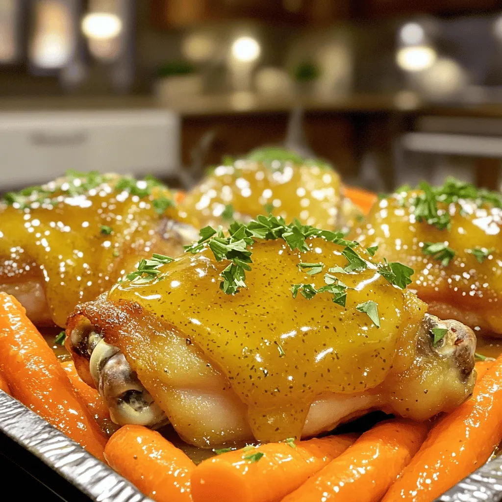 - 4 boneless, skinless chicken thighs - 4 medium carrots, peeled and sliced into sticks - 1 tablespoon olive oil - 1/4 cup honey - 1/4 cup Dijon mustard - 1 teaspoon garlic powder - 1 teaspoon dried thyme - Salt and pepper, to taste To make honey mustard chicken and carrots, you need simple yet fresh ingredients. The chicken thighs provide a juicy base. They soak up all the flavors. Carrots add a nice crunch and sweetness. Honey and Dijon mustard create a tasty sauce that ties it all together. Garlic powder and thyme give depth to the dish. Salt and pepper are must-haves for flavor. - Fresh parsley Fresh parsley can add a pop of color and flavor. It brightens up the plate. If you want, sprinkle some on top before serving. This small touch can make your meal look and taste even better. 1. Preheating the oven: Start by preheating your oven to 400°F (200°C). This ensures even cooking. 2. Sauce preparation: In a small bowl, mix 1/4 cup honey, 1/4 cup Dijon mustard, 1 teaspoon garlic powder, and 1 teaspoon dried thyme. Add salt and pepper to taste. Stir until everything is well combined. 1. Coating the chicken with sauce: Take 4 boneless, skinless chicken thighs and place them in a large bowl. Pour half of the honey mustard sauce over the chicken. Toss until each piece is nicely coated. 2. Arranging on the sheet pan: Get a large sheet pan. Spread the chicken thighs in the center. In another bowl, toss 4 medium carrots, peeled and sliced into sticks, with 1 tablespoon olive oil, salt, and pepper. Arrange the carrots around the chicken on the sheet pan. 1. Baking time and temperature: Now, pour the rest of the honey mustard sauce over the chicken and carrots. Place the sheet pan in the oven. Bake for 25-30 minutes. The chicken should reach an internal temperature of 165°F (75°C) when done, and the carrots will be tender. 2. Resting and serving: Once done, remove the pan from the oven. Let it rest for a few minutes. If you like, garnish with chopped fresh parsley before serving. Enjoy your meal! - Ensuring chicken is cooked through: Use a meat thermometer. The chicken needs to reach 165°F. This step keeps the chicken safe to eat. If you don’t have one, cut into a thigh. The juices should run clear, not pink. - Tips for caramelizing carrots: Use a hot oven. The high heat helps the carrots brown. Toss them in olive oil, salt, and pepper. Spread them out on the pan. If they are too crowded, they will steam instead of caramelize. - Ideal side dishes: Serve with fluffy rice or creamy mashed potatoes. These sides soak up the tasty honey mustard sauce. You can also pair with crusty bread to enjoy every drop on your plate. - Pairing with salads or grains: A fresh green salad works well. Try a simple mix of lettuce, cucumber, and a light vinaigrette. Quinoa or farro also make great choices. They add texture and a nutty flavor that complements the chicken and carrots. {{image_2}} You can switch up the chicken thighs for chicken breast. Chicken breast is leaner and cooks faster. If you're looking for a plant-based option, try tofu. Just press the tofu to remove excess water. This helps it absorb the sauce better. For the carrots, feel free to use other veggies. Broccoli, green beans, or bell peppers work well. Each vegetable will add its own unique flavor. Just make sure to cut them to a similar size for even cooking. To boost the flavor, think about adding spices or herbs. A pinch of paprika or cayenne pepper can add warmth. Fresh herbs like rosemary or basil can also give a fresh taste. If you want more sweetness, add a bit of brown sugar. You can also use maple syrup for a different twist. Adjust the honey and mustard mix to find your perfect balance. This way, you make the dish truly yours! Storing leftovers is easy. First, let the dish cool down. Then, transfer any extra chicken and carrots into an airtight container. You can store them in the fridge for up to 3 days. Just make sure the lid seals tight to keep the food fresh. If you want to save it longer, consider freezing. Place the chicken and carrots in a freezer-safe bag. Remove as much air as you can before sealing. You can freeze them for up to 3 months. When you're ready to eat, just thaw it overnight in the fridge. For the best reheating results, use the oven. Preheat it to 350°F (175°C). Place the chicken and carrots on a baking sheet. Cover them with foil to keep moisture in. Heat for about 15-20 minutes or until warmed through. You can also use the microwave. Place the leftovers in a microwave-safe dish. Cover it with a damp paper towel. Heat in short bursts of 1-2 minutes. Check often to avoid overcooking. This helps keep the chicken juicy and the carrots tender. Yes, you can use bone-in chicken. It adds flavor and moisture. However, you need to adjust the cooking time. Bone-in chicken takes longer to cook. Bake it for about 35 to 40 minutes. Always check that the internal temperature reaches 165°F (75°C) for safety. You can prepare this dish ahead. Marinate the chicken in the honey mustard sauce for up to 24 hours. Store the chicken and carrots in the fridge. When ready to cook, arrange them on the sheet pan and bake. If you have leftovers, keep them in an airtight container. They stay fresh in the fridge for 3 to 4 days. This dish pairs well with many sides. Consider serving it with: - Steamed rice - Quinoa - Mashed potatoes - A fresh green salad - Roasted vegetables These sides will enhance the meal and add variety to your plate. This blog post highlighted a simple and tasty dish using chicken thighs and carrots. You learned about the required ingredients, easy steps for preparation, tips for cooking, and variations you can try. Storing leftovers correctly ensures you enjoy the meal later. With these tips, you can create a flavorful dish that suits your taste. Get creative with your ingredients and enjoy making this meal for friends or family. It's easy, fun, and delicious!