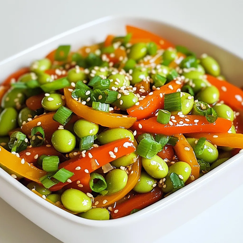 - 2 cups edamame, shelled - 2 tablespoons olive oil - 4 cloves garlic, minced - 1 teaspoon red pepper flakes (adjust for spice level) - 1 tablespoon soy sauce - 1 tablespoon sesame oil - 1 bell pepper, sliced (red or yellow for color) - 1 medium carrot, julienned - 2 green onions, chopped - 1 tablespoon sesame seeds, toasted - Salt and pepper to taste You can boost the taste with a few extras. Try adding: - Fresh ginger, minced, for a zesty kick - A splash of rice vinegar for tang - Chopped cilantro for freshness - A dash of chili oil for more heat Fresh edamame offers a bright taste and good texture. If fresh isn’t available, frozen edamame works great too. Just thaw and drain it before cooking. Both options give you a healthy, protein-packed dish. Choose what you can find! - First, prepare 2 cups of edamame. Shell them, if needed. - Bring a pot of water to a boil and add salt. - Blanch the edamame in boiling water for 3-4 minutes. - Drain the edamame and set them aside to cool. - Slice 1 bell pepper into strips and julienne 1 medium carrot. - Mince 4 cloves of garlic and chop 2 green onions. - Heat 2 tablespoons of olive oil in a large skillet over medium-high heat. - Add the minced garlic and 1 teaspoon of red pepper flakes. - Sauté for about 30 seconds. Watch closely; garlic burns easily. - Toss in the sliced bell pepper and julienned carrot. - Stir-fry these for 3-4 minutes until they soften slightly. - Add the blanched edamame to the skillet. - Pour in 1 tablespoon of soy sauce and 1 tablespoon of sesame oil. - Toss everything well and cook for another 2-3 minutes. - Taste your stir fry and season with salt and pepper as needed. - Remove the skillet from heat. - Sprinkle 2 chopped green onions and 1 tablespoon of toasted sesame seeds on top. - For a filling meal, serve the stir fry over fluffy jasmine rice. - You can also present it in a large bowl, garnished with more green onions. To blanch edamame, bring a pot of salted water to a boil. Add the shelled edamame and cook for 3-4 minutes. The bright green color means they are ready. Drain them and set aside. This method keeps the beans tender and bright. I love a bit of heat in my dishes. Start with one teaspoon of red pepper flakes. If you want it spicier, add more. If you prefer milder flavors, use less. Taste as you go. You can always add more heat later. If you have any leftovers, store them in an airtight container. Keep them in the fridge for up to three days. To reheat, use a skillet over medium heat. Add a splash of water to help steam and warm them evenly. {{image_2}} You can make this dish fully vegetarian by using different veggies. Add mushrooms for a meaty bite or toss in zucchini for extra freshness. Try adding spinach or kale for leafy greens. These changes keep the dish colorful and tasty. Want to boost the protein? Add cubed tofu or chicken. For tofu, use firm or extra-firm types. Pan-fry it until golden before adding. If you choose chicken, slice it thin and cook it first. Then follow the steps for the stir fry. This makes the meal heartier and filling. Feel free to swap in your favorite veggies. Broccoli, snap peas, or baby corn work great. Each vegetable adds its unique flavor and texture. Mixing in seasonal veggies gives you new tastes every time. Be creative and enjoy what you have on hand! To keep your spicy garlic edamame stir fry fresh, let it cool first. Place it in an airtight container. Store it in the fridge for up to three days. Always label your container with the date. This way, you know when to eat it. You can freeze leftover stir fry too! Use freezer-safe bags or containers. Make sure to remove as much air as possible. This helps prevent freezer burn. Your stir fry can last for about two months in the freezer. When ready to eat, just thaw it overnight in the fridge. Reheat your stir fry on the stove for best results. Use a pan over medium heat. Add a splash of water or oil to keep it moist. Stir it often until it's heated through. You can also use the microwave if you're short on time. Just cover it with a lid to keep the steam in. Enjoy your meal! Yes, you can use frozen edamame. Just thaw it before cooking. Frozen edamame is quick and easy. It works well in this stir fry. It still has great taste and texture. You can use tamari or coconut aminos instead of soy sauce. Both options give a nice flavor. They are also good for gluten-free diets. You can also try liquid aminos for a similar taste. Leftover stir fry lasts about three days in the fridge. Store it in an airtight container. It keeps the flavors fresh. Reheat it thoroughly before enjoying again. Yes, you can make this dish gluten-free. Use tamari or coconut aminos instead of soy sauce. Check that other ingredients are also gluten-free. This way, everyone can enjoy the meal! In this article, we covered how to prepare a delicious stir fry with edamame. The right mix of ingredients, cooking steps, and clever tips can make any dish shine. Remember to choose fresh or frozen edamame based on your needs. You can adjust flavors and make it your own with simple changes. With these steps, you'll enjoy a tasty meal that is easy to make and store. Explore the variations, and don't be afraid to get creative in your kitchen. Enjoy making this dish!