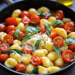 To make the Tomato Basil Gnocchi Skillet, gather these items: - 1 package (16 oz) gnocchi (store-bought or homemade) - 2 tablespoons olive oil - 3 cloves garlic, minced - 1 can (14 oz) diced tomatoes (preferably fire-roasted) - 1 cup cherry tomatoes, halved - 1 teaspoon dried oregano - 1/2 teaspoon red pepper flakes (optional) - Salt and pepper to taste - 1 cup fresh basil leaves, torn - 1 cup mozzarella cheese, shredded - Grated Parmesan cheese for serving You can choose fresh or store-bought gnocchi. Fresh gnocchi tastes light and fluffy. It cooks quickly and adds a homemade feel. Store-bought gnocchi is quick and easy. It saves time and still tastes great. Both options work well in this dish. If you pick fresh gnocchi, make sure to cook it within a few days. You can adjust some ingredients based on what you have. Here are a few ideas: - Use any pasta type if you don’t have gnocchi. - Swap olive oil with butter or avocado oil for a different flavor. - Fresh basil can be replaced with dried basil. Use less since dried herbs are stronger. - If you don’t like mozzarella, try cheddar or feta cheese. - For a bit of heat, use jalapeños instead of red pepper flakes. These swaps can help you create a dish that fits your taste or what you have on hand. Enjoy making this meal your own! To start, heat 2 tablespoons of olive oil in a large skillet over medium heat. Once the oil is hot, add 3 cloves of minced garlic. Sauté the garlic for 30 seconds until it smells great. Be careful not to let it burn. Next, add a can of diced tomatoes (14 oz), along with halved cherry tomatoes. Stir in 1 teaspoon of dried oregano and, if you like heat, 1/2 teaspoon of red pepper flakes. Season this mixture with salt and pepper to taste. Let it simmer for 5 to 7 minutes. Stir occasionally, so the tomatoes break down and become saucy. While the tomato mixture simmers, it's time to cook the gnocchi. Boil water in a pot and add the gnocchi. If you're using a package, follow the instructions on it. Fresh gnocchi cooks fast, usually in just a few minutes. When they float to the top, they’re ready! Drain the gnocchi and set them aside. Once the tomato mixture has thickened slightly, gently add the cooked gnocchi to the skillet. Stir carefully to mix everything well. Tear 1 cup of fresh basil leaves and fold them into the gnocchi mixture. Next, sprinkle 1 cup of shredded mozzarella cheese on top. Cover the skillet with a lid and cook for another 2-3 minutes until the cheese melts. Remove the skillet from heat and serve hot. Finish with grated Parmesan cheese for a yummy touch. To make perfect gnocchi, start with the right dough. If you make it from scratch, use light potatoes. Avoid adding too much flour. This keeps the gnocchi soft. If using store-bought, check for quality. Look for gnocchi that feels light and fluffy. Cook them in boiling water until they float. This means they are done. Drain them gently to keep their shape. Fresh herbs elevate the taste of your dish. Basil is key in this recipe. Tear the leaves instead of chopping them. This keeps their flavor strong. You can also add other herbs like thyme or parsley for depth. Just a sprinkle of fresh oregano boosts the taste. Use herbs right before serving for the best flavor. Avoid overcooking the gnocchi. This makes them mushy and less tasty. Don’t skip the step of simmering the tomatoes. It helps blend the flavors well. Keep an eye on the garlic; it can burn fast. A burned taste ruins the dish. Lastly, always taste for salt and pepper. Adjusting these can make a big difference in flavor. {{image_2}} You can easily make this dish vegan. Use plant-based gnocchi or make your own. Skip the cheese and try nutritional yeast for a cheesy flavor. Add more veggies like spinach or bell peppers. These will add color and nutrition. You won’t miss the cheese, trust me! Want to make this dish heartier? Add protein! Cook chicken or sausage before adding the tomatoes. Use diced chicken breast for a mild flavor. For spice, try Italian sausage. Cook it in the skillet first, then follow the recipe. You’ll have a filling meal in no time! Not a fan of mozzarella? Swap it for other cheeses! Try ricotta for creaminess or goat cheese for tang. You can even mix cheeses for a unique taste. Just remember to adjust the amount to keep it balanced. Cheese adds richness, so pick what you love! To store leftovers, let the skillet cool down first. Then, scoop the gnocchi into an airtight container. Make sure to cover it tightly. You can keep it in the fridge for up to three days. When it's time to eat again, reheat the gnocchi in a skillet. Add a splash of water or olive oil to help it warm up. Heat it over medium-low heat. Stir gently to avoid sticking. You can also use the microwave. Put it in a bowl with a lid and heat in short bursts. If you want to freeze the dish, it's best to do it before you add the cheese. Let the skillet cool and place it in a freezer-safe container. Make sure to seal it well. It can stay in the freezer for up to three months. When you're ready to eat, thaw it in the fridge overnight. Then, heat it up and add fresh cheese before serving. Yes, you can use other types of pasta. Some great options are penne, fusilli, or even spaghetti. Each pasta will bring its own texture and taste. Just remember to cook them according to the package instructions. Gnocchi has a unique, soft bite, while other pastas may offer a firmer feel. Adjust the cooking time as needed for the pasta you choose. This dish pairs well with a simple salad or garlic bread. A fresh green salad adds a nice crunch. You can mix greens, tomatoes, and a light vinaigrette. Garlic bread complements the meal, adding a delicious crunch. You can also serve it with grilled vegetables for extra flavor and color. Making this dish takes about 20 minutes from start to finish. You will spend around 10 minutes prepping and another 10 minutes cooking. It’s a quick meal that fits perfectly into a busy day. The speedy process makes it great for a weeknight dinner. You get a warm, hearty meal in no time! The blog outlined how to make a tasty Tomato Basil Gnocchi Skillet. We covered essential ingredients, from using fresh gnocchi to possible substitutions. You learned step-by-step instructions for preparing and cooking the dish. Tips and tricks helped perfect your gnocchi and avoid common mistakes. Variations allow you to add proteins or go vegan. Lastly, we discussed storage, reheating, and frequently asked questions. Keep this guide handy for cooking delicious meals with ease. Enjoy your culinary journey!