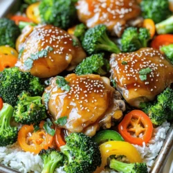 - 4 boneless, skinless chicken thighs - 2 cups broccoli florets - 1 bell pepper, sliced - 2 carrots, sliced - 3 tablespoons honey - 4 tablespoons soy sauce (low sodium preferred) - 2 tablespoons sesame oil - 2 cloves garlic, minced - 1 tablespoon fresh ginger, grated - 1 teaspoon sesame seeds (for garnish) - Salt and pepper to taste - Cooked rice or quinoa (for serving) Gathering these ingredients is key for a great dish. The chicken thighs bring juicy flavor. Broccoli florets add crunch and color. Sliced bell pepper and carrots give a nice sweetness. The marinade makes everything shine. Honey balances salty soy sauce. Sesame oil adds a nutty taste. Garlic and ginger bring depth. These flavors come together in each bite. Don’t skip the sesame seeds! They add a lovely finish. Serve it all over rice or quinoa for a hearty meal. - Preheat your oven to 400°F (200°C). - In a bowl, mix honey, soy sauce, sesame oil, minced garlic, and grated ginger. This is your marinade. - Place the chicken thighs in a large bowl. Pour half of the marinade over the chicken. Toss it well. Let it sit while you prepare the veggies. - On a large sheet pan, spread out the broccoli florets, sliced bell pepper, and carrots. Drizzle the rest of the marinade over the veggies. Toss them to coat well. - Make space in the middle of the pan. Place the marinated chicken thighs there. - Season the chicken and veggies with salt and pepper to taste. - Bake in the preheated oven for 25-30 minutes. The chicken should reach 165°F (75°C). The veggies will become tender and caramelized. - Once done, take it out of the oven. Let the dish rest for a few minutes. This helps the flavors meld. - Before serving, sprinkle sesame seeds over the chicken and veggies. Serve them over cooked rice or quinoa for a complete meal. Marinating adds rich flavor to your chicken. I recommend marinating for at least 30 minutes. However, if you have time, marinate for 1-2 hours. This lets the chicken soak up all those tasty juices. You can enhance flavors by adding a pinch of red pepper flakes for heat or a squeeze of lime for zest. To ensure even cooking, cut your chicken thighs into similar sizes. This way, they cook at the same rate. When checking doneness, use a meat thermometer. Chicken should reach 165°F (75°C) to be safe to eat. If you don’t have a thermometer, make sure the juices run clear when you cut into the chicken. Serve this dish over rice or quinoa for a filling meal. You can add a side salad for extra crunch. If you want to mix it up, try adding different veggies, like snap peas or zucchini. For a fresh touch, top with green onions or fresh cilantro. {{image_2}} You can switch up the chicken thighs for other proteins. Chicken breasts work well too. If you want a plant-based option, try using tofu instead. Just make sure to press the tofu first to remove excess water. For veggies, feel free to use what is in season. Green beans or snap peas can add a nice crunch. Zucchini slices or mushrooms can bring new flavors to the dish. Get creative with what you have! Want to play with flavors? Add spices for a different taste. A touch of chili flakes can give it heat. For a Thai twist, try adding some red curry paste to the marinade. You can also adjust the sweetness. If you prefer a less sweet dish, use less honey. Adding lime juice can balance the flavors and add brightness. If you are gluten-free, swap soy sauce for tamari. This keeps the same great flavor without gluten. You can also use coconut aminos as a soy sauce alternative. For lower calorie options, use less honey and sesame oil. You can add more veggies to fill you up. This keeps the dish tasty while reducing calories. To keep your Sheet-Pan Honey Soy Chicken & Broccoli fresh, use airtight containers. Glass or BPA-free plastic containers work best. Let the dish cool at room temperature for about 30 minutes before sealing. This helps prevent moisture buildup, which can make the food soggy. Store leftovers in the fridge for up to three days. For reheating, the oven offers the best results. Preheat your oven to 350°F (175°C). Place the chicken and veggies on a baking sheet, cover with foil, and heat for about 15-20 minutes. You can also use a microwave. Place the food in a microwave-safe dish and cover it with a damp paper towel. Heat on medium power for 2-3 minutes. This keeps the flavor and texture nice. Want to freeze your leftovers? First, let them cool completely. Then, place them in freezer-safe containers or heavy-duty freezer bags. Try to remove as much air as possible to prevent freezer burn. You can freeze the dish for up to three months. When ready to eat, thaw overnight in the fridge. Reheat in the oven or microwave as mentioned above. Enjoy your tasty meal later! How long should I bake the chicken? You should bake the chicken for about 25 to 30 minutes. The chicken is ready when it reaches an internal temperature of 165°F. The veggies should be tender and caramelized. Can I use frozen chicken or vegetables? Yes, you can use frozen chicken or vegetables. However, the cooking time may change. Make sure to check the chicken's temperature to ensure it is fully cooked. Can I make this dish in advance? Yes! You can prep this dish in advance. Marinate the chicken and cut the veggies. Store them in the fridge for up to one day before baking. This can save time on a busy night. What can I substitute for honey? You can use maple syrup or agave syrup as a substitute for honey. Both options will keep the sweetness. Adjust the amount to taste if needed. What are the calorie counts per serving? Each serving has about 350 calories. This includes the chicken and veggies. If you serve it with rice or quinoa, the calories will increase. How can I make this recipe healthier? To make this dish healthier, use less honey and soy sauce. Add more vegetables, like zucchini or snap peas, for added fiber and nutrients. Opt for brown rice or quinoa for a whole grain option. This blog post covers a tasty recipe for baked chicken with veggies. You learned about key ingredients, marinade components, and straightforward cooking steps. I shared tips for marinating and serving, plus some fun variations to keep things fresh. Storing and reheating leftovers can help you enjoy this dish later. Remember, with simple swaps, you can fit it to your taste and needs. This dish is easy to make and full of flavor, making it a great choice for any meal. Enjoy your cooking journey!
