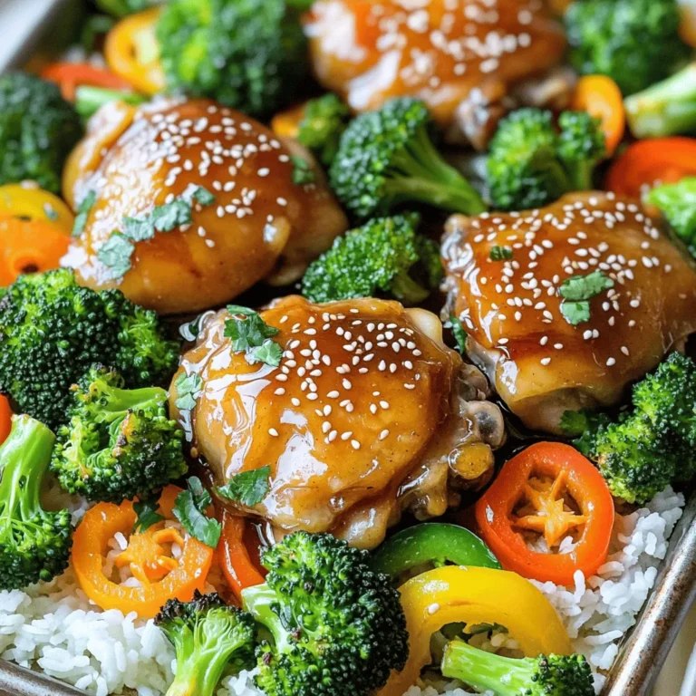- 4 boneless, skinless chicken thighs - 2 cups broccoli florets - 1 bell pepper, sliced - 2 carrots, sliced - 3 tablespoons honey - 4 tablespoons soy sauce (low sodium preferred) - 2 tablespoons sesame oil - 2 cloves garlic, minced - 1 tablespoon fresh ginger, grated - 1 teaspoon sesame seeds (for garnish) - Salt and pepper to taste - Cooked rice or quinoa (for serving) Gathering these ingredients is key for a great dish. The chicken thighs bring juicy flavor. Broccoli florets add crunch and color. Sliced bell pepper and carrots give a nice sweetness. The marinade makes everything shine. Honey balances salty soy sauce. Sesame oil adds a nutty taste. Garlic and ginger bring depth. These flavors come together in each bite. Don’t skip the sesame seeds! They add a lovely finish. Serve it all over rice or quinoa for a hearty meal. - Preheat your oven to 400°F (200°C). - In a bowl, mix honey, soy sauce, sesame oil, minced garlic, and grated ginger. This is your marinade. - Place the chicken thighs in a large bowl. Pour half of the marinade over the chicken. Toss it well. Let it sit while you prepare the veggies. - On a large sheet pan, spread out the broccoli florets, sliced bell pepper, and carrots. Drizzle the rest of the marinade over the veggies. Toss them to coat well. - Make space in the middle of the pan. Place the marinated chicken thighs there. - Season the chicken and veggies with salt and pepper to taste. - Bake in the preheated oven for 25-30 minutes. The chicken should reach 165°F (75°C). The veggies will become tender and caramelized. - Once done, take it out of the oven. Let the dish rest for a few minutes. This helps the flavors meld. - Before serving, sprinkle sesame seeds over the chicken and veggies. Serve them over cooked rice or quinoa for a complete meal. Marinating adds rich flavor to your chicken. I recommend marinating for at least 30 minutes. However, if you have time, marinate for 1-2 hours. This lets the chicken soak up all those tasty juices. You can enhance flavors by adding a pinch of red pepper flakes for heat or a squeeze of lime for zest. To ensure even cooking, cut your chicken thighs into similar sizes. This way, they cook at the same rate. When checking doneness, use a meat thermometer. Chicken should reach 165°F (75°C) to be safe to eat. If you don’t have a thermometer, make sure the juices run clear when you cut into the chicken. Serve this dish over rice or quinoa for a filling meal. You can add a side salad for extra crunch. If you want to mix it up, try adding different veggies, like snap peas or zucchini. For a fresh touch, top with green onions or fresh cilantro. {{image_2}} You can switch up the chicken thighs for other proteins. Chicken breasts work well too. If you want a plant-based option, try using tofu instead. Just make sure to press the tofu first to remove excess water. For veggies, feel free to use what is in season. Green beans or snap peas can add a nice crunch. Zucchini slices or mushrooms can bring new flavors to the dish. Get creative with what you have! Want to play with flavors? Add spices for a different taste. A touch of chili flakes can give it heat. For a Thai twist, try adding some red curry paste to the marinade. You can also adjust the sweetness. If you prefer a less sweet dish, use less honey. Adding lime juice can balance the flavors and add brightness. If you are gluten-free, swap soy sauce for tamari. This keeps the same great flavor without gluten. You can also use coconut aminos as a soy sauce alternative. For lower calorie options, use less honey and sesame oil. You can add more veggies to fill you up. This keeps the dish tasty while reducing calories. To keep your Sheet-Pan Honey Soy Chicken & Broccoli fresh, use airtight containers. Glass or BPA-free plastic containers work best. Let the dish cool at room temperature for about 30 minutes before sealing. This helps prevent moisture buildup, which can make the food soggy. Store leftovers in the fridge for up to three days. For reheating, the oven offers the best results. Preheat your oven to 350°F (175°C). Place the chicken and veggies on a baking sheet, cover with foil, and heat for about 15-20 minutes. You can also use a microwave. Place the food in a microwave-safe dish and cover it with a damp paper towel. Heat on medium power for 2-3 minutes. This keeps the flavor and texture nice. Want to freeze your leftovers? First, let them cool completely. Then, place them in freezer-safe containers or heavy-duty freezer bags. Try to remove as much air as possible to prevent freezer burn. You can freeze the dish for up to three months. When ready to eat, thaw overnight in the fridge. Reheat in the oven or microwave as mentioned above. Enjoy your tasty meal later! How long should I bake the chicken? You should bake the chicken for about 25 to 30 minutes. The chicken is ready when it reaches an internal temperature of 165°F. The veggies should be tender and caramelized. Can I use frozen chicken or vegetables? Yes, you can use frozen chicken or vegetables. However, the cooking time may change. Make sure to check the chicken's temperature to ensure it is fully cooked. Can I make this dish in advance? Yes! You can prep this dish in advance. Marinate the chicken and cut the veggies. Store them in the fridge for up to one day before baking. This can save time on a busy night. What can I substitute for honey? You can use maple syrup or agave syrup as a substitute for honey. Both options will keep the sweetness. Adjust the amount to taste if needed. What are the calorie counts per serving? Each serving has about 350 calories. This includes the chicken and veggies. If you serve it with rice or quinoa, the calories will increase. How can I make this recipe healthier? To make this dish healthier, use less honey and soy sauce. Add more vegetables, like zucchini or snap peas, for added fiber and nutrients. Opt for brown rice or quinoa for a whole grain option. This blog post covers a tasty recipe for baked chicken with veggies. You learned about key ingredients, marinade components, and straightforward cooking steps. I shared tips for marinating and serving, plus some fun variations to keep things fresh. Storing and reheating leftovers can help you enjoy this dish later. Remember, with simple swaps, you can fit it to your taste and needs. This dish is easy to make and full of flavor, making it a great choice for any meal. Enjoy your cooking journey!