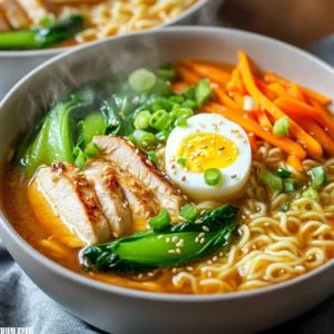 - 2 boneless, skinless chicken breasts - 4 cups chicken broth - 2 packs of ramen noodles (discard the seasoning packets) - 4 cloves garlic, minced - 1 tablespoon ginger, grated - 2 tablespoons soy sauce - 1 tablespoon chili paste (adjust for spice level) - 1 teaspoon sesame oil - 1 tablespoon vegetable oil - 1 cup bok choy, chopped - 1 carrot, julienned - 2 green onions, sliced - 1 soft-boiled egg (optional) - Sesame seeds for garnish - Salt and black pepper to taste Garnishes add flair and taste to your ramen. Here are a few ideas: - Sliced green onions for freshness - A soft-boiled egg for creaminess - Sesame seeds for crunch - Chili flakes for extra heat You will need some basic tools to cook this dish: - A large pot for the broth - A cutting board and knife for prep - A spoon for stirring and serving - A ladle for serving These ingredients and tools make a tasty bowl of spicy garlic chicken ramen. Each element plays a role in creating that deep, savory flavor you will love. Enjoy the cooking process! First, season your chicken breasts with salt and black pepper. Heat vegetable oil in a large pot over medium heat. Add the chicken breasts and cook for about 5-6 minutes on each side. You want them fully cooked. Remove the chicken from the pot and let it rest for a few minutes. Once cool, slice it thinly. In the same pot, add minced garlic and grated ginger. Sauté them for about 1 minute until fragrant. Then, stir in soy sauce, chili paste, and sesame oil. Pour in the chicken broth and bring it to a boil. This broth packs a punch with flavor. Now, add your ramen noodles to the boiling broth. Cook the noodles according to the package instructions, usually about 3-4 minutes. Stir them occasionally to keep them from sticking. Once the noodles are cooked, it’s time to add the chopped bok choy and julienned carrots. Cook for an additional 2-3 minutes. You want the bok choy to wilt and the carrots to soften just a bit. Slice your cooked chicken and return it to the pot with the noodles and broth. Stir everything together well. This step ensures that all flavors blend nicely. Taste and adjust seasoning if needed. Ladle the ramen into deep bowls. Make sure each bowl has plenty of broth, noodles, vegetables, and chicken. Garnish your dish with sliced green onions, a soft-boiled egg if you like, and a sprinkle of sesame seeds. Enjoy your meal! To make a soft-boiled egg, boil water in a pot. Add the eggs gently. Cook for exactly 6-7 minutes. After cooking, place the eggs in ice water for a few minutes. This stops the cooking and makes peeling easier. When ready, tap the egg to crack the shell. Peel it slowly to keep the egg intact. This egg adds creaminess to your ramen. Want more heat? Add extra chili paste to the broth. For less spice, use less chili paste. You can also add a splash of coconut milk to cool it down. Taste the broth as you adjust. This way, you can find the perfect level for you. Everyone likes spice differently, so have fun with it! Seasoning makes ramen great. Use fresh garlic and ginger for a strong taste. A splash of soy sauce adds depth. Don’t forget to taste the broth as you go. If it’s bland, sprinkle in a bit more salt or soy sauce. Fresh herbs like cilantro or basil can brighten the dish. These simple tips will make your ramen sing with flavor! {{image_2}} To make a vegetarian or vegan version, skip the chicken and use tofu. Firm tofu works best. Press it to remove excess water, then cut it into cubes. Sauté the tofu in vegetable oil until golden brown. You can keep the rest of the recipe the same, using vegetable broth instead of chicken broth. The garlic and ginger will still add great flavor. If you want to change the protein, try shrimp or pork. For shrimp, simply add them to the broth after the noodles cook. They will only need about 2-3 minutes to cook through. For pork, use thinly sliced pork loin. Sear it in the pot first before adding garlic and ginger. The flavor will be rich and delicious. You can mix and match vegetables based on your taste. Try adding mushrooms for an earthy flavor or bell peppers for sweetness. Snow peas or spinach are great choices too. Just make sure to cook them until tender but still bright. Fresh vegetables add color and nutrition to your ramen. To store leftovers, place the ramen in an airtight container. Make sure to cool it to room temperature first. You can keep it in the fridge for up to three days. If you have extra broth, store it separately to keep the noodles from getting soggy. When you're ready to eat, reheat the ramen on the stove. Pour it into a pot and add a splash of water or broth to keep it moist. Heat over medium until it's hot. Stir often to avoid sticking. If you prefer, you can also microwave it in a bowl. Just cover it with a microwave-safe lid and heat in short bursts, stirring in between. For long-term storage, you can freeze the ramen. First, cool the dish completely. Then, divide it into portions and place it in freezer bags. Squeeze out the air before sealing. Ramen can last in the freezer for up to three months. When you’re ready to eat, thaw it overnight in the fridge and reheat as mentioned above. The best type of ramen noodles for this dish is fresh or dried ramen. Fresh noodles cook faster and have a nice texture. Dried instant ramen works well too. Just discard the seasoning packets. Both options will absorb the savory broth nicely. Yes, you can make this ramen in advance. Prepare the broth and cook the chicken ahead of time. Store them in the fridge for up to three days. Cook the noodles fresh when you're ready to eat. This keeps the noodles from getting soggy. You can use sriracha or red pepper flakes instead of chili paste. Adjust the amount based on your spice preference. For a milder dish, use a small amount and add more to taste. To make it low-sodium, use low-sodium chicken broth. You can also reduce the amount of soy sauce. Adding more fresh vegetables can enhance flavor without added salt. Common side dishes include steamed edamame, gyoza, or a fresh salad. Pickled vegetables also add a nice crunch. These sides complement the ramen’s warm and spicy flavors perfectly. Spicy Garlic Chicken Ramen is a delicious dish you can make at home. We discussed key ingredients, easy steps, and tasty tips. The right broth and tender noodles make this meal shine. You can adjust the spice and try different proteins or veggies too. Store leftovers to enjoy later; reheating is simple. With these details, you can create a flavorful bowl that impresses everyone. Enjoy experimenting with all the ideas we've shared!