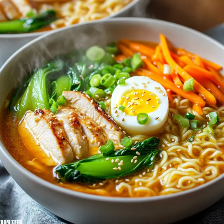 - 2 boneless, skinless chicken breasts - 4 cups chicken broth - 2 packs of ramen noodles (discard the seasoning packets) - 4 cloves garlic, minced - 1 tablespoon ginger, grated - 2 tablespoons soy sauce - 1 tablespoon chili paste (adjust for spice level) - 1 teaspoon sesame oil - 1 tablespoon vegetable oil - 1 cup bok choy, chopped - 1 carrot, julienned - 2 green onions, sliced - 1 soft-boiled egg (optional) - Sesame seeds for garnish - Salt and black pepper to taste Garnishes add flair and taste to your ramen. Here are a few ideas: - Sliced green onions for freshness - A soft-boiled egg for creaminess - Sesame seeds for crunch - Chili flakes for extra heat You will need some basic tools to cook this dish: - A large pot for the broth - A cutting board and knife for prep - A spoon for stirring and serving - A ladle for serving These ingredients and tools make a tasty bowl of spicy garlic chicken ramen. Each element plays a role in creating that deep, savory flavor you will love. Enjoy the cooking process! First, season your chicken breasts with salt and black pepper. Heat vegetable oil in a large pot over medium heat. Add the chicken breasts and cook for about 5-6 minutes on each side. You want them fully cooked. Remove the chicken from the pot and let it rest for a few minutes. Once cool, slice it thinly. In the same pot, add minced garlic and grated ginger. Sauté them for about 1 minute until fragrant. Then, stir in soy sauce, chili paste, and sesame oil. Pour in the chicken broth and bring it to a boil. This broth packs a punch with flavor. Now, add your ramen noodles to the boiling broth. Cook the noodles according to the package instructions, usually about 3-4 minutes. Stir them occasionally to keep them from sticking. Once the noodles are cooked, it’s time to add the chopped bok choy and julienned carrots. Cook for an additional 2-3 minutes. You want the bok choy to wilt and the carrots to soften just a bit. Slice your cooked chicken and return it to the pot with the noodles and broth. Stir everything together well. This step ensures that all flavors blend nicely. Taste and adjust seasoning if needed. Ladle the ramen into deep bowls. Make sure each bowl has plenty of broth, noodles, vegetables, and chicken. Garnish your dish with sliced green onions, a soft-boiled egg if you like, and a sprinkle of sesame seeds. Enjoy your meal! To make a soft-boiled egg, boil water in a pot. Add the eggs gently. Cook for exactly 6-7 minutes. After cooking, place the eggs in ice water for a few minutes. This stops the cooking and makes peeling easier. When ready, tap the egg to crack the shell. Peel it slowly to keep the egg intact. This egg adds creaminess to your ramen. Want more heat? Add extra chili paste to the broth. For less spice, use less chili paste. You can also add a splash of coconut milk to cool it down. Taste the broth as you adjust. This way, you can find the perfect level for you. Everyone likes spice differently, so have fun with it! Seasoning makes ramen great. Use fresh garlic and ginger for a strong taste. A splash of soy sauce adds depth. Don’t forget to taste the broth as you go. If it’s bland, sprinkle in a bit more salt or soy sauce. Fresh herbs like cilantro or basil can brighten the dish. These simple tips will make your ramen sing with flavor! {{image_2}} To make a vegetarian or vegan version, skip the chicken and use tofu. Firm tofu works best. Press it to remove excess water, then cut it into cubes. Sauté the tofu in vegetable oil until golden brown. You can keep the rest of the recipe the same, using vegetable broth instead of chicken broth. The garlic and ginger will still add great flavor. If you want to change the protein, try shrimp or pork. For shrimp, simply add them to the broth after the noodles cook. They will only need about 2-3 minutes to cook through. For pork, use thinly sliced pork loin. Sear it in the pot first before adding garlic and ginger. The flavor will be rich and delicious. You can mix and match vegetables based on your taste. Try adding mushrooms for an earthy flavor or bell peppers for sweetness. Snow peas or spinach are great choices too. Just make sure to cook them until tender but still bright. Fresh vegetables add color and nutrition to your ramen. To store leftovers, place the ramen in an airtight container. Make sure to cool it to room temperature first. You can keep it in the fridge for up to three days. If you have extra broth, store it separately to keep the noodles from getting soggy. When you're ready to eat, reheat the ramen on the stove. Pour it into a pot and add a splash of water or broth to keep it moist. Heat over medium until it's hot. Stir often to avoid sticking. If you prefer, you can also microwave it in a bowl. Just cover it with a microwave-safe lid and heat in short bursts, stirring in between. For long-term storage, you can freeze the ramen. First, cool the dish completely. Then, divide it into portions and place it in freezer bags. Squeeze out the air before sealing. Ramen can last in the freezer for up to three months. When you’re ready to eat, thaw it overnight in the fridge and reheat as mentioned above. The best type of ramen noodles for this dish is fresh or dried ramen. Fresh noodles cook faster and have a nice texture. Dried instant ramen works well too. Just discard the seasoning packets. Both options will absorb the savory broth nicely. Yes, you can make this ramen in advance. Prepare the broth and cook the chicken ahead of time. Store them in the fridge for up to three days. Cook the noodles fresh when you're ready to eat. This keeps the noodles from getting soggy. You can use sriracha or red pepper flakes instead of chili paste. Adjust the amount based on your spice preference. For a milder dish, use a small amount and add more to taste. To make it low-sodium, use low-sodium chicken broth. You can also reduce the amount of soy sauce. Adding more fresh vegetables can enhance flavor without added salt. Common side dishes include steamed edamame, gyoza, or a fresh salad. Pickled vegetables also add a nice crunch. These sides complement the ramen’s warm and spicy flavors perfectly. Spicy Garlic Chicken Ramen is a delicious dish you can make at home. We discussed key ingredients, easy steps, and tasty tips. The right broth and tender noodles make this meal shine. You can adjust the spice and try different proteins or veggies too. Store leftovers to enjoy later; reheating is simple. With these details, you can create a flavorful bowl that impresses everyone. Enjoy experimenting with all the ideas we've shared!