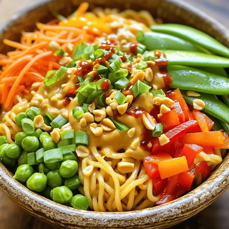 - 8 oz rice noodles - 1 cup shredded carrots - 1 cup bell peppers (mixed colors), sliced - 1 cup snow peas - ½ cup green onions, chopped - 1 cup bean sprouts To make the dish, start with rice noodles. They cook fast and add a nice texture. Next, choose colorful veggies. I love using carrots, bell peppers, and snow peas. They keep the dish crisp and vibrant. For the spicy peanut sauce, gather these key ingredients: - ½ cup creamy peanut butter - 3 tablespoons soy sauce - 2 tablespoons sesame oil - 2 tablespoons rice vinegar - 2 tablespoons honey or maple syrup - 1 tablespoon sriracha (adjust to taste) - 1-2 cloves garlic, minced - 1 teaspoon ginger, grated These ingredients blend together to create a creamy, flavorful sauce. The peanut butter is rich, while the soy sauce adds saltiness. Sriracha brings the heat, so adjust it as you like. - ¼ cup peanuts, chopped (for garnish) For garnish, I suggest chopped peanuts. They add crunch and a nutty flavor. You can also use extra green onions for color. If you like heat, drizzle some sriracha on top. This makes your meal look and taste amazing! To start, you need to cook the rice noodles. Boil a large pot of water. Add the noodles and cook for about 3-6 minutes. Check the package for exact timing. Stir occasionally to prevent sticking. When they are soft, drain the noodles. I like to drizzle a bit of sesame oil on them. This keeps them from clumping together. Next, let’s make the spicy peanut sauce. You will need a saucepan. Over medium heat, add all the sauce ingredients. Measure out ½ cup of peanut butter, 3 tablespoons of soy sauce, and 2 tablespoons of sesame oil. Then add 2 tablespoons of rice vinegar, 2 tablespoons of honey, 1 tablespoon of sriracha, 1-2 cloves of minced garlic, and 1 teaspoon of grated ginger. Stir this mix until it is smooth and well combined. Once it’s smooth, remove it from heat. Now, it’s time to sauté the veggies. You will need a large skillet or wok. Heat a splash of sesame oil over medium-high heat. Add 1 cup of shredded carrots, 1 cup of sliced bell peppers, and 1 cup of snow peas. Sauté these for about 3-4 minutes. You want them tender but still crisp. This keeps the veggies bright and fresh. Finally, combine all the tasty parts. Add the cooked rice noodles to the skillet with the sautéed veggies. Pour the spicy peanut sauce over the noodles and veggies. Toss everything together well. Make sure the noodles and veggies are coated with the sauce. Heat it through for an additional 2-3 minutes. Just before serving, stir in 1 cup of bean sprouts and ½ cup of chopped green onions. This adds crunch and color. Serve hot and enjoy! You can make this dish fit your diet. If you need a nut-free option, use sun butter instead of peanut butter. For a gluten-free version, swap soy sauce for tamari. If you want more protein, add cooked chicken, shrimp, or tofu. Feel free to change the veggies too. Broccoli, zucchini, or snap peas all work well. Make it your own! Getting the right texture is key. Cook rice noodles just until they are al dente. This keeps them firm and chewy. Rinse them in cold water to stop the cooking process. For veggies, sauté them quickly. This keeps them bright and crisp. Add them to the pan after the noodles and sauce. Toss everything gently so the noodles don't break. Presentation makes a meal special. Serve your noodles in a big bowl or on individual plates. Top with a sprinkle of chopped peanuts for crunch. Add green onion slices for color and flavor. A drizzle of sriracha adds a nice touch too. This makes the dish look as good as it tastes! {{image_2}} You can easily add protein to your spicy peanut noodles. Chicken, tofu, or shrimp work great. - Chicken: Cook diced chicken breast in the skillet until golden brown. Add it with the veggies. - Tofu: Use firm tofu. Press it to remove water. Cut into cubes and sauté until crispy before adding. - Shrimp: Peel and devein shrimp. Sauté in the skillet until they turn pink. Mix them in with the veggies. These additions boost flavor and make the dish more filling. Try different sauces to keep things exciting. Here are some ideas: - Almond Butter Sauce: Swap peanut butter with almond butter for a nutty twist. - Soy Sauce Variation: Use tamari for a gluten-free option. - Spicy Hoisin Sauce: Mix hoisin for a sweet and savory flavor. Feel free to experiment and find your favorite sauce! If you need gluten-free or low-carb options, here are some substitutes: - Zucchini Noodles: Use a spiralizer to make zucchini noodles. They are fresh and light. - Rice Noodles: Great for gluten-free diets. Use them as per the original recipe. - Shirataki Noodles: Low-carb and made from konjac yam. They soak up flavors well. These options allow everyone to enjoy this meal. To store leftover Spicy Peanut Noodles, let them cool first. Place them in an airtight container. Keep them in the fridge. They stay fresh for about 3 to 5 days. When you reheat, add a splash of water or extra sesame oil to keep them moist. You can freeze Spicy Peanut Noodles, but veggies may change texture. Let them cool, then portion them into freezer bags. Remove as much air as possible before sealing. They freeze well for up to 3 months. To reheat, thaw in the fridge overnight. Heat in a pan with a little water or oil until warm. Spicy Peanut Noodles last in the fridge for 3 to 5 days. Freezing extends their life to about 3 months. Always check for signs of spoilage, like off smells or mold. If in doubt, throw it out! If you have a nut allergy, use sunflower seed butter. This option works well in the sauce. You can also try tahini, which is made from sesame seeds. It gives a nice flavor too. For allergies, always check labels to avoid cross-contamination. Yes, you can make Spicy Peanut Noodles ahead of time. Cook the noodles and veggies, then store them in the fridge. Keep the sauce separate until you are ready to eat. This way, the noodles and veggies stay fresh. Reheat everything together on the stove for best results. You can adjust the sauce's heat by changing the sriracha amount. Start with one tablespoon for mild heat. Add more if you like it spicy. Taste as you go, and find your perfect level. You can also add fresh chili slices for an extra kick. Spicy Peanut Noodles can be healthy! They contain veggies that add fiber and vitamins. The peanut butter offers protein and healthy fats. Use whole grain noodles for more nutrients. Keep an eye on the sauce's sugar and sodium levels to make it healthier. You learned how to make tasty spicy peanut noodles using rice noodles and fresh veggies. We discussed cooking methods and perfecting that creamy peanut sauce. You now have tips for customizing the dish and ways to store leftovers properly. In conclusion, enjoy exploring this recipe. You can adjust flavors and earn compliments from family and friends. This dish is easy to make, fun to personalize, and perfect for any meal. Happy cooking!