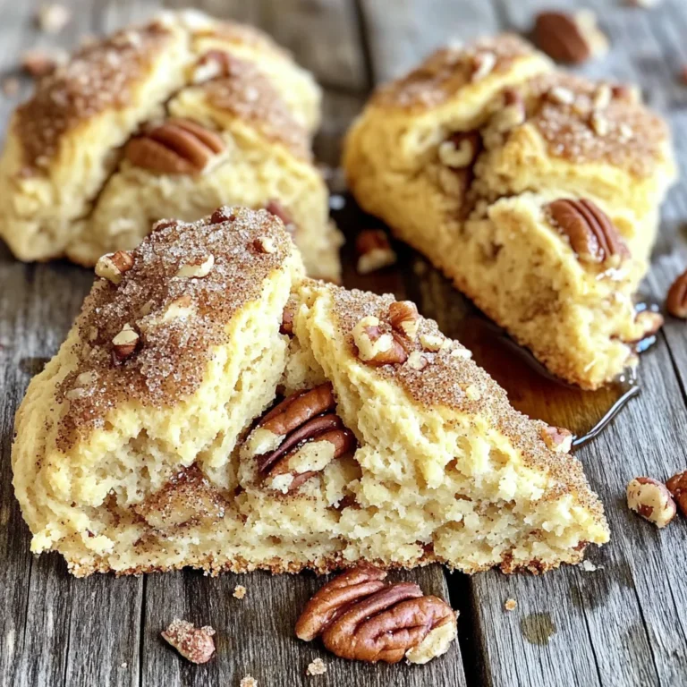 To make your bakery-style brown sugar maple scones, gather these key ingredients: - 2 cups all-purpose flour - 1/2 cup brown sugar, packed - 1 tablespoon baking powder - 1/2 teaspoon baking soda - 1/4 teaspoon salt - 1/2 cup unsalted butter, cold and cubed - 1/2 cup heavy cream - 1/4 cup pure maple syrup - 1 large egg - 1 teaspoon vanilla extract - Extra brown sugar for sprinkling on top These ingredients create the perfect base for your scones. The brown sugar gives a rich flavor, while the maple syrup adds a touch of sweetness. You can make your scones even more delicious with these optional ingredients: - 1/2 cup chopped pecans Adding pecans gives your scones a nice crunch and nutty taste. You can also try other nuts or even chocolate chips if you like! If you need to make changes, here are some easy swaps: - Use whole wheat flour instead of all-purpose flour for a healthier option. - Swap heavy cream with milk or a non-dairy milk. - If you don’t have brown sugar, use white sugar with a bit of molasses for flavor. These substitutions can help you adapt the recipe to your pantry or dietary needs. Just remember, the texture may change slightly! First, preheat your oven to 400°F (200°C). This step is key for perfect scones. While the oven heats, line a baking sheet with parchment paper. This helps prevent sticking and makes cleanup easy. In a large mixing bowl, add 2 cups of all-purpose flour. Next, add 1/2 cup of packed brown sugar, 1 tablespoon of baking powder, 1/2 teaspoon of baking soda, and 1/4 teaspoon of salt. Use a whisk to mix these dry ingredients well. This ensures even flavor throughout the scones. Now, it’s time for the butter. Cut 1/2 cup of cold, cubed unsalted butter into the flour mixture. Use a pastry cutter or your fingers to mix until it looks like coarse crumbs. This creates a flaky texture in your scones. In a separate bowl, combine 1/2 cup of heavy cream, 1/4 cup of pure maple syrup, 1 large egg, and 1 teaspoon of vanilla extract. Whisk these ingredients together until smooth. This wet mixture adds moisture and flavor to the scones. Pour the wet mixture into the dry ingredients. Stir gently until just combined. If you want, fold in 1/2 cup of chopped pecans at this point. Be careful not to overmix; you want the dough to be soft but not sticky. Turn the dough onto a floured surface. Knead it gently a few times to bring it together. Pat the dough into a rectangle about 1-inch thick. Cut the rectangle into triangles or circles. Place them on the prepared baking sheet, leaving about 2 inches between each piece. Before baking, sprinkle a bit of extra brown sugar on top of each scone. This adds sweetness and a nice crust. Bake in your preheated oven for 15-18 minutes. Look for golden brown edges. Once baked, let the scones cool on a wire rack for a few minutes before serving. Enjoy the delightful aroma! To get the perfect texture in your scones, use cold butter. Cold butter creates flaky layers. When mixing, stop as soon as the dough comes together. Overworking the dough makes it tough. Aim for a light touch when kneading. You want a soft dough that still has some lumps. A common mistake is using warm butter. Always keep your butter cold for the best results. Another mistake is overmixing the dough. Mix just until combined. This keeps your scones tender. Don't forget to preheat your oven. A hot oven helps them rise and brown nicely. To enhance the flavor, try adding extra maple syrup. You can also add spices like cinnamon or nutmeg. For a nutty touch, fold in chopped pecans. They add crunch and depth. Lastly, sprinkle more brown sugar on top before baking. It creates a sweet crust that makes them even better. {{image_2}} If you want to skip the nuts, it's easy! Just leave out the chopped pecans. The scones will still taste amazing. They will be light and flaky, with all the sweet maple flavor you love. You can also add extra chocolate chips or dried fruits for even more taste. Want to get creative? You can try different flavors! Here are some tasty ideas: - Cinnamon: Add a teaspoon of ground cinnamon to the dry mix for warmth. - Dried Fruits: Raisins or cranberries can add a nice chew. - Chocolate Chips: Use dark or white chocolate for a sweet twist. - Zest: Lemon or orange zest can brighten the flavor. Each of these add-ins gives a unique twist to your scones. Feel free to mix and match! A sweet glaze can make your scones even better. Here are simple ideas: - Maple Glaze: Mix powdered sugar with maple syrup for a sweet finish. - Vanilla Glaze: Combine powdered sugar, milk, and vanilla extract. - Chocolate Drizzle: Melt chocolate and drizzle it over the cooled scones. Glazing adds a lovely touch and extra sweetness. You can also skip the glaze if you prefer a less sweet option. To keep your scones fresh, store them in an airtight container. Line the container with parchment paper. This step helps keep moisture out. Place the scones in a single layer. If you have many, use wax paper between layers. Store them at room temperature for up to three days. If you need longer storage, consider freezing. Reheating scones is easy. Preheat your oven to 350°F (175°C). Place the scones on a baking sheet. If they feel dry, lightly spritz them with water. Heat them for about 5 to 10 minutes. This way, they become warm and soft again. You can also use a microwave, but the oven gives a better texture. Freezing scones is a great way to enjoy them later. Start by cooling them completely. Wrap each scone in plastic wrap. Then, place the wrapped scones in a freezer bag. Remove as much air as possible. Store them in the freezer for up to three months. To enjoy, thaw them overnight in the fridge. Then, reheat as needed. Yes, you can use whole wheat flour. But the scones may be denser. Start with half whole wheat and half all-purpose for a lighter texture. You can use half-and-half or whole milk. These options will make the scones less rich, but they still work well. Look for a golden brown color on the edges. If a toothpick comes out clean from the center, they are ready. Yes, you can prepare the dough ahead of time. Shape the scones and freeze them before baking. Just add a few extra minutes to the bake time. To make these scones vegan, swap butter for a plant-based butter. Use almond or oat milk instead of heavy cream. Replace the egg with a flax egg or applesauce. You now have a clear path to bake delicious, bakery-style scones. We discussed essential and optional ingredients, plus how to make tasty substitutions. Step-by-step instructions take you from preparation to baking, ensuring perfect results. I shared tips to avoid common mistakes and enhance flavor. Lastly, we explored storage methods and answered key questions about this recipe. Embrace these methods, and enjoy baking scones that impress every time.