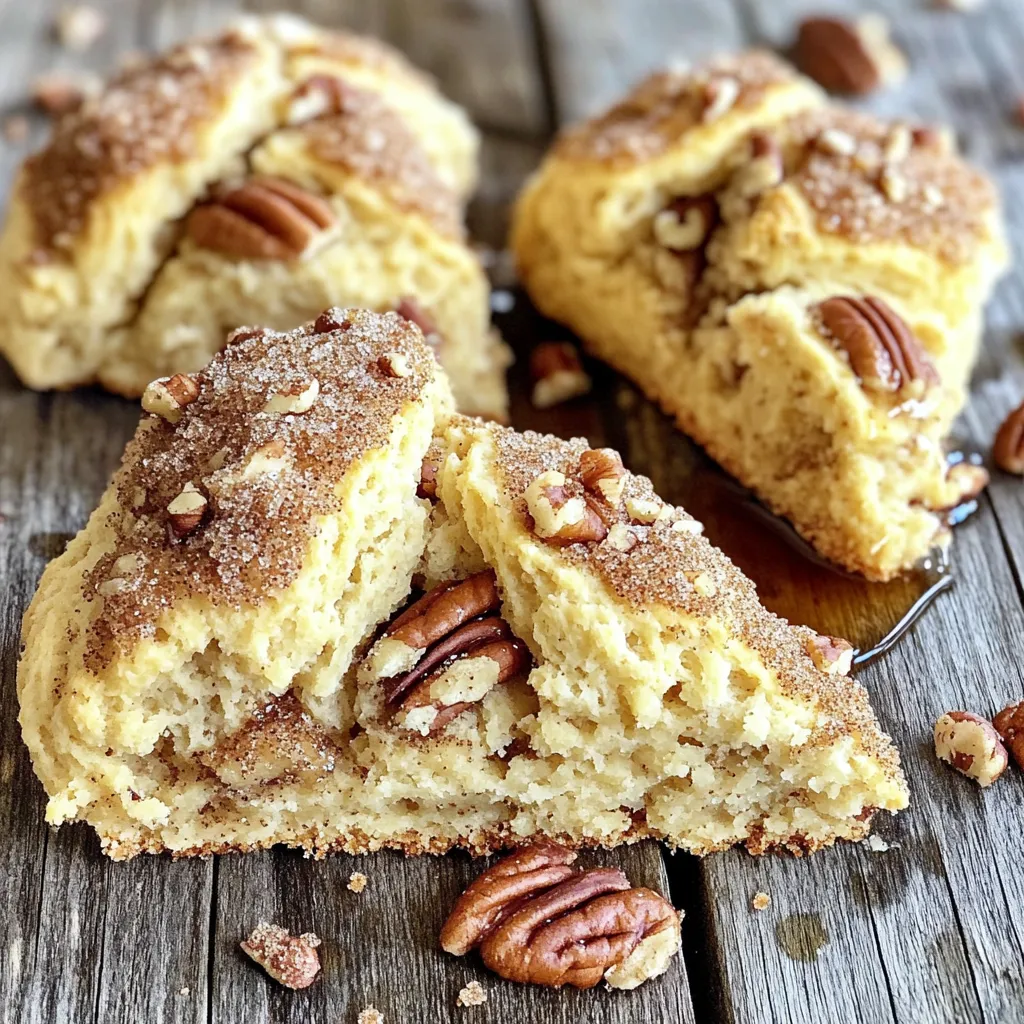 To make your bakery-style brown sugar maple scones, gather these key ingredients: - 2 cups all-purpose flour - 1/2 cup brown sugar, packed - 1 tablespoon baking powder - 1/2 teaspoon baking soda - 1/4 teaspoon salt - 1/2 cup unsalted butter, cold and cubed - 1/2 cup heavy cream - 1/4 cup pure maple syrup - 1 large egg - 1 teaspoon vanilla extract - Extra brown sugar for sprinkling on top These ingredients create the perfect base for your scones. The brown sugar gives a rich flavor, while the maple syrup adds a touch of sweetness. You can make your scones even more delicious with these optional ingredients: - 1/2 cup chopped pecans Adding pecans gives your scones a nice crunch and nutty taste. You can also try other nuts or even chocolate chips if you like! If you need to make changes, here are some easy swaps: - Use whole wheat flour instead of all-purpose flour for a healthier option. - Swap heavy cream with milk or a non-dairy milk. - If you don’t have brown sugar, use white sugar with a bit of molasses for flavor. These substitutions can help you adapt the recipe to your pantry or dietary needs. Just remember, the texture may change slightly! First, preheat your oven to 400°F (200°C). This step is key for perfect scones. While the oven heats, line a baking sheet with parchment paper. This helps prevent sticking and makes cleanup easy. In a large mixing bowl, add 2 cups of all-purpose flour. Next, add 1/2 cup of packed brown sugar, 1 tablespoon of baking powder, 1/2 teaspoon of baking soda, and 1/4 teaspoon of salt. Use a whisk to mix these dry ingredients well. This ensures even flavor throughout the scones. Now, it’s time for the butter. Cut 1/2 cup of cold, cubed unsalted butter into the flour mixture. Use a pastry cutter or your fingers to mix until it looks like coarse crumbs. This creates a flaky texture in your scones. In a separate bowl, combine 1/2 cup of heavy cream, 1/4 cup of pure maple syrup, 1 large egg, and 1 teaspoon of vanilla extract. Whisk these ingredients together until smooth. This wet mixture adds moisture and flavor to the scones. Pour the wet mixture into the dry ingredients. Stir gently until just combined. If you want, fold in 1/2 cup of chopped pecans at this point. Be careful not to overmix; you want the dough to be soft but not sticky. Turn the dough onto a floured surface. Knead it gently a few times to bring it together. Pat the dough into a rectangle about 1-inch thick. Cut the rectangle into triangles or circles. Place them on the prepared baking sheet, leaving about 2 inches between each piece. Before baking, sprinkle a bit of extra brown sugar on top of each scone. This adds sweetness and a nice crust. Bake in your preheated oven for 15-18 minutes. Look for golden brown edges. Once baked, let the scones cool on a wire rack for a few minutes before serving. Enjoy the delightful aroma! To get the perfect texture in your scones, use cold butter. Cold butter creates flaky layers. When mixing, stop as soon as the dough comes together. Overworking the dough makes it tough. Aim for a light touch when kneading. You want a soft dough that still has some lumps. A common mistake is using warm butter. Always keep your butter cold for the best results. Another mistake is overmixing the dough. Mix just until combined. This keeps your scones tender. Don't forget to preheat your oven. A hot oven helps them rise and brown nicely. To enhance the flavor, try adding extra maple syrup. You can also add spices like cinnamon or nutmeg. For a nutty touch, fold in chopped pecans. They add crunch and depth. Lastly, sprinkle more brown sugar on top before baking. It creates a sweet crust that makes them even better. {{image_2}} If you want to skip the nuts, it's easy! Just leave out the chopped pecans. The scones will still taste amazing. They will be light and flaky, with all the sweet maple flavor you love. You can also add extra chocolate chips or dried fruits for even more taste. Want to get creative? You can try different flavors! Here are some tasty ideas: - Cinnamon: Add a teaspoon of ground cinnamon to the dry mix for warmth. - Dried Fruits: Raisins or cranberries can add a nice chew. - Chocolate Chips: Use dark or white chocolate for a sweet twist. - Zest: Lemon or orange zest can brighten the flavor. Each of these add-ins gives a unique twist to your scones. Feel free to mix and match! A sweet glaze can make your scones even better. Here are simple ideas: - Maple Glaze: Mix powdered sugar with maple syrup for a sweet finish. - Vanilla Glaze: Combine powdered sugar, milk, and vanilla extract. - Chocolate Drizzle: Melt chocolate and drizzle it over the cooled scones. Glazing adds a lovely touch and extra sweetness. You can also skip the glaze if you prefer a less sweet option. To keep your scones fresh, store them in an airtight container. Line the container with parchment paper. This step helps keep moisture out. Place the scones in a single layer. If you have many, use wax paper between layers. Store them at room temperature for up to three days. If you need longer storage, consider freezing. Reheating scones is easy. Preheat your oven to 350°F (175°C). Place the scones on a baking sheet. If they feel dry, lightly spritz them with water. Heat them for about 5 to 10 minutes. This way, they become warm and soft again. You can also use a microwave, but the oven gives a better texture. Freezing scones is a great way to enjoy them later. Start by cooling them completely. Wrap each scone in plastic wrap. Then, place the wrapped scones in a freezer bag. Remove as much air as possible. Store them in the freezer for up to three months. To enjoy, thaw them overnight in the fridge. Then, reheat as needed. Yes, you can use whole wheat flour. But the scones may be denser. Start with half whole wheat and half all-purpose for a lighter texture. You can use half-and-half or whole milk. These options will make the scones less rich, but they still work well. Look for a golden brown color on the edges. If a toothpick comes out clean from the center, they are ready. Yes, you can prepare the dough ahead of time. Shape the scones and freeze them before baking. Just add a few extra minutes to the bake time. To make these scones vegan, swap butter for a plant-based butter. Use almond or oat milk instead of heavy cream. Replace the egg with a flax egg or applesauce. You now have a clear path to bake delicious, bakery-style scones. We discussed essential and optional ingredients, plus how to make tasty substitutions. Step-by-step instructions take you from preparation to baking, ensuring perfect results. I shared tips to avoid common mistakes and enhance flavor. Lastly, we explored storage methods and answered key questions about this recipe. Embrace these methods, and enjoy baking scones that impress every time.