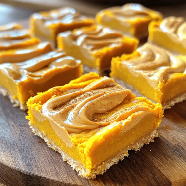 To make these tasty pumpkin peanut butter bars, gather these simple items: - 1 cup canned pumpkin puree - 1/2 cup creamy peanut butter - 1/3 cup maple syrup - 1 teaspoon vanilla extract - 1 1/2 cups rolled oats - 1 teaspoon baking powder - 1/2 teaspoon ground cinnamon - 1/4 teaspoon nutmeg - 1/4 teaspoon salt - 1/2 cup chocolate chips (optional) You can easily swap some ingredients. For a nut-free option, use sun butter instead of peanut butter. If you prefer a vegan recipe, replace maple syrup with agave syrup. You can also try different sweeteners like honey or coconut sugar. Want to add texture? Toss in chopped nuts or seeds. Feel free to mix spices too, like ginger or allspice, for a new twist. These bars are not just tasty; they are also healthy. Each bar has around: - Calories: 150 - Protein: 4g - Fat: 7g - Carbohydrates: 20g - Fiber: 3g - Sugar: 6g These Pumpkin Peanut Butter Bars are a great snack. They offer good energy and nutrients. Enjoy them as a treat or a quick breakfast! First, gather all your ingredients. You will need: - 1 cup canned pumpkin puree - 1/2 cup creamy peanut butter - 1/3 cup maple syrup - 1 teaspoon vanilla extract - 1 1/2 cups rolled oats - 1 teaspoon baking powder - 1/2 teaspoon ground cinnamon - 1/4 teaspoon nutmeg - 1/4 teaspoon salt - 1/2 cup chocolate chips (optional) Next, preheat your oven to 350°F (175°C). Line an 8x8-inch baking pan with parchment paper. Leave some paper hanging over the sides. This makes it easy to lift out the bars later. In a large bowl, mix the pumpkin puree, peanut butter, maple syrup, and vanilla extract. Stir until it is smooth. In another bowl, whisk together the rolled oats, baking powder, ground cinnamon, nutmeg, and salt. This helps to blend the dry ingredients well. Now, add the dry mix to the wet mix. Stir everything until just combined. If you want some extra sweetness, fold in chocolate chips at this stage. Pour the mixture into your prepared baking pan. Use a spatula to spread it out evenly. Bake in the preheated oven for 25 to 30 minutes. The edges should look lightly golden. To check if they are done, insert a toothpick in the center. If it comes out clean, they are ready. Once baked, remove the pan from the oven. Let it cool in the pan for about 10 minutes. Use the parchment overhang to lift the bars out of the pan. Place the bars on a wire rack to cool completely. After they cool, cut them into squares. For a nice touch, serve them on a wooden platter. Drizzle extra peanut butter on top and sprinkle a dash of cinnamon. Enjoy these tasty treats! To get the right texture for your pumpkin peanut butter bars, focus on the wet and dry mix. Use creamy peanut butter; it blends well with the pumpkin. Ensure the pumpkin puree is smooth, so it mixes easily. The oats should be rolled oats, as they give a chewy texture. Adding chocolate chips can help balance the texture, too. Bake until the edges are golden, which helps with the firmness. When mixing, always start with the wet ingredients. Combine pumpkin puree, peanut butter, maple syrup, and vanilla first. Mix until smooth. Then, in a separate bowl, whisk the dry ingredients: oats, baking powder, cinnamon, nutmeg, and salt. Gradually mix the dry into the wet. Stir gently; over-mixing can make the bars dense. If you want to add chocolate chips, fold them in last to keep them intact. Serving your pumpkin peanut butter bars can be fun! Place them on a wooden platter for a rustic look. Drizzle extra peanut butter on top for added flavor. A sprinkle of cinnamon adds a nice touch. Pair these bars with a glass of almond milk or a warm cup of tea. They make a great snack or dessert, perfect for any time of day! {{image_2}} You can swap peanut butter for other nut butters. Almond butter works well. Cashew butter is also a great choice. Each nut butter adds a unique taste. Use sunflower seed butter for a nut-free option. This keeps the bars tasty and safe for all diets. To make these bars vegan, use maple syrup instead of honey. Use gluten-free oats to keep them gluten-free. This simple switch makes your bars safe for those with gluten issues. They remain just as delicious and satisfying. Add spices like ginger or allspice for extra warmth. Chopped nuts like walnuts or pecans add crunch. You can also mix in dried fruits like raisins or cranberries. These add flavors and textures that keep each bite exciting. To keep your Pumpkin Peanut Butter Bars fresh, store them in an airtight container. This helps to lock in moisture and flavor. Place a piece of parchment paper between layers to prevent sticking. You can store them at room temperature for a few days or in the fridge for a week. Freezing these bars is a great option for long-term storage. First, let the bars cool completely. Then, cut them into squares. Wrap each piece in plastic wrap or foil and place them in a freezer-safe bag. Be sure to label the bag with the date. They will stay fresh in the freezer for up to three months. When stored properly, these bars last about five days at room temperature. If you keep them in the fridge, they can last up to a week. Frozen bars can be kept for three months, making them a handy treat for later. Enjoying these bars fresh or frozen will always be a tasty choice! Yes, you can use fresh pumpkin. Just roast or steam your pumpkin first. Then, scoop out the flesh and puree it. This gives a nice flavor. However, canned pumpkin is easier and saves time. You can replace maple syrup with honey or agave syrup. Both options add sweetness. They also keep the bars moist. If you want a lower sugar option, use mashed bananas. Yes, these bars are perfect for making ahead. Just bake them and cool completely. Store them in an airtight container for up to a week. This makes for easy snacks later. If your bars are too crumbly, try adding more peanut butter or pumpkin. This will help bind them better. You can also add a bit of water or milk to help with moisture. Yes, you can use sun butter or soy nut butter. These options work well in place of peanut butter. They keep the same great taste while being nut-free. Make sure to check for allergies with these swaps. You learned about each ingredient for the Pumpkin Peanut Butter Bars. We explored substitutions, nutrition, and storage tips. I shared steps for preparing, baking, and cooling the bars. You now know how to achieve the right texture and mix ingredients well. These bars are flexible, with many variations for taste and diet. You can also store and freeze them easily. Enjoy creating your unique version of this tasty treat. Happy baking!