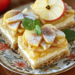 - 2 cups graham cracker crumbs - 1/2 cup unsalted butter, melted - 1/4 cup granulated sugar - 1 (8 oz) package cream cheese, softened - 1/2 cup powdered sugar - 1 teaspoon vanilla extract - 1 cup sour cream - 2 cups apples, peeled, cored, and thinly sliced - 1 teaspoon cinnamon - 1/4 teaspoon nutmeg - 1/2 cup brown sugar - Optional toppings: walnuts or pecans These simple ingredients create a delightful treat. Start with graham cracker crumbs for a tasty crust. The melted butter binds the crumbs well, giving you a rich base. Granulated sugar adds a hint of sweetness to the crust. Next, the cream cheese forms the base of our filling. It should be soft for easy mixing. Powdered sugar makes it sweet and smooth. Vanilla extract adds a warm flavor that mixes perfectly with the other ingredients. Sour cream gives the filling a creamy texture. It balances the sweetness and adds tang. The thinly sliced apples are the star of this dish. They bring freshness and flavor, especially when spiced with cinnamon and nutmeg. Brown sugar adds depth and sweetness to the apples. If you want crunch, add walnuts or pecans on top. This recipe lets you mix flavors and textures for a delicious dessert. Enjoy each bite of these apple cinnamon cheesecake bars! First, preheat your oven to 350°F (175°C). While the oven warms up, grease a 9x13 inch baking dish. This step helps the bars come out easily after baking. In a bowl, mix 2 cups of graham cracker crumbs, 1/2 cup melted unsalted butter, and 1/4 cup granulated sugar. Stir until everything blends well. Press this mixture firmly into the bottom of the greased dish. Bake it for 10 minutes. Once done, take it out and let it cool slightly. In another bowl, beat together 1 (8 oz) package of softened cream cheese, 1/2 cup powdered sugar, and 1 teaspoon vanilla extract. Mix until it turns smooth and creamy. Then, add 1 cup of sour cream and mix until fully blended. In a separate bowl, toss 2 cups of thinly sliced apples with 1 teaspoon cinnamon, 1/4 teaspoon nutmeg, and 1/2 cup brown sugar. Ensure the apples are well coated. Spread this apple mixture evenly over the cream cheese layer. Press them down slightly to help them stick. Bake your dish in the oven for 35-40 minutes. Look for golden edges and ensure the center is set. After baking, let it cool to room temperature. Refrigerate the bars for at least 4 hours or overnight. This chilling time makes the bars easier to cut and enhances the flavors. Enjoy your tasty treat! To keep the crust crunchy, you need to bake it first. Bake the graham cracker crust for 10 minutes. This helps it set and stay firm. After baking, let it cool slightly before adding the cream cheese filling. You can also try adding a layer of melted chocolate on the crust. This will create a barrier and help keep moisture out. Baking time can vary based on your oven. Start checking the bars at 35 minutes. If the edges are golden brown but the center is still wobbly, that’s okay. The bars will firm up as they cool. For a firmer texture, you may bake for an extra 5 minutes. Always use the toothpick test. Insert it in the center; it should come out clean when done. To make your cheesecake bars look beautiful, chill them well before serving. Use a sharp knife to cut clean slices. This helps maintain neat edges. Dust with powdered sugar for a sweet touch. Garnish each slice with a fresh apple slice and a sprig of mint. This adds color and freshness to your dessert. Serve them on a decorative plate for an eye-catching display. {{image_2}} You can switch up the apples for other fruits. Pears work great, too. They bring a soft, sweet taste. Peaches add a summer vibe with their juicy flavor. Just slice them thin. Toss them with cinnamon, nutmeg, and sugar like you would with apples. This keeps the flavor rich and warm. You can also try berries for a tart twist. Each fruit choice will give you a new dessert experience! To make this recipe vegan, use plant-based cream cheese. Brands like Tofutti or Daiya are good options. Replace sour cream with coconut yogurt for a creamy touch. For the crust, use coconut oil in place of butter. You can also use maple syrup instead of granulated sugar. This keeps the bars sweet without animal products. Vegan options can be just as tasty, and they let everyone enjoy dessert! If you need a gluten-free crust, use gluten-free graham crackers. You can also make a crust with almond flour or oats. Mix the flour with melted coconut oil and a bit of sugar. Press it down just like the original crust. This adds a nutty flavor that pairs well with the cheesecake. With these simple swaps, everyone can enjoy the deliciousness of apple cinnamon cheesecake bars! To keep your cheesecake bars fresh, store them in the fridge. Place the bars in an airtight container. This helps maintain their flavor and texture. I recommend using parchment paper between layers to avoid sticking. Leftover bars will stay good for up to five days. You can also freeze these delicious bars! Start by cutting them into slices. Wrap each slice in plastic wrap. Then, place them in a freezer-safe container or bag. They can last up to three months in the freezer. Just remember to label the container with the date! When you're ready to enjoy frozen bars, let them thaw in the fridge overnight. If you're short on time, you can use the microwave. Heat them for 10 to 15 seconds until warm. Be careful not to overheat, or they will lose their creamy texture. Enjoy your tasty treat! Yes, you can make these cheesecake bars a day in advance. This lets the flavors blend well. Just ensure you chill them for at least four hours before serving. This helps them set properly. Serve these bars chilled on a nice plate. A dusting of powdered sugar adds a sweet touch. A slice of fresh apple and a sprig of mint can make it look fancy. You can swap cream cheese for a dairy-free version if needed. Use gluten-free graham crackers for a gluten-free option. Always check labels to avoid allergens. These bars can last up to five days in the fridge. Store them in an airtight container to keep them fresh. Yes, you can easily double the recipe. Just use a larger baking dish. Keep an eye on the baking time, as it may vary with a bigger batch. You learned how to make tasty apple cinnamon cheesecake bars. We covered each ingredient and shared simple steps to bake them perfectly. I offered tips to avoid a soggy crust and ways to store leftovers. You can even try different fruits or make them vegan. Baking these bars is fun and easy. Enjoy sharing them with family and friends. Try your own variations, and let your creativity shine!