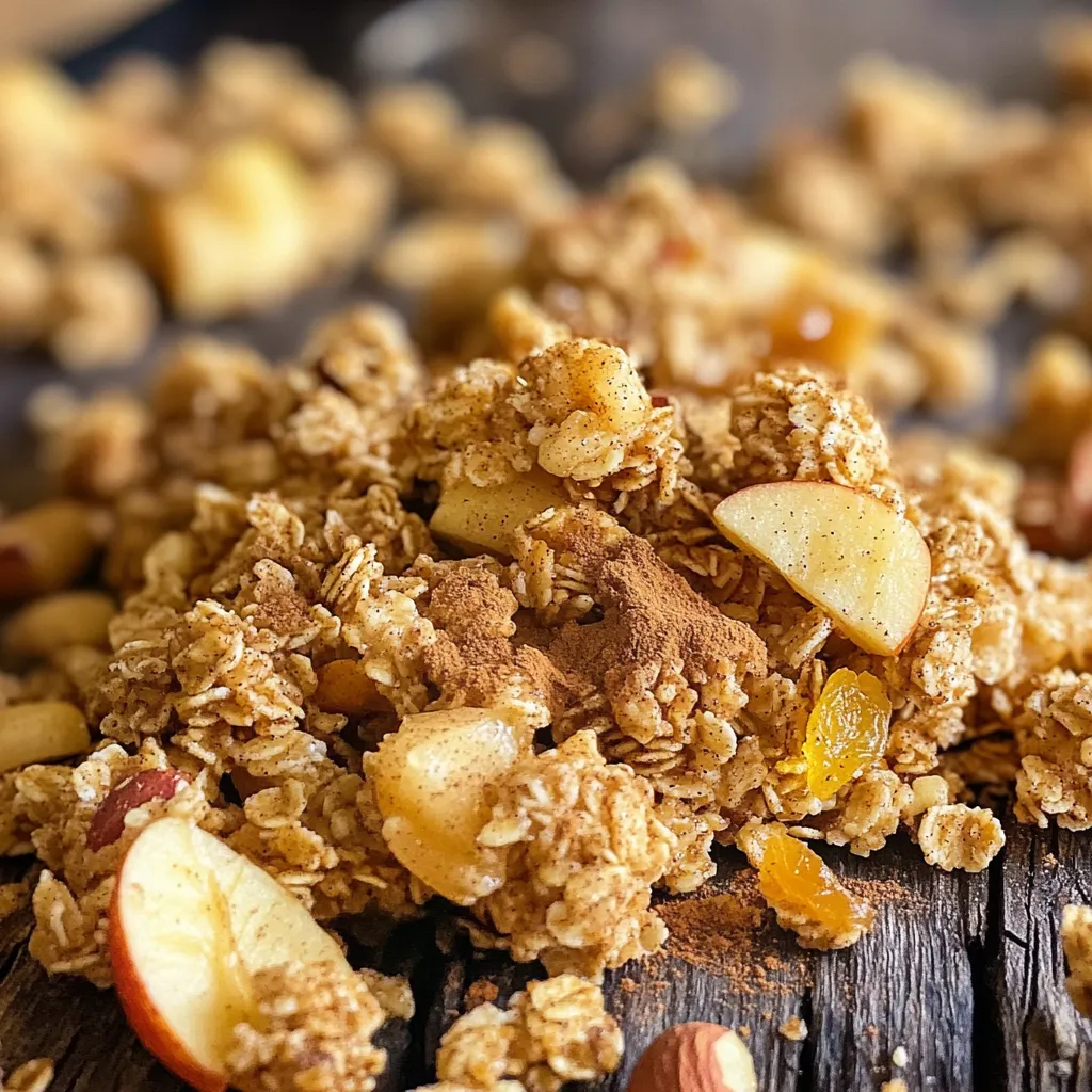 - 2 cups rolled oats - 1 cup mixed nuts (almonds, walnuts, pecans), roughly chopped - 1/2 cup dried apples, chopped - 1/2 cup honey or maple syrup - 1/4 cup coconut oil, melted - 2 teaspoons ground cinnamon - 1/2 teaspoon vanilla extract - 1/4 teaspoon salt - 1/2 cup unsweetened applesauce These ingredients come together to create a delicious snack. The oats form the base, while the nuts add crunch. Dried apples give a sweet taste, and honey or maple syrup binds it all. Coconut oil adds healthy fat, and cinnamon gives warmth. Vanilla and salt enhance the flavors. Rolled oats are a great source of fiber. They help keep you full longer. Nuts provide healthy fats and protein, which are good for your heart. Dried apples add natural sweetness and vitamins. Honey or maple syrup gives energy without refined sugar. Coconut oil has medium-chain fatty acids, which can be good for metabolism. Cinnamon can help stabilize blood sugar levels, making it a smart choice. If you need to swap out some ingredients, here are some easy options: - Use quinoa flakes instead of rolled oats for a gluten-free option. - Try sunflower seeds or pumpkin seeds if you want a nut-free mix. - Swap dried apples for raisins or dried cranberries for a different flavor. - Maple syrup can easily replace honey for a vegan version. - Instead of coconut oil, you can use olive oil or butter for a rich taste. These substitutes keep the recipe tasty and healthy. You can still enjoy the crunch and flavor of granola clusters while meeting your dietary needs. 1. First, preheat your oven to 350°F (175°C). This step is key for perfect granola. 2. Next, take a large bowl. Add 2 cups of rolled oats. 3. Chop 1 cup of mixed nuts, like almonds, walnuts, and pecans. Add these nuts to the bowl. 4. Chop 1/2 cup of dried apples and toss them in. 5. Sprinkle in 2 teaspoons of ground cinnamon and 1/4 teaspoon of salt. Mix well until everything is combined. 6. In another bowl, whisk 1/4 cup of melted coconut oil, 1/2 cup of honey (or maple syrup), 1/2 cup of unsweetened applesauce, and 1/2 teaspoon of vanilla extract. Mix until smooth. 7. Pour the wet mix over the dry mix. Stir until all pieces are coated. 1. Transfer the mixture to a lined baking sheet. Spread it out evenly. 2. Use a spatula to press it down firmly. This helps form clusters. 3. Bake in your preheated oven for 20-25 minutes. Stir halfway through for even cooking. 4. Look for a golden brown color. This is when it's ready to come out. 5. Once baked, let it cool on the sheet. This cooling helps it harden into clusters. - Press the mixture down firmly before baking. This step is crucial for good clusters. - Stir gently halfway through baking to keep the clusters intact. - Let it cool completely on the baking sheet. Don't rush this step! - Store your clusters in an airtight container. They will stay fresh for up to two weeks. These steps will help you create tasty Apple Cinnamon Granola Clusters that are crunchy and sweet! You can change your granola clusters to fit your taste. Try adding seeds like pumpkin or sunflower for extra crunch. You can use different nuts, like cashews or hazelnuts, if you want. If you like it sweeter, add more honey or maple syrup. For a fun twist, sprinkle in some chocolate chips or coconut flakes. You can even swap dried apples for dried cranberries or raisins. To keep your granola clusters fresh, store them in an airtight container. This keeps them crunchy and tasty. Make sure to let them cool completely before sealing. They last for up to two weeks. If you want to keep them longer, try freezing them in a freezer-safe bag. Just thaw them at room temperature when you're ready to eat. There are many ways to enjoy your granola clusters. You can eat them as a snack on their own. Pour them over yogurt for a quick breakfast. You can mix them into smoothies for added texture. They also make a great topping for oatmeal or ice cream. Get creative and find your favorite way to enjoy these tasty bites! {{image_2}} If you want a nut-free version, just skip the nuts. You can replace them with seeds. Try pumpkin seeds or sunflower seeds for a great crunch. These seeds add healthy fats and protein. They will still give your granola that tasty, chewy texture. You can also add extra dried fruit. Raisins or cranberries work well and add sweetness. To make this granola gluten-free, choose certified gluten-free oats. Many regular oats have traces of gluten. Using gluten-free oats makes this snack safe for those with gluten issues. The other ingredients, like honey and applesauce, are already gluten-free. This way, everyone can enjoy the crunchy goodness of apple cinnamon granola. Want to spice things up? You can add more flavors to your granola. Consider adding a pinch of nutmeg for warmth. You can also mix in some cocoa powder for a chocolate twist. For a tropical vibe, add shredded coconut. Each option gives a new taste to this classic snack. Feel free to experiment and find your favorite blend! Each serving of homemade apple cinnamon granola clusters contains around 200 calories. This makes it a great snack that fills you up without weighing you down. You can enjoy a handful without feeling guilty. - Protein: About 4 grams - Fat: Around 9 grams - Carbohydrates: Roughly 30 grams The protein comes from the nuts and oats, which help you feel satisfied. The healthy fats from nuts and coconut oil are good for your heart. The carbs mainly come from oats and dried apples, giving you energy. Store-bought granola often has added sugars and preservatives. Homemade granola lets you control the ingredients. You can avoid unhealthy additives and choose natural sweeteners like honey or maple syrup. This makes your snack healthier and tastier. Plus, making it at home is fun and rewarding! To keep your granola clusters intact, press the mixture firmly before baking. When spreading it on the baking sheet, use a spatula to compact it. This helps the clusters stick together. Bake until golden brown, and let it cool completely without stirring. As it cools, it will harden into delicious clusters. Yes, you can make this granola ahead of time. Store it in an airtight container for up to two weeks. This way, you can enjoy a healthy snack whenever you want. Just remember to let it cool fully before storing. This keeps the clusters crunchy and fresh. You can use maple syrup as a great substitute for honey. It adds a nice sweetness and pairs well with apples and cinnamon. Other options include agave nectar or brown rice syrup. Just keep in mind that using these will slightly change the flavor, but they work well in this recipe. This article covered how to make tasty apple cinnamon granola clusters. We explored the main ingredients and their health benefits. I shared step-by-step instructions for preparation and baking. I also provided tips for customization and storage. You now know different variations and nutritional details. Homemade granola offers flavor and nutrition. It's a fun breakfast or snack option. Enjoy making your own unique blends!