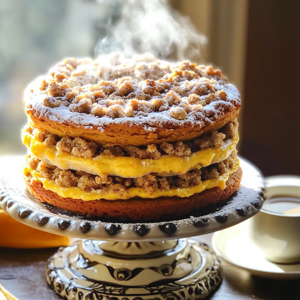 - 1 ¾ cups all-purpose flour - 1 cup granulated sugar - ½ cup brown sugar, packed - 1 teaspoon baking powder - 1 teaspoon baking soda - ½ teaspoon salt - 1 teaspoon ground cinnamon - ½ teaspoon ground nutmeg - ½ teaspoon ground ginger - ¾ cup canned pumpkin puree - ⅓ cup vegetable oil - 2 large eggs - 1 teaspoon vanilla extract - ½ cup chopped walnuts - ½ cup rolled oats - 2 tablespoons unsalted butter, melted - 1 teaspoon ground cinnamon (for streusel) - 1 tablespoon brown sugar (for streusel) The ingredients for this recipe are simple and easy to find. You will start with two groups: dry and wet. The dry ingredients give the cake its structure. Flour, sugar, and spices blend to create flavor. You will mix these in a large bowl. The wet ingredients make the cake moist and rich. Pumpkin adds a nice texture and flavor. The eggs help bind everything together. You will whisk these in a separate bowl until smooth. Finally, the streusel topping adds a sweet crunch. Walnuts and oats come together with butter and sugar. This mix goes on top of the cake, giving it that delicious crunch. Gather all these items before you start baking. You will find that each ingredient plays a key role in making your pumpkin streusel coffee cake a hit! 1. First, preheat your oven to 350°F (175°C). 2. Grease and flour a 9-inch round cake pan. You can also use parchment paper. 3. In a large bowl, mix the dry ingredients. Combine 1 ¾ cups all-purpose flour, 1 cup granulated sugar, ½ cup packed brown sugar, 1 teaspoon baking powder, 1 teaspoon baking soda, ½ teaspoon salt, 1 teaspoon ground cinnamon, ½ teaspoon ground nutmeg, and ½ teaspoon ground ginger. Whisk until well mixed. 1. In another bowl, mix ¾ cup canned pumpkin puree, ⅓ cup vegetable oil, 2 large eggs, and 1 teaspoon vanilla extract. Blend until smooth. 2. Carefully add the wet mixture to the dry ingredients. Use a spatula to mix gently. Stop when the batter is just combined. A few lumps are okay. 1. Pour half the batter into the prepared cake pan. Smooth the top with a spatula. 2. In a small bowl, combine ½ cup rolled oats, ½ cup chopped walnuts, 2 tablespoons melted unsalted butter, 1 teaspoon ground cinnamon, and 1 tablespoon brown sugar for the streusel topping. Mix until it looks clumpy. 3. Sprinkle half of the streusel mix over the batter in the pan. 4. Pour the remaining batter over the streusel layer. Top with the rest of the streusel. 1. Bake in your preheated oven for 30-35 minutes. Check for doneness by inserting a toothpick into the center. It should come out clean. 2. Once baked, remove the cake from the oven. Let it cool in the pan for 10 minutes. Then, transfer it to a wire rack to cool completely before slicing. To get a great texture, do not overmix your batter. When you mix, only combine the wet and dry ingredients until you see some lumps. This gives the cake a light and fluffy feel. If you mix too much, the cake can become tough. To keep your cake moist, use canned pumpkin puree. It adds moisture and flavor. Also, make sure your eggs are at room temperature. This helps the batter mix smoothly. Using vegetable oil instead of butter also keeps the cake moist and tender. You can serve this coffee cake warm or at room temperature. For the best treat, place it on a pretty cake stand. Dust the top with powdered sugar for a sweet touch. A sprinkle of cinnamon makes it look even better. Pair your pumpkin streusel coffee cake with a hot cup of coffee or tea. The warm drink balances the sweet flavors of the cake. For a fun twist, serve it with whipped cream or ice cream on the side. Garnishing can make your dish stand out. After dusting with powdered sugar, consider adding extra cinnamon on top. This gives a pop of flavor and color. Try creative plating techniques, like cutting the cake into neat slices. Arrange them on a colorful plate. You can add a few nuts or oats for decoration. This makes your cake not just tasty but also beautiful! {{image_2}} You can make your pumpkin streusel coffee cake even more exciting. Try adding spices like allspice or cloves. These spices give a warm, rich flavor. You can also mix in chocolate chips or dried fruit. Chocolate chips add sweetness and a fun texture. Dried fruit, like raisins or cranberries, provides a chewy bite. Both options make this cake more special and tasty. If you need gluten-free options, substitute the all-purpose flour with a gluten-free blend. Many brands work well and keep the cake moist. For a vegan version, replace the eggs with flax eggs. Mix one tablespoon of ground flaxseed with three tablespoons of water. Let it sit for a few minutes to thicken. You can also use almond milk or coconut milk in place of regular milk. These swaps keep your cake delicious without animal products. You can change this cake for different holidays. For Halloween, add candy corn or use pumpkin spice frosting. For Thanksgiving, top it with whipped cream and a sprinkle of nutmeg. In the spring, consider adding fresh berries on top. For summer, lemon zest can brighten the flavor. These twists keep the cake fresh and fun all year round. To keep leftover cake fresh, store it in the fridge. Wrap it tightly in plastic wrap or place it in an airtight container. This method helps seal in moisture. Your cake will stay good for about 3 to 5 days. Always check for any signs of spoilage before enjoying your slice. If you want to save the cake for later, freezing is a great option. First, let the cake cool completely. Then, slice it into individual pieces. Wrap each piece in plastic wrap, and then place them in a freezer-safe bag. This way, your cake can last for up to 3 months. When you are ready to eat, let the pieces thaw in the fridge overnight. You can also reheat them in the oven at 350°F for about 10 minutes. This will help restore the flavor and texture. Leftover pumpkin streusel coffee cake can inspire new treats! You can turn it into cake truffles. Just crumble the cake and mix it with some frosting. Roll the mixture into balls and chill them. For a fun parfait, layer cake pieces with yogurt and fruit in a glass. This way, you can enjoy your delicious cake in a new form. What can I substitute for canned pumpkin puree? You can use homemade pumpkin puree. Roast fresh pumpkin, mash it, and strain it. You can also try butternut squash puree for a different flavor. Can this recipe be made in advance? Yes, you can make this coffee cake a day ahead. Just store it in an airtight container. It stays moist and tasty. How do I know when the coffee cake is done baking? Check for doneness by inserting a toothpick into the center. If it comes out clean, the cake is ready. The top should also be golden brown. Tips for avoiding a sunken center To prevent a sunken center, do not overmix the batter. Also, bake at the right temperature and avoid opening the oven too soon. Can I use salted butter instead of unsalted? You can use salted butter, but reduce the added salt in the recipe. This helps balance the flavors. What's the role of baking soda in this recipe? Baking soda helps the cake rise. It reacts with the acids in the pumpkin and gives the cake a light texture. This recipe blends dry and wet ingredients to create a tasty pumpkin coffee cake. You learned how to prepare the batter, assemble the cake, and add streusel for crunch. I shared tips for texture, serving ideas, and ways to modify the recipe for special diets or occasions. Now you have all the tools to bake this delicious treat. Enjoy experimenting and sharing it with others!