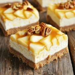 To make Caramel Apple Cheesecake Bars, you will need the following ingredients: - 1 ½ cups graham cracker crumbs - ½ cup unsalted butter, melted - 2 tablespoons sugar - 2 (8 oz) packages cream cheese, softened - 1 cup sugar - 3 large eggs - 2 teaspoons vanilla extract - 2 cups chopped apples (preferably Granny Smith or Honeycrisp) - 1 teaspoon cinnamon - 1 cup caramel sauce (store-bought or homemade) - ¼ cup chopped pecans (optional) These ingredients come together to create a rich and creamy dessert. The graham cracker crumbs form a crunchy crust. The melted butter helps bind the crumbs. Sugar sweetens the crust and the filling. Cream cheese gives the bars a smooth texture. Eggs help the cheesecake set perfectly. Vanilla adds a lovely flavor. Chopped apples bring a fresh, fruity touch. Cinnamon adds warmth and spice. Caramel sauce drizzled on top creates a sweet finish. Lastly, pecans add crunch if you choose to include them. To make these delicious caramel apple cheesecake bars, follow these easy steps. First, preheat your oven to 325°F (165°C). Take a 9x13-inch baking pan and line it with parchment paper. Leave some paper hanging over the edges. This helps you lift the bars out later. In a mixing bowl, add 1 ½ cups of graham cracker crumbs, ½ cup of melted unsalted butter, and 2 tablespoons of sugar. Mix these until the crumbs are well coated. Press this mixture firmly into the bottom of the lined pan to make your crust. Bake it in the oven for 10 minutes, then let it cool a bit. Now, in a large bowl, take 2 packages of softened cream cheese and 1 cup of sugar. Beat them together until smooth and creamy. Add 3 large eggs, one at a time. Mix well after each egg. Finally, stir in 2 teaspoons of vanilla extract until everything is combined. Next, fold in 2 cups of chopped apples and 1 teaspoon of cinnamon. Make sure to mix gently until the apples are evenly spread in the cream cheese mixture. Pour the cream cheese mixture over your cooled crust. Spread it evenly across the surface. Then, drizzle 1 cup of caramel sauce on top. Use a knife to swirl the caramel into the cream cheese mixture. If you like, you can sprinkle ¼ cup of chopped pecans on top for extra crunch. You are now ready to bake! Keep an eye on the time as it cooks. Using room temperature cream cheese is key. Cold cream cheese can clump up and ruin your filling. Let it sit out for about 30 minutes before mixing. This way, it blends smoothly with sugar and eggs, making a creamy mix. For even baking, check your oven temperature with a thermometer. Ovens can be off by a few degrees. Bake your bars until the center is slightly jiggly. This ensures they stay creamy without being undercooked. When serving, let the bars cool completely before cutting. Chilling them in the fridge for at least four hours helps them set well. Use a sharp knife for clean cuts. Drizzle extra caramel on top for a nice touch before serving. Enjoy the sweet, tart flavors! {{image_2}} When making caramel apple cheesecake bars, you can switch things up for fun. - Alternative crust options: Try using crushed cookies like Oreos or graham crackers for a different flavor. You can even use almond flour to make a gluten-free crust. Each option adds its own unique taste. - Different apple varieties: Granny Smith apples work great, but Honeycrisp adds a sweet twist. You can also use Fuji or Braeburn apples for a mix of tart and sweet. Each apple type changes the flavor and texture. - Swaps for caramel sauce: You can use butterscotch or chocolate sauce if you want a twist. For a healthier option, try date caramel. It adds sweetness without refined sugar and gives a nice touch to the bars. These variations help you make the recipe your own. Don’t be afraid to mix and match! To keep your Caramel Apple Cheesecake Bars fresh, use a few simple steps. - Recommended storage containers: Use an airtight container. This keeps the bars moist and prevents them from absorbing other odors. If you do not have one, wrap the bars tightly in plastic wrap before placing them in a regular container. - Freezing options: You can freeze these bars for up to three months. Cut them into squares first. Wrap each piece in plastic wrap, then place them in a freezer-safe bag or container. Label with the date, so you know when to enjoy them. - Reheating tips: When ready to eat, thaw the bars in the fridge overnight. For a warm treat, heat them in the microwave for about 10-15 seconds. This makes the caramel a bit gooey and delicious. Enjoy your sweet treat! How long can I refrigerate the cheesecake bars? You can refrigerate the cheesecake bars for up to five days. Keep them in an airtight container. This helps them stay fresh and tasty. Can I make these bars ahead of time? Yes, you can make these bars a day or two ahead. Just refrigerate them after they cool. Chilling helps the flavors meld together beautifully. What can I substitute for pecans? If you don't have pecans, try walnuts or almonds. You can also skip nuts entirely if you prefer a nut-free version. The bars will still taste amazing! Is it possible to use store-bought caramel sauce? Absolutely! Store-bought caramel sauce saves time and works well. Just drizzle it over the bars before serving. Homemade or store-bought, both options taste great! This blog post covered how to make delicious Caramel Apple Cheesecake Bars. We explored key ingredients, like cream cheese and chopped apples. You learned the step-by-step instructions, tips for great texture, and variations to customize your bars. We also discussed how to store leftovers effectively. Remember, these bars are fun to make and share! Enjoy experimenting with the flavors. Each bite will remind you of fall, making it a great treat any time. So, gather your ingredients and start baking!