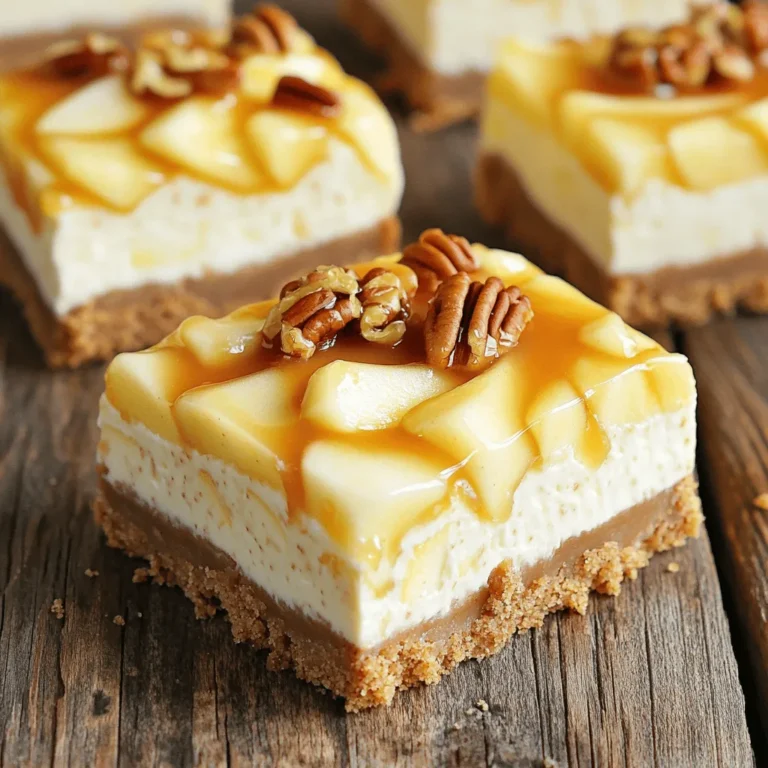 To make Caramel Apple Cheesecake Bars, you will need the following ingredients: - 1 ½ cups graham cracker crumbs - ½ cup unsalted butter, melted - 2 tablespoons sugar - 2 (8 oz) packages cream cheese, softened - 1 cup sugar - 3 large eggs - 2 teaspoons vanilla extract - 2 cups chopped apples (preferably Granny Smith or Honeycrisp) - 1 teaspoon cinnamon - 1 cup caramel sauce (store-bought or homemade) - ¼ cup chopped pecans (optional) These ingredients come together to create a rich and creamy dessert. The graham cracker crumbs form a crunchy crust. The melted butter helps bind the crumbs. Sugar sweetens the crust and the filling. Cream cheese gives the bars a smooth texture. Eggs help the cheesecake set perfectly. Vanilla adds a lovely flavor. Chopped apples bring a fresh, fruity touch. Cinnamon adds warmth and spice. Caramel sauce drizzled on top creates a sweet finish. Lastly, pecans add crunch if you choose to include them. To make these delicious caramel apple cheesecake bars, follow these easy steps. First, preheat your oven to 325°F (165°C). Take a 9x13-inch baking pan and line it with parchment paper. Leave some paper hanging over the edges. This helps you lift the bars out later. In a mixing bowl, add 1 ½ cups of graham cracker crumbs, ½ cup of melted unsalted butter, and 2 tablespoons of sugar. Mix these until the crumbs are well coated. Press this mixture firmly into the bottom of the lined pan to make your crust. Bake it in the oven for 10 minutes, then let it cool a bit. Now, in a large bowl, take 2 packages of softened cream cheese and 1 cup of sugar. Beat them together until smooth and creamy. Add 3 large eggs, one at a time. Mix well after each egg. Finally, stir in 2 teaspoons of vanilla extract until everything is combined. Next, fold in 2 cups of chopped apples and 1 teaspoon of cinnamon. Make sure to mix gently until the apples are evenly spread in the cream cheese mixture. Pour the cream cheese mixture over your cooled crust. Spread it evenly across the surface. Then, drizzle 1 cup of caramel sauce on top. Use a knife to swirl the caramel into the cream cheese mixture. If you like, you can sprinkle ¼ cup of chopped pecans on top for extra crunch. You are now ready to bake! Keep an eye on the time as it cooks. Using room temperature cream cheese is key. Cold cream cheese can clump up and ruin your filling. Let it sit out for about 30 minutes before mixing. This way, it blends smoothly with sugar and eggs, making a creamy mix. For even baking, check your oven temperature with a thermometer. Ovens can be off by a few degrees. Bake your bars until the center is slightly jiggly. This ensures they stay creamy without being undercooked. When serving, let the bars cool completely before cutting. Chilling them in the fridge for at least four hours helps them set well. Use a sharp knife for clean cuts. Drizzle extra caramel on top for a nice touch before serving. Enjoy the sweet, tart flavors! {{image_2}} When making caramel apple cheesecake bars, you can switch things up for fun. - Alternative crust options: Try using crushed cookies like Oreos or graham crackers for a different flavor. You can even use almond flour to make a gluten-free crust. Each option adds its own unique taste. - Different apple varieties: Granny Smith apples work great, but Honeycrisp adds a sweet twist. You can also use Fuji or Braeburn apples for a mix of tart and sweet. Each apple type changes the flavor and texture. - Swaps for caramel sauce: You can use butterscotch or chocolate sauce if you want a twist. For a healthier option, try date caramel. It adds sweetness without refined sugar and gives a nice touch to the bars. These variations help you make the recipe your own. Don’t be afraid to mix and match! To keep your Caramel Apple Cheesecake Bars fresh, use a few simple steps. - Recommended storage containers: Use an airtight container. This keeps the bars moist and prevents them from absorbing other odors. If you do not have one, wrap the bars tightly in plastic wrap before placing them in a regular container. - Freezing options: You can freeze these bars for up to three months. Cut them into squares first. Wrap each piece in plastic wrap, then place them in a freezer-safe bag or container. Label with the date, so you know when to enjoy them. - Reheating tips: When ready to eat, thaw the bars in the fridge overnight. For a warm treat, heat them in the microwave for about 10-15 seconds. This makes the caramel a bit gooey and delicious. Enjoy your sweet treat! How long can I refrigerate the cheesecake bars? You can refrigerate the cheesecake bars for up to five days. Keep them in an airtight container. This helps them stay fresh and tasty. Can I make these bars ahead of time? Yes, you can make these bars a day or two ahead. Just refrigerate them after they cool. Chilling helps the flavors meld together beautifully. What can I substitute for pecans? If you don't have pecans, try walnuts or almonds. You can also skip nuts entirely if you prefer a nut-free version. The bars will still taste amazing! Is it possible to use store-bought caramel sauce? Absolutely! Store-bought caramel sauce saves time and works well. Just drizzle it over the bars before serving. Homemade or store-bought, both options taste great! This blog post covered how to make delicious Caramel Apple Cheesecake Bars. We explored key ingredients, like cream cheese and chopped apples. You learned the step-by-step instructions, tips for great texture, and variations to customize your bars. We also discussed how to store leftovers effectively. Remember, these bars are fun to make and share! Enjoy experimenting with the flavors. Each bite will remind you of fall, making it a great treat any time. So, gather your ingredients and start baking!