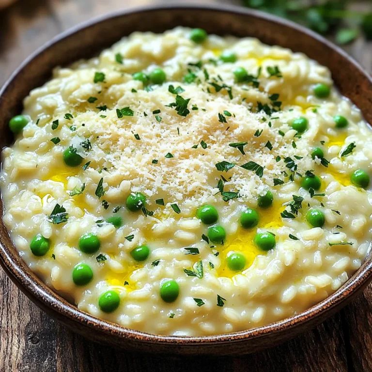 To make the best creamy Parmesan risotto, gather these key items: - 1 cup Arborio rice - 4 cups vegetable broth - 1 medium onion, finely chopped - 2 cloves garlic, minced - 1 cup frozen peas - 1 cup grated Parmesan cheese - 2 tablespoons olive oil - 1 tablespoon butter - Salt and pepper to taste - Fresh parsley, chopped for garnish These ingredients work together to create a rich and creamy dish. Arborio rice is special because it absorbs broth well and gives risotto its creamy texture. You can make this dish your own by adding some extras. Consider these options: - Sliced mushrooms for earthiness - Cooked chicken or shrimp for protein - Lemon zest for a bright flavor - Spinach or asparagus for color and nutrients Feel free to mix and match. Each addition brings a new twist to the classic risotto. Having the right tools makes cooking easier. Here’s what you need: - A large pot or Dutch oven - A wooden spoon for stirring - A cutting board and knife - Measuring cups for accuracy - Serving bowls for presentation These tools will help you create a smooth and tasty risotto. Enjoy the process and have fun in the kitchen! Start by gathering your ingredients. You will need Arborio rice, vegetable broth, onion, garlic, peas, Parmesan cheese, olive oil, butter, salt, and pepper. In a large pot or Dutch oven, heat the olive oil and butter over medium heat. Wait for it to melt completely. Add the finely chopped onion and sauté it for about 3-4 minutes. You want the onion to turn translucent. Next, stir in the minced garlic. Cook it for 1 minute, being careful not to burn it. Now, add the Arborio rice to the pot. Stir well to coat the grains with oil. Toast the rice for about 2 minutes, letting it soak in the flavor. Gradually add 1 cup of vegetable broth to the rice. Stir continuously until the liquid is almost fully absorbed. Keep adding broth, one cup at a time. Stir after each addition, waiting for the rice to absorb the liquid. This process takes about 18-20 minutes. The rice should be creamy and tender yet still hold a slight bite. Once your rice is just right, stir in the frozen peas. Cook for an additional 2 minutes until they are heated through. Remove the pot from heat and fold in the grated Parmesan cheese. This will add a rich, creamy flavor to your dish. Season with salt and pepper to taste. Let the risotto sit for 2-3 minutes to thicken. This step is key for a perfect texture. Serve the risotto in shallow bowls. Top with extra Parmesan cheese and chopped parsley for a nice touch. A drizzle of olive oil adds great flavor! To get that creamy texture, use Arborio rice. This rice has more starch. The starch makes the risotto smooth and rich. Remember to add broth slowly. This lets the rice soak up the liquid well. Stir often while cooking. This keeps the rice from sticking and helps it release more starch. Don’t rush the cooking process. If you add all the broth at once, the rice won’t cook right. Avoid using low-quality broth. A good broth adds flavor. Make sure to taste your risotto as it cooks. This way, you can adjust the salt and pepper. Lastly, don’t skip the cheese. It’s key for that rich taste. Stirring is very important. Use a wooden spoon or a spatula. These tools help you scrape the bottom of the pot. This keeps the rice from burning. When adding broth, pour in one cup at a time. Stir until the liquid is almost gone before adding more. This method gives the risotto its signature creamy texture. {{image_2}} You can boost the flavor and nutrition of your risotto by adding protein. Chicken or shrimp work well. For chicken, use cooked, diced pieces. Stir them in when you add the peas. For shrimp, add them during the last few minutes of cooking. They cook quickly and add a nice touch. Both options make your meal heartier and more filling. You can also customize your risotto with different veggies. Mushrooms add a rich, earthy flavor. Sauté sliced mushrooms with the onion for a great taste. Asparagus brings a fresh crunch. Chop it into small pieces and add it in when you add the peas. These veggies not only add flavor but also color and nutrition. If you need gluten-free or dairy-free options, I have you covered. Simply use gluten-free vegetable broth to keep it safe. For the cheese, try nutritional yeast or a dairy-free cheese. This keeps the creaminess while making it suitable for your diet. You can still enjoy a rich and tasty risotto without gluten or dairy. To store leftover risotto, let it cool first. Once cool, place it in an airtight container. Make sure to seal it well. Store it in the fridge for up to three days. If you want to keep it longer, freezing is a great option. When reheating risotto, add a splash of broth or water. This helps bring back the creamy texture. Heat it slowly over low heat. Stir often to avoid sticking. Taste and adjust seasoning if needed. Freshly grated Parmesan on top adds extra flavor. If you freeze risotto, use a freezer-safe container. Divide portions for easy use later. Risotto can last up to three months in the freezer. When ready to use, thaw it in the fridge overnight. Reheat as described above for best results. Arborio rice is a short-grain rice from Italy. It has a high starch content, which creates a creamy texture when cooked. I love using Arborio rice in risotto because it absorbs liquid well. This rice gives risotto its signature richness. You can find Arborio rice in most grocery stores in the rice aisle. Yes, you can make risotto without cheese. Just skip the Parmesan cheese if you prefer. To keep it creamy, add extra broth and a splash of olive oil. You might miss the cheese flavor, but the dish will still taste good. Try adding herbs or spices to enhance the flavor further. You will know the risotto is done when the rice is creamy and al dente. It should be tender but still have a slight bite. If you taste it and it feels soft, it is ready. The cooking time is about 18 to 20 minutes. Keep stirring and adding broth gradually to achieve the right texture. This blog post covered everything you need to make creamy Parmesan risotto. You learned about key ingredients, helpful tools, and essential steps for cooking. We shared tips to get that perfect texture and highlighted tasty variations for customization. You now know how to store and reheat leftover risotto. With these insights, you can create a delicious meal that suits your taste. Enjoy making risotto your way, and impress your friends with your new skills!