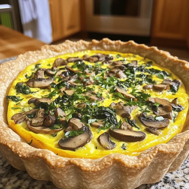 - Pre-made vs. homemade pie crust options You can use a pre-made pie crust for speed. This saves time and effort. If you prefer, make your own crust. A homemade crust can add a nice touch. Use flour, butter, and water to create a flaky base. - Types of cheese for the quiche Cheese adds flavor and creaminess. I like Swiss or cheddar for this quiche. You can also mix cheeses for more taste. Cream cheese or feta are great choices too. - Fresh herbs and seasoning suggestions Fresh herbs enhance the quiche’s taste. Consider using parsley or chives for a bright flavor. You can also add thyme or dill for a unique twist. Don't forget salt and pepper! A pinch of nutmeg adds a warm note. 1. Preheat your oven to 375°F (190°C). This ensures an even bake for your quiche. 2. Take a large skillet and add 1 tablespoon of olive oil over medium heat. 3. Add 1 small diced onion to the skillet. Sauté it until it looks clear, about 3-4 minutes. 4. Now, add 1 cup of sliced mushrooms. Cook them until they are soft, around 5 minutes. 5. Next, toss in 2 cups of fresh chopped spinach. Stir until it wilts down. Add salt, pepper, and a pinch of nutmeg if you like. Remove from heat and let it cool a bit. 1. In a mixing bowl, crack 3 large eggs. Whisk them together with 1 cup of heavy cream until smooth. 2. Stir in 1 cup of shredded cheese and add a pinch of salt and pepper. Mix well to combine. 1. Spread the cooled mushroom and spinach filling evenly in the pie crust. 2. Pour the egg and cheese mixture over the veggies, making sure it spreads out evenly. 3. Place the quiche in the oven and bake for 35-40 minutes. Look for a golden top and a set center. 4. Once done, let the quiche cool for about 10 minutes. This helps it hold its shape when you slice it. To ensure your quiche sets properly, follow these steps: - Use room temperature eggs: Cold eggs can make the quiche watery. - Whisk well: Mix the eggs and cream until fully blended. This helps the quiche firm up nicely. - Bake until golden: Check for a golden top. The center should not jiggle too much when you shake it gently. To avoid a soggy crust, consider these tips: - Pre-bake the crust: Bake the crust for about 10 minutes before adding the filling. This helps it stay crisp. - Use a thicker filling: Ensure the mushroom and spinach mix is not too wet. Let it cool slightly before adding to the crust. - Avoid too much cream: If you want a lighter quiche, use less cream or milk in the egg mix. For garnishing, try these ideas: - Fresh herbs: Sprinkle chopped parsley or chives on top for color and flavor. - Extra cheese: Add a bit of shredded cheese on top right before serving for a nice touch. - Colorful sides: Serve with a side of fresh salad or roasted veggies. For serving recommendations: - Serve warm or at room temperature: This keeps the flavors bright and fresh. - Cut into wedges: This makes it easy for guests to grab a slice. - Pair with drinks: A light white wine or sparkling water complements the dish well. {{image_2}} You can change the mushrooms and add more veggies. Try bell peppers, zucchini, or broccoli. They all taste great. If you want some meat, add crispy bacon or diced ham. Each brings a new flavor. You can also skip the cream for a lighter option. Use milk instead and still enjoy a great dish. Want to spice up your quiche? Add red pepper flakes for heat. A pinch of cayenne pepper also works well. If you love bold flavors, try smoked cheese or goat cheese. Each cheese type can change the taste. Use cheddar for a sharp bite or Swiss for a nutty undertone. Mixing cheeses can also create a unique blend that will impress your guests. To store leftover quiche, let it cool first. Cooling helps keep it fresh. Once cool, wrap the quiche tightly in plastic wrap. You can also use aluminum foil. This keeps air out and prevents drying. If you have a large piece, cut it into smaller slices. Store each slice in a separate wrap. Place the wrapped quiche in the fridge. It stays good for about 3-4 days. When you want to eat leftover quiche, reheating is easy. Preheat your oven to 350°F (175°C). Place the quiche on a baking sheet. Cover it with foil to keep it moist. Heat it for about 15-20 minutes. Check if it’s warm all the way through. You can also use a microwave for quick reheating. Place a slice on a microwave-safe plate. Heat it for 1-2 minutes. Enjoy your tasty quiche just like when it was fresh! Can I make quiche ahead of time? Yes, you can make quiche in advance. I often prepare it the night before. Just follow the recipe and let it cool. Cover and refrigerate. When ready to eat, simply bake it in the oven to warm up. This method saves time and makes meal planning easy. How do I know when the quiche is done? A quiche is done when the top is golden brown. The center should look set, not jiggly. You can insert a knife into the middle. If it comes out clean, your quiche is ready. Always let it cool for ten minutes before slicing. This helps it hold its shape. Can I freeze quiche for later use? Yes, quiche freezes well. Allow it to cool completely. Wrap it tightly in plastic wrap, then in foil. Label the date and type. When you want to eat it, thaw it overnight in the fridge. Reheat it in the oven for best results. Enjoy a tasty meal anytime! You’ve learned all you need to make a great mushroom spinach quiche. We covered ingredients, preparation steps, cooking tips, and variations. Remember to choose fresh herbs and the right cheeses for flavor. Pay attention to cooking times to get the perfect texture. Store leftovers well and reheat smartly for the best taste. Now, you can enjoy a delicious homemade quiche anytime! Happy cooking!