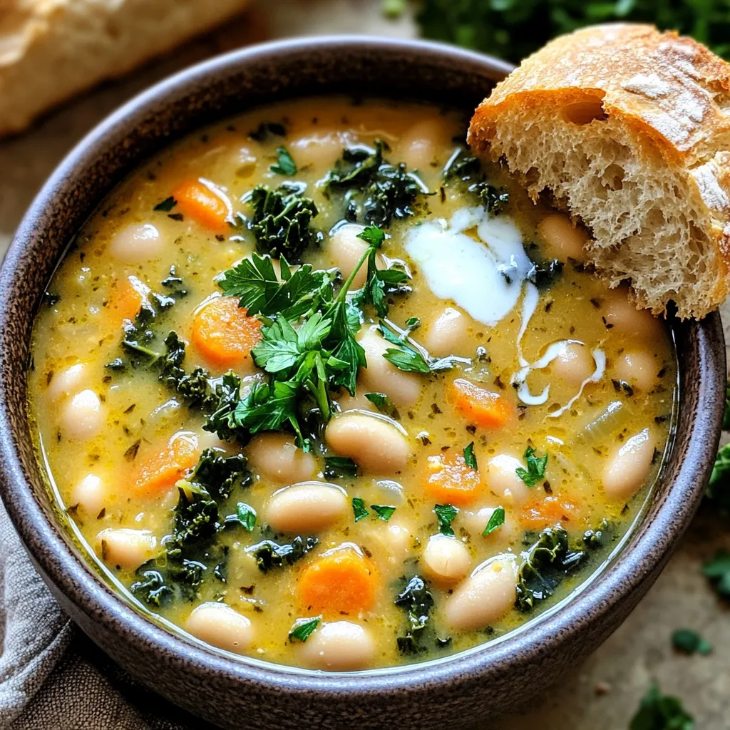 - 2 cans (15 oz) white beans (cannellini or navy) - 1 medium onion, diced - 3 cloves garlic, minced - 2 large carrots, diced - 2 celery stalks, diced - 4 cups vegetable broth - 1 cup coconut milk (or heavy cream) - 1 teaspoon dried thyme - 1 teaspoon dried oregano - 1 cup kale, chopped - Salt and pepper to taste - 2 tablespoons olive oil - Fresh parsley for garnish This soup is easy to make with simple, fresh ingredients. You start with white beans, either cannellini or navy. They give the soup a creamy texture and are full of protein. Next, you need a medium onion. Dice it up to add flavor. Garlic plays a big role too. Use three cloves, minced, for a tasty kick. Carrots and celery provide sweetness and crunch. Dice two large carrots and two celery stalks to add to the mix. For the base, you will use vegetable broth. Four cups will create a rich flavor. Then, for that creamy finish, pick coconut milk or heavy cream. One cup works perfectly. Don't forget the herbs! One teaspoon each of dried thyme and oregano will heighten the taste. You’ll also need one cup of fresh kale for a burst of color and nutrients. Finally, season with salt and pepper to your liking. Use two tablespoons of olive oil to sauté the veggies and bring it all together. Top it off with fresh parsley for a nice garnish. Start by heating olive oil in a large pot over medium heat. Once hot, add the diced onion, carrots, and celery. Sauté these for about 5-7 minutes until they soften. The onion should turn translucent. Next, stir in the minced garlic, dried thyme, and dried oregano. Cook for another minute until you smell the herbs. This step builds a strong flavor base for your soup. Now, it’s time to add the white beans. You will use two cans of drained and rinsed beans, either cannellini or navy. Pour these into the pot, along with the vegetable broth. Bring everything to a gentle simmer. After it simmers, you can use a fork or a potato masher to lightly mash some of the beans. This will help thicken the soup and give it a nice texture. Pour in the coconut milk and stir well to mix. Let the soup simmer for another 5-10 minutes. This allows all the flavors to meld together. After that, add the chopped kale and cook for 2-3 minutes until it wilts. Finally, season your soup with salt and pepper to taste. Remove it from the heat and let it cool slightly before serving. To boost the flavor of your creamy one-pot Tuscan white bean soup, try adding spices like: - 1 teaspoon smoked paprika - 1 teaspoon cumin These spices add warmth and depth. Fresh herbs like basil or rosemary can also brighten the soup. Using homemade broth makes a big difference. Homemade broth has richer flavors than store-bought options. If you can, use your own. If not, choose a low-sodium store-bought broth to control salt levels. To thicken the soup, mash some of the white beans. This gives the soup a nice, creamy texture. You can use a fork or a potato masher for this. For a creamier soup, swap coconut milk for heavy cream. Coconut milk adds a light sweetness, while heavy cream makes it richer. You can also blend a portion of the soup for a smooth finish. Serve the soup in deep bowls. Garnish with chopped fresh parsley for a pop of color. Drizzle extra coconut milk on top for visual appeal. Pair the soup with crusty bread. A simple green salad also complements the meal well. Enjoy your delicious creation! {{image_2}} You can switch ingredients to fit your needs. For a dairy-free option, use coconut milk instead of cream. Almond milk works too but may alter the flavor. If you want more greens, try spinach or Swiss chard. Both add nutrients and taste. You can even mix in bell peppers or zucchini for extra flavor. Want to make this soup heartier? Add cooked chicken or sausage. These proteins boost nutrition and flavor. If you like heat, sprinkle in chili flakes or paprika. This will give your soup a nice kick. Adjust the amount based on your spice level preference. You can enjoy this soup in different ways. To make it thicker, let it simmer longer. This gives it a stew-like texture. If you want a fun snack, serve it as a dip with crusty bread or crackers. This makes for a great appetizer or party dish. Enjoy experimenting with your own variations! To store leftovers, let the soup cool completely. Transfer it to an airtight container. This soup lasts in the fridge for up to four days. When you want to reheat, pour the soup into a pot. Heat over medium until warm. Stir occasionally to avoid sticking. You can also use a microwave. Just place it in a microwave-safe bowl and heat in short bursts, stirring in between. For longer storage, you can freeze the soup. First, let it cool down completely. Then, pour it into freezer-safe bags or containers. Make sure to leave some space for expansion. This soup can last in the freezer for up to three months. To thaw, place the container in the fridge overnight. For a quicker option, you can use the microwave or place the bag in cold water. Once thawed, reheat it in a pot or microwave until hot. You can use several other beans. Here are some great options: - Chickpeas: They add a nutty flavor and a nice texture. - Pinto beans: These have a creamy feel and work well in soups. - Black beans: They offer a richer taste and color. Each type of bean brings its own unique flavor. You can mix and match based on your taste. Yes, using fresh herbs can enhance the soup's flavor. Fresh herbs are brighter and more fragrant. Here are some great choices: - Fresh thyme: Use about three times as much as dried. - Fresh oregano: It gives a nice punch to the dish. - Fresh basil: Add it at the end for a fresh twist. Fresh herbs can uplift your soup's taste. They add a lively flavor you will love. This soup is already vegetarian with its ingredients. To keep it vegetarian, focus on these tips: - Use vegetable broth instead of chicken broth. - Ensure your coconut milk is dairy-free. - Add more veggies like spinach or zucchini for extra flavor. By following these steps, you can enjoy a hearty, vegetarian soup. It will be just as creamy and delicious! This blog post covered how to make a delicious white bean soup. We discussed the key ingredients, steps to prepare the base, and how to build the soup's rich flavor. I shared tips to enhance taste and texture, plus fun variations to try. Finally, I outlined proper storage methods to keep leftovers fresh. Experiment with this soup in your own kitchen. Enjoy the process and make it your own!