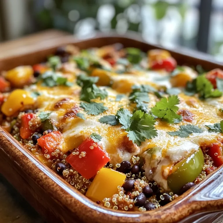 - 4 large bell peppers (any color), diced - 1 cup quinoa, rinsed - 2 cups low-sodium vegetable broth - 1 can (15 oz) black beans, drained and rinsed - 1 cup corn kernels (fresh or frozen) - 1 cup diced tomatoes (canned or fresh) - 1 teaspoon cumin - 1 teaspoon smoked paprika - 1 teaspoon garlic powder - 1/2 teaspoon onion powder - 1 cup shredded cheese (cheddar or Mexican blend) - Salt and pepper to taste - 2 tablespoons olive oil - Fresh cilantro for garnish (optional) You can switch bell peppers for any color you like. They all taste great! If you don’t have quinoa, try brown rice or even couscous. For a heartier dish, add ground meat or tofu. You can also use any type of canned beans, such as pinto or kidney beans. If you prefer fresh corn, cut it right off the cob. You may use store-bought seasoning blends if you don’t have the spices listed. Fresh ingredients often taste better. They can add bright flavor and texture to your dish. However, canned ingredients are convenient and save time. When using canned items, look for low-sodium options. They help you control the salt in your meal. I often combine both fresh and canned ingredients for the best taste and texture. This gives you flavor and ease in cooking. Start by bringing 2 cups of low-sodium vegetable broth to a boil. This gives your quinoa a tasty base. Rinse 1 cup of quinoa under cold water to remove any bitter taste. Add the rinsed quinoa to the boiling broth. Lower the heat and cover the pot. Let it simmer for 15 minutes. The quinoa will absorb all the liquid and become fluffy. Once done, set it aside to cool. In a large skillet, add 2 tablespoons of olive oil and heat it over medium heat. Dice up 4 large bell peppers in any color you like. Once the oil is hot, toss in the diced bell peppers. Sauté them for about 5 to 7 minutes. You want them to soften, but not mushy. Stir them often to ensure even cooking. After the bell peppers soften, it’s time to mix in the other ingredients. Stir in 1 can of drained and rinsed black beans, 1 cup of corn, and 1 cup of diced tomatoes. Add the cooked quinoa to the skillet next. Sprinkle in 1 teaspoon of cumin, 1 teaspoon of smoked paprika, 1 teaspoon of garlic powder, and 1/2 teaspoon of onion powder. Season with salt and pepper to taste. Mix everything well and let it heat through for 3 to 5 minutes. Now, transfer the mixture into a greased 9x13-inch baking dish. Don’t forget to sprinkle 1 cup of shredded cheese on top. Cover the dish with aluminum foil to keep moisture in. Bake in a preheated oven at 375°F (190°C) for 25 minutes. After that, remove the foil and bake for another 10 to 15 minutes. You want the cheese to bubble and get golden. Once baked, let the casserole cool for a few minutes. This helps the layers set. For a fresh touch, garnish with chopped cilantro if you like. Serve warm and enjoy a dish that is simple yet full of flavor. To cook quinoa just right, rinse it well. This removes bitter taste. Use a 1:2 ratio of quinoa to broth. Bring the broth to a boil first. Then, add the rinsed quinoa. Reduce heat and cover. Let it simmer for about 15 minutes. The quinoa should look fluffy and soft. If it’s too dry, add a little water. When sautéing, use medium heat to avoid burning. Heat your oil before adding vegetables. Add diced bell peppers first. Cook them for 5-7 minutes until they soften. Stir often to cook evenly. Once they’re soft, add other vegetables like corn and beans. This method keeps flavors bright and fresh. Baking is key for great cheese. Cover your dish with foil first. This helps steam the casserole and melt cheese. Bake for 25 minutes covered. After that, remove the foil. Bake for another 10-15 minutes. Cheese should be golden and bubbly. Watch carefully to avoid over-baking. You can adapt this recipe for many diets. For a meat option, add cooked ground turkey or beef. If you're vegan, skip cheese or use a plant-based version. For gluten-free needs, quinoa is naturally safe. You can also swap in brown rice. Each change can bring new flavors and textures. {{image_2}} You can add meat for extra flavor in this casserole. Ground turkey or beef works well. Simply brown the meat in the skillet before adding the bell peppers. You can use about one pound of meat. Make sure to drain excess fat to keep it light. Chicken breast, diced small, is another tasty option. This adds protein and makes the dish more filling. For a vegetarian twist, use lentils instead of meat. Lentils cook fast and are packed with protein. You can also add more beans, like kidney beans or pinto beans. For a vegan version, skip the cheese or use a plant-based cheese. Nutritional yeast can also add a cheesy flavor without dairy. This keeps the dish tasty and friendly for all diets. You can change the flavor with herbs and spices. Try adding fresh basil or oregano for a garden taste. If you like heat, add chili powder or cayenne pepper. A squeeze of lime juice brightens the dish and adds zest. Mixing in fresh cilantro right before serving gives a fresh burst of flavor. Feel free to experiment and find your favorite mix. After you enjoy your stuffed bell pepper casserole, store the leftovers in an airtight container. This helps keep it fresh. You can place it in the fridge for up to four days. Make sure to let it cool before sealing the container. If you want to save it for longer, consider freezing it. To freeze the casserole, cut it into portions. Wrap each piece tightly in plastic wrap, then place it in a freezer-safe bag. This method helps avoid freezer burn. When you’re ready to eat, thaw it in the fridge overnight. Reheat in the oven at 350°F (175°C) until warm. This should take about 20-30 minutes. You can also reheat it in the microwave for a faster option. Just cover it to keep moisture in. Leftover casserole can be served in many ways. You can enjoy it as is or add fresh toppings. Try adding more cheese, avocado, or extra cilantro for flavor. It also pairs well with a side salad or some crusty bread. This makes for a complete meal that is both easy and delicious! Stuffed Bell Pepper Casserole lasts about 3 to 5 days in the fridge. Store it in an airtight container to keep it fresh. The flavors can even get better after a day or two! Yes, you can make this casserole in advance. Prepare it up to the baking step, cover it tightly, and keep it in the fridge. When you are ready to bake, just add a few extra minutes to the cooking time. Great sides for this casserole include: - A simple green salad - Garlic bread - Steamed vegetables - Rice or quinoa on the side These sides add freshness and balance to the meal. Absolutely! You can swap quinoa for other grains like rice, farro, or barley. Just make sure to adjust the cooking time and liquid amounts based on the grain you choose. Yes, this recipe is gluten-free. All the ingredients like quinoa, beans, and veggies are safe for a gluten-free diet. Always check labels for any packaged items to ensure they are gluten-free. Stuffed Bell Pepper Casserole is simple and fun to make. We covered the key ingredients, cooking steps, and tips for perfect results. Remember to choose fresh bites when possible, but canned can work too. With meat, veggie, or unique flavor options, there’s something for everyone. Store leftovers wisely and enjoy them later. This dish offers variety and ease, making it a great go-to for meals. Dive into this recipe and make it your own! Enjoy the warmth and taste this casserole brings.