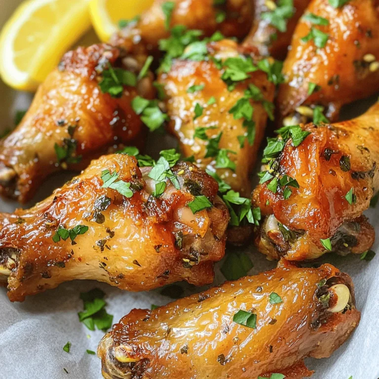 To make Air Fryer Garlic Herb Chicken Wings, you need fresh ingredients. Here’s what you need: - 2 pounds chicken wings - 4 tablespoons olive oil - 4 cloves garlic, minced - 2 teaspoons dried oregano - 2 teaspoons dried thyme - 1 teaspoon smoked paprika - 1 teaspoon onion powder - 1 teaspoon salt - 1/2 teaspoon black pepper - Fresh parsley, chopped (for garnish) - Lemon wedges (for serving) Each ingredient plays a key role in flavor. The chicken wings are the star. They soak up the garlic and herbs. Olive oil helps the wings crisp up in the air fryer. Garlic adds a strong taste, while oregano and thyme bring earthy notes. Smoked paprika gives a nice depth. Onion powder adds sweetness. Salt and pepper enhance all the flavors. Garnishing with fresh parsley makes the dish pop. Lemon wedges add a zesty kick when served. This combination creates a tasty meal that everyone will love. First, you should preheat the air fryer to 375°F (190°C). This takes about 5 minutes. Preheating is key. It helps the wings cook evenly and get crispy. Next, it's time to make the marinade. In a large bowl, combine 4 tablespoons of olive oil with 4 minced garlic cloves, 2 teaspoons of dried oregano, 2 teaspoons of dried thyme, 1 teaspoon of smoked paprika, 1 teaspoon of onion powder, 1 teaspoon of salt, and 1/2 teaspoon of black pepper. This mix gives the wings great flavor. Toss the chicken wings into the bowl. Coat them well in the marinade. For the best taste, let them marinate for at least 30 minutes. If you have time, refrigerate them for up to 2 hours. Now, arrange the marinated chicken wings in the air fryer basket. Place them in a single layer. Do not overcrowd the basket; this ensures they cook well. Cook the wings for 25 to 30 minutes. Flip them halfway through cooking. This helps them brown nicely. Once they are golden and crispy, remove them from the air fryer. Let them rest for a few minutes before serving. To get those wings really crispy, start with dry chicken. Pat them with paper towels. This helps remove excess moisture. Use a little baking powder in your marinade. It makes the skin super crispy. Cook your wings in a single layer in the air fryer. This lets the hot air flow around them. Flip them halfway for even cooking. If you like them extra crispy, add a few extra minutes to your cook time. For deeper flavor, marinate the wings longer. Aim for at least 30 minutes, but 2 hours is better. The key is to coat them well with the olive oil and spices. You can switch up the herbs too. Try adding rosemary or basil for a different taste. A pinch of cayenne pepper can give your wings a nice kick. Experiment with flavors to find your favorite mix! Serve your wings hot with dips like ranch or blue cheese. Fresh veggies like carrots and celery also pair well. For a fun twist, add lemon wedges on the side. This gives a fresh burst of flavor. You can also arrange them on a platter with fresh parsley for a nice look. This makes them great for parties or game day! {{image_2}} You can turn up the heat with spicy garlic herb wings. To do this, add hot sauce or cayenne pepper to your marinade. This extra kick will make your wings exciting and bold. You can adjust the spice levels to fit your taste. If you like it mild, start with a little hot sauce. If you want it fiery, add more. Experiment until you find your perfect heat balance. Another tasty option is honey garlic chicken wings. Adding honey brings a sweet touch to your dish. Mix honey into the marinade with the garlic and herbs. This sweetness pairs well with the savory flavors. If you want a complex taste, try adding soy sauce or ginger. These ingredients will help balance the sweet and savory notes. For a fresh twist, try lemon garlic wings. Use fresh lemon juice in your marinade for a bright flavor. The acidity helps cut through the richness of the wings. After cooking, you can garnish them with lemon wedges. This will enhance the taste and add a colorful touch to your plate. Fresh herbs like cilantro or basil can also make great garnishes, adding a pop of flavor and color. To keep your chicken wings fresh, use airtight containers. Glass or plastic containers work well. Make sure the wings cool to room temperature before sealing. Store the wings in the fridge for up to three days. For the best texture, reheat in the air fryer. Set it to 375°F (190°C) and heat for about 5-10 minutes. This method keeps the wings crispy. You can also use an oven, but the air fryer gives better results. If you want to store wings longer, freezing is a great option. Place them in freezer bags. Remove as much air as possible before sealing. You can freeze them for up to three months. To thaw, place the wings in the fridge overnight. This method keeps them safe and tasty. Once thawed, reheat as mentioned above for crispy wings. Cook chicken wings in your air fryer for 25-30 minutes. Flip them halfway during cooking. This time helps the wings get crispy and golden brown. If you like them extra crispy, you can add a few more minutes. Just keep an eye on them to avoid burning. Yes, you can use frozen chicken wings! Just add a few extra minutes to the cooking time. Cook them at 375°F (190°C) for about 30-35 minutes. Flip them halfway for even cooking. Make sure they are cooked all the way through, reaching an internal temperature of 165°F (75°C). These wings pair well with many tasty sides. Here are some suggestions: - Celery sticks - Carrot sticks - Ranch dressing - Blue cheese dressing - Crispy potato wedges - Fresh salad - Garlic bread Feel free to mix and match these sides for a fun meal! You now know how to make tasty air fryer chicken wings. Start with the right ingredients and a good marinade. Preheat your air fryer for crispy results. Remember to flip the wings for even cooking. Experiment with flavors, like spicy, honey garlic, or lemon. Store any leftovers properly and reheat to keep them crunchy. Cooking wings can be easy and fun. Enjoy your delicious creation with your favorite dips and sides!