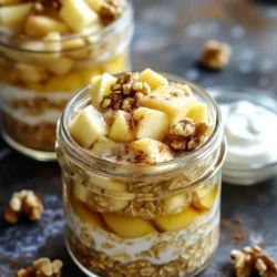- 1 cup rolled oats - 1 ½ cups unsweetened almond milk (or any milk of choice) - 1 medium apple, diced (preferably a sweet variety like Fuji or Honeycrisp) - 1 tablespoon chia seeds - 1 tablespoon maple syrup (adjust to taste) - 1 teaspoon cinnamon - ¼ teaspoon vanilla extract - A pinch of salt - Chopped nuts (such as walnuts or pecans) for topping - Optional: A dollop of Greek yogurt for creaminess - Rolled oats provide fiber and help keep you full. - Almond milk is low in calories and dairy-free. - Apples add vitamins and natural sweetness. - Chia seeds are rich in omega-3 fatty acids and protein. - Maple syrup offers a natural sweetener with minerals. - Cinnamon can help regulate blood sugar levels. - Vanilla extract adds flavor without extra calories. - Salt enhances all the flavors in the dish. - Chopped nuts add healthy fats, protein, and crunch. - Greek yogurt provides creaminess and extra protein. - Use oat milk for a nut-free option. - Substitute honey for maple syrup if not vegan. - Try pears instead of apples for a different taste. - Use flax seeds in place of chia seeds for similar benefits. - Omit nuts if you have a nut allergy; try seeds instead. - For a dairy-free creamy option, use coconut yogurt. These ingredients create a delicious and healthy breakfast. You can easily adjust them to fit your needs! To make apple cinnamon overnight oats, you start with a medium bowl. First, add 1 cup of rolled oats, 1 tablespoon of chia seeds, and a diced medium apple. I like using sweet apples like Fuji or Honeycrisp for more flavor. Then, sprinkle in 1 teaspoon of cinnamon and a pinch of salt. Stir everything until it is well mixed. In another bowl, whisk together 1 ½ cups of unsweetened almond milk, 1 tablespoon of maple syrup, and ¼ teaspoon of vanilla extract. This adds a nice touch of sweetness. Pour this liquid mixture over the dry ingredients. Mix well so that all the oats get coated. While mixing, ensure you break up any clumps of oats. This helps the oats soak up the milk better. You can use a spatula or a spoon to fold the ingredients together gently. If you want a creamier texture, add a dollop of Greek yogurt during mixing. It adds flavor and richness. Make sure not to overmix. Just combine until everything is evenly blended. After mixing, transfer your oats to jars or containers. Leave some space at the top because the oats will expand as they soak. Seal the jars tightly and place them in the fridge overnight. This allows the oats to absorb the liquid and flavors fully. If you don’t have time to soak overnight, aim for at least 4-6 hours. The longer they soak, the creamier and tastier they become. In the morning, stir the oats well. If they seem thick, add a splash of milk to reach your desired consistency. Enjoy your delicious apple cinnamon overnight oats! To get creamy overnight oats, use the right milk. I like unsweetened almond milk, but any milk works. Mix it well with the dry oats. If the oats seem too thick in the morning, add a splash of milk. Stir it in until you reach that perfect, creamy texture. This small step makes a big difference! Want to make your oats even better? Try adding a few extras! A dash of nutmeg pairs well with cinnamon. You can also mix in a spoon of peanut butter for richness. If you like a bit of crunch, add chopped nuts or seeds on top. They bring a nice contrast to the soft oats. A dollop of Greek yogurt adds creaminess and protein too! Keep your overnight oats fresh by storing them in airtight jars. This helps prevent drying out. They last in the fridge for up to five days. Just remember to stir before enjoying. If you want to prepare a batch for the week, divide them into individual jars. This makes breakfast easy and quick! {{image_2}} You can mix in other fruits for fun flavors. Try adding sliced bananas or berries. Diced pears work well too. Each fruit gives a new taste, making your oats special. You can also switch between sweet and tart apples to find what you like best. Don’t be afraid to experiment! To make the recipe vegan, use almond milk or oat milk. Both are creamy and smooth. You can skip Greek yogurt or find a plant-based yogurt. This keeps your oats tasty and friendly for everyone. Always check labels to ensure there are no hidden dairy products. Maple syrup is sweet, but you can use honey if you prefer. For a lower-calorie option, try agave syrup. Top your oats with nuts, seeds, or granola for crunch. You might even add a spoonful of nut butter for creaminess. Each swap changes the flavor, so enjoy trying different combos! Store your apple cinnamon overnight oats in the fridge. Use airtight jars or containers. This keeps them fresh and tasty. Make sure to label your jars with the date. This helps you remember when you made them. Overnight oats can last up to five days in the fridge. After that, they might lose their texture. Always check for any off smells or colors before eating. If they look or smell strange, throw them away. Yes, you can freeze overnight oats! Just pour them into freezer-safe jars. Leave some space at the top for expansion. They can last up to three months in the freezer. When you are ready to eat, thaw them in the fridge overnight. Stir well before serving and add a splash of milk for creaminess. Yes, you can make Apple Cinnamon Overnight Oats a day ahead. This makes busy mornings easy. I like to prepare them the night before. Just mix everything in a jar and refrigerate. They will soak up all the flavors overnight. You’ll wake up to a tasty breakfast. For this recipe, I recommend sweet apples. Fuji and Honeycrisp are my favorites. They add great flavor and sweetness. You can also use Gala or Ambrosia apples. Just pick what you like best. The key is to enjoy your oats. No, chia seeds are not a must. They add texture and nutrition, though. If you don’t have them, your oats will still taste good. You can skip them or use flaxseeds instead. Just remember, oats need time to soak up the liquid. In this post, we explored the key ingredients for delicious overnight oats and their health benefits. I provided step-by-step instructions for prep, mixing, and soaking. We also discussed tips for perfect consistency, flavor boosts, and storage. Additionally, I shared variations for different diets and preferences. Overnight oats are easy to customize and convenient. With the right ingredients, you can enjoy tasty and nutritious meals daily. Start your own overnight oats journey today!