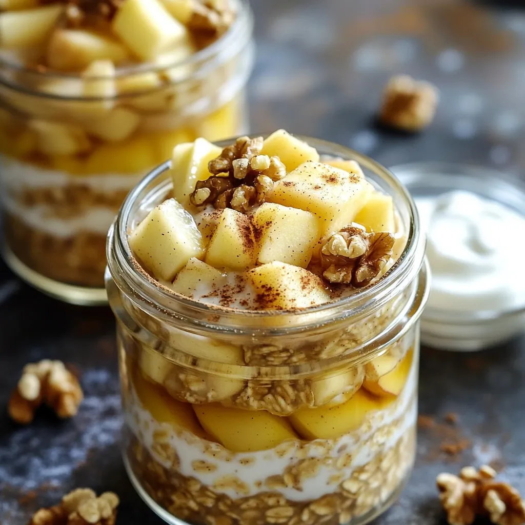 - 1 cup rolled oats - 1 ½ cups unsweetened almond milk (or any milk of choice) - 1 medium apple, diced (preferably a sweet variety like Fuji or Honeycrisp) - 1 tablespoon chia seeds - 1 tablespoon maple syrup (adjust to taste) - 1 teaspoon cinnamon - ¼ teaspoon vanilla extract - A pinch of salt - Chopped nuts (such as walnuts or pecans) for topping - Optional: A dollop of Greek yogurt for creaminess - Rolled oats provide fiber and help keep you full. - Almond milk is low in calories and dairy-free. - Apples add vitamins and natural sweetness. - Chia seeds are rich in omega-3 fatty acids and protein. - Maple syrup offers a natural sweetener with minerals. - Cinnamon can help regulate blood sugar levels. - Vanilla extract adds flavor without extra calories. - Salt enhances all the flavors in the dish. - Chopped nuts add healthy fats, protein, and crunch. - Greek yogurt provides creaminess and extra protein. - Use oat milk for a nut-free option. - Substitute honey for maple syrup if not vegan. - Try pears instead of apples for a different taste. - Use flax seeds in place of chia seeds for similar benefits. - Omit nuts if you have a nut allergy; try seeds instead. - For a dairy-free creamy option, use coconut yogurt. These ingredients create a delicious and healthy breakfast. You can easily adjust them to fit your needs! To make apple cinnamon overnight oats, you start with a medium bowl. First, add 1 cup of rolled oats, 1 tablespoon of chia seeds, and a diced medium apple. I like using sweet apples like Fuji or Honeycrisp for more flavor. Then, sprinkle in 1 teaspoon of cinnamon and a pinch of salt. Stir everything until it is well mixed. In another bowl, whisk together 1 ½ cups of unsweetened almond milk, 1 tablespoon of maple syrup, and ¼ teaspoon of vanilla extract. This adds a nice touch of sweetness. Pour this liquid mixture over the dry ingredients. Mix well so that all the oats get coated. While mixing, ensure you break up any clumps of oats. This helps the oats soak up the milk better. You can use a spatula or a spoon to fold the ingredients together gently. If you want a creamier texture, add a dollop of Greek yogurt during mixing. It adds flavor and richness. Make sure not to overmix. Just combine until everything is evenly blended. After mixing, transfer your oats to jars or containers. Leave some space at the top because the oats will expand as they soak. Seal the jars tightly and place them in the fridge overnight. This allows the oats to absorb the liquid and flavors fully. If you don’t have time to soak overnight, aim for at least 4-6 hours. The longer they soak, the creamier and tastier they become. In the morning, stir the oats well. If they seem thick, add a splash of milk to reach your desired consistency. Enjoy your delicious apple cinnamon overnight oats! To get creamy overnight oats, use the right milk. I like unsweetened almond milk, but any milk works. Mix it well with the dry oats. If the oats seem too thick in the morning, add a splash of milk. Stir it in until you reach that perfect, creamy texture. This small step makes a big difference! Want to make your oats even better? Try adding a few extras! A dash of nutmeg pairs well with cinnamon. You can also mix in a spoon of peanut butter for richness. If you like a bit of crunch, add chopped nuts or seeds on top. They bring a nice contrast to the soft oats. A dollop of Greek yogurt adds creaminess and protein too! Keep your overnight oats fresh by storing them in airtight jars. This helps prevent drying out. They last in the fridge for up to five days. Just remember to stir before enjoying. If you want to prepare a batch for the week, divide them into individual jars. This makes breakfast easy and quick! {{image_2}} You can mix in other fruits for fun flavors. Try adding sliced bananas or berries. Diced pears work well too. Each fruit gives a new taste, making your oats special. You can also switch between sweet and tart apples to find what you like best. Don’t be afraid to experiment! To make the recipe vegan, use almond milk or oat milk. Both are creamy and smooth. You can skip Greek yogurt or find a plant-based yogurt. This keeps your oats tasty and friendly for everyone. Always check labels to ensure there are no hidden dairy products. Maple syrup is sweet, but you can use honey if you prefer. For a lower-calorie option, try agave syrup. Top your oats with nuts, seeds, or granola for crunch. You might even add a spoonful of nut butter for creaminess. Each swap changes the flavor, so enjoy trying different combos! Store your apple cinnamon overnight oats in the fridge. Use airtight jars or containers. This keeps them fresh and tasty. Make sure to label your jars with the date. This helps you remember when you made them. Overnight oats can last up to five days in the fridge. After that, they might lose their texture. Always check for any off smells or colors before eating. If they look or smell strange, throw them away. Yes, you can freeze overnight oats! Just pour them into freezer-safe jars. Leave some space at the top for expansion. They can last up to three months in the freezer. When you are ready to eat, thaw them in the fridge overnight. Stir well before serving and add a splash of milk for creaminess. Yes, you can make Apple Cinnamon Overnight Oats a day ahead. This makes busy mornings easy. I like to prepare them the night before. Just mix everything in a jar and refrigerate. They will soak up all the flavors overnight. You’ll wake up to a tasty breakfast. For this recipe, I recommend sweet apples. Fuji and Honeycrisp are my favorites. They add great flavor and sweetness. You can also use Gala or Ambrosia apples. Just pick what you like best. The key is to enjoy your oats. No, chia seeds are not a must. They add texture and nutrition, though. If you don’t have them, your oats will still taste good. You can skip them or use flaxseeds instead. Just remember, oats need time to soak up the liquid. In this post, we explored the key ingredients for delicious overnight oats and their health benefits. I provided step-by-step instructions for prep, mixing, and soaking. We also discussed tips for perfect consistency, flavor boosts, and storage. Additionally, I shared variations for different diets and preferences. Overnight oats are easy to customize and convenient. With the right ingredients, you can enjoy tasty and nutritious meals daily. Start your own overnight oats journey today!