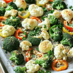 For this dish, you will need: - 2 cups broccoli florets - 2 cups cauliflower florets - 1 cup baby carrots, halved - 1 cup bell peppers, sliced (any color) These veggies give a nice mix of colors and textures. Broccoli and cauliflower provide crunch, while carrots add sweetness. Bell peppers bring in a burst of flavor. You’ll also need some key seasonings: - 6 cloves of garlic, minced - 1/4 cup olive oil - 1 teaspoon dried oregano - 1 teaspoon black pepper - 1 teaspoon salt The garlic adds a rich taste. Olive oil helps the veggies roast nicely. Oregano, salt, and pepper bring everything together. For a finishing touch, consider: - Fresh parsley for garnish (optional) Parsley adds a pop of color and freshness. It makes the dish look even better! First, you need to preheat your oven. Set it to 425°F (220°C). This heat will help your veggies roast well. Next, grab a large mixing bowl. Add 2 cups of broccoli florets, 2 cups of cauliflower florets, 1 cup of halved baby carrots, and 1 cup of sliced bell peppers. You can use any color of bell pepper you like. Make sure all the veggies are clean and dry. This step helps them roast nicely. Now, let’s make the garlic and olive oil mix. Take a small bowl and add 6 minced garlic cloves. Pour in 1/4 cup of olive oil. Then, add 1 teaspoon of dried oregano, 1 teaspoon of salt, and 1 teaspoon of black pepper. Whisk this mixture well until all the ingredients blend together. This mix adds great flavor to your veggies. Pour the garlic mixture over the veggies in the large bowl. Toss them well so that every piece gets coated. Next, spread the veggies out on a baking sheet lined with parchment paper. Make sure they are in a single layer. Place the baking sheet in your preheated oven. Roast for 20 minutes. After 20 minutes, take the baking sheet out. Sprinkle 1/2 cup of grated Parmesan cheese over the veggies. Return the baking sheet to the oven. Roast for an additional 10 to 15 minutes. Your veggies should become tender, and the cheese should be golden and bubbly. Once done, take them out and add fresh parsley on top if you want. To make sure your veggies cook evenly, cut them into similar sizes. For example, keep broccoli and cauliflower florets about the same size. Slice your bell peppers and carrots into pieces that match the size of the florets. This way, everything cooks at the same rate. Also, space the veggies out on the baking sheet. Too many veggies crowded together can lead to steaming instead of roasting. Choose fresh, vibrant vegetables. Look for broccoli and cauliflower with firm florets. For bell peppers, pick ones that are shiny and have no soft spots. Baby carrots should be bright orange and crisp. You can mix in other veggies too, like zucchini or asparagus, for extra flavor and color. Just remember to adjust the cooking time if you use softer vegetables. You can change the seasoning to fit your taste. If you love garlic, add more than six cloves. If you want some heat, try adding a pinch of red pepper flakes. Taste the veggie mixture before roasting to see if it needs more salt or pepper. Feel free to get creative. You can even switch out the oregano for thyme or rosemary. Just make sure to mix well so every bite is full of flavor. {{image_2}} You can mix in many veggies for roasted garlic parmesan veggies. Try zucchini, asparagus, or green beans. Each adds its own taste and texture. Cut these vegetables into similar sizes. This helps them cook evenly. You can also use seasonal vegetables. They often taste better and are fresher. If you want a different flavor, try cheese alternatives. Grated mozzarella or feta cheese works well. They melt nicely and add creaminess. For a dairy-free option, use nutritional yeast. It gives a cheesy taste without milk. Just sprinkle it on top before roasting. To spice things up, add your favorite seasonings. Red pepper flakes give a nice kick. If you love herbs, try thyme or rosemary. These herbs pair well with garlic and cheese. You can also add lemon zest for a fresh twist. This brightens the dish and adds a zing. Experiment and find your perfect flavor! Store your roasted garlic Parmesan veggies in an airtight container. They can stay in the fridge for up to four days. If you want to enjoy them later, let them cool before sealing. This keeps the veggies fresh and tasty. To reheat, use your oven or microwave. For the oven, preheat it to 350°F (175°C). Spread the veggies on a baking sheet. Heat them for about 10-15 minutes. This way, they stay crispy. In the microwave, place the veggies in a bowl and cover them. Heat for 2-3 minutes until warm. You can freeze the roasted veggies, but they may lose some crunch. Let them cool completely. Place them in a freezer-safe bag or container. They can last up to three months in the freezer. When you want to use them, thaw in the fridge overnight. Then, reheat as mentioned above. Enjoy your veggies any time! Yes, you can use frozen vegetables. Just make sure to thaw them first. Drain any excess water. This helps the veggies roast well. They may cook faster than fresh veggies, so keep an eye on them. To make this dish vegan, skip the Parmesan cheese. You can use nutritional yeast instead. It adds a cheesy flavor without dairy. You can also try vegan cheese, which melts nicely. You can mix in many seasonings. Try adding paprika for a smoky taste. Red pepper flakes give heat. Fresh herbs like thyme or rosemary work great too. Feel free to experiment with your favorites! You learned about fresh veggies, seasonings, and fun garnishes. I shared steps for prepping, roasting, and adding cheese. You now know tips for even cooking and choosing veggies. You can even explore variations and ways to store leftovers. Remember, cooking is personal. Feel free to make it yours. Enjoy your tasty creation!