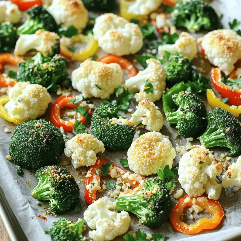 For this dish, you will need: - 2 cups broccoli florets - 2 cups cauliflower florets - 1 cup baby carrots, halved - 1 cup bell peppers, sliced (any color) These veggies give a nice mix of colors and textures. Broccoli and cauliflower provide crunch, while carrots add sweetness. Bell peppers bring in a burst of flavor. You’ll also need some key seasonings: - 6 cloves of garlic, minced - 1/4 cup olive oil - 1 teaspoon dried oregano - 1 teaspoon black pepper - 1 teaspoon salt The garlic adds a rich taste. Olive oil helps the veggies roast nicely. Oregano, salt, and pepper bring everything together. For a finishing touch, consider: - Fresh parsley for garnish (optional) Parsley adds a pop of color and freshness. It makes the dish look even better! First, you need to preheat your oven. Set it to 425°F (220°C). This heat will help your veggies roast well. Next, grab a large mixing bowl. Add 2 cups of broccoli florets, 2 cups of cauliflower florets, 1 cup of halved baby carrots, and 1 cup of sliced bell peppers. You can use any color of bell pepper you like. Make sure all the veggies are clean and dry. This step helps them roast nicely. Now, let’s make the garlic and olive oil mix. Take a small bowl and add 6 minced garlic cloves. Pour in 1/4 cup of olive oil. Then, add 1 teaspoon of dried oregano, 1 teaspoon of salt, and 1 teaspoon of black pepper. Whisk this mixture well until all the ingredients blend together. This mix adds great flavor to your veggies. Pour the garlic mixture over the veggies in the large bowl. Toss them well so that every piece gets coated. Next, spread the veggies out on a baking sheet lined with parchment paper. Make sure they are in a single layer. Place the baking sheet in your preheated oven. Roast for 20 minutes. After 20 minutes, take the baking sheet out. Sprinkle 1/2 cup of grated Parmesan cheese over the veggies. Return the baking sheet to the oven. Roast for an additional 10 to 15 minutes. Your veggies should become tender, and the cheese should be golden and bubbly. Once done, take them out and add fresh parsley on top if you want. To make sure your veggies cook evenly, cut them into similar sizes. For example, keep broccoli and cauliflower florets about the same size. Slice your bell peppers and carrots into pieces that match the size of the florets. This way, everything cooks at the same rate. Also, space the veggies out on the baking sheet. Too many veggies crowded together can lead to steaming instead of roasting. Choose fresh, vibrant vegetables. Look for broccoli and cauliflower with firm florets. For bell peppers, pick ones that are shiny and have no soft spots. Baby carrots should be bright orange and crisp. You can mix in other veggies too, like zucchini or asparagus, for extra flavor and color. Just remember to adjust the cooking time if you use softer vegetables. You can change the seasoning to fit your taste. If you love garlic, add more than six cloves. If you want some heat, try adding a pinch of red pepper flakes. Taste the veggie mixture before roasting to see if it needs more salt or pepper. Feel free to get creative. You can even switch out the oregano for thyme or rosemary. Just make sure to mix well so every bite is full of flavor. {{image_2}} You can mix in many veggies for roasted garlic parmesan veggies. Try zucchini, asparagus, or green beans. Each adds its own taste and texture. Cut these vegetables into similar sizes. This helps them cook evenly. You can also use seasonal vegetables. They often taste better and are fresher. If you want a different flavor, try cheese alternatives. Grated mozzarella or feta cheese works well. They melt nicely and add creaminess. For a dairy-free option, use nutritional yeast. It gives a cheesy taste without milk. Just sprinkle it on top before roasting. To spice things up, add your favorite seasonings. Red pepper flakes give a nice kick. If you love herbs, try thyme or rosemary. These herbs pair well with garlic and cheese. You can also add lemon zest for a fresh twist. This brightens the dish and adds a zing. Experiment and find your perfect flavor! Store your roasted garlic Parmesan veggies in an airtight container. They can stay in the fridge for up to four days. If you want to enjoy them later, let them cool before sealing. This keeps the veggies fresh and tasty. To reheat, use your oven or microwave. For the oven, preheat it to 350°F (175°C). Spread the veggies on a baking sheet. Heat them for about 10-15 minutes. This way, they stay crispy. In the microwave, place the veggies in a bowl and cover them. Heat for 2-3 minutes until warm. You can freeze the roasted veggies, but they may lose some crunch. Let them cool completely. Place them in a freezer-safe bag or container. They can last up to three months in the freezer. When you want to use them, thaw in the fridge overnight. Then, reheat as mentioned above. Enjoy your veggies any time! Yes, you can use frozen vegetables. Just make sure to thaw them first. Drain any excess water. This helps the veggies roast well. They may cook faster than fresh veggies, so keep an eye on them. To make this dish vegan, skip the Parmesan cheese. You can use nutritional yeast instead. It adds a cheesy flavor without dairy. You can also try vegan cheese, which melts nicely. You can mix in many seasonings. Try adding paprika for a smoky taste. Red pepper flakes give heat. Fresh herbs like thyme or rosemary work great too. Feel free to experiment with your favorites! You learned about fresh veggies, seasonings, and fun garnishes. I shared steps for prepping, roasting, and adding cheese. You now know tips for even cooking and choosing veggies. You can even explore variations and ways to store leftovers. Remember, cooking is personal. Feel free to make it yours. Enjoy your tasty creation!