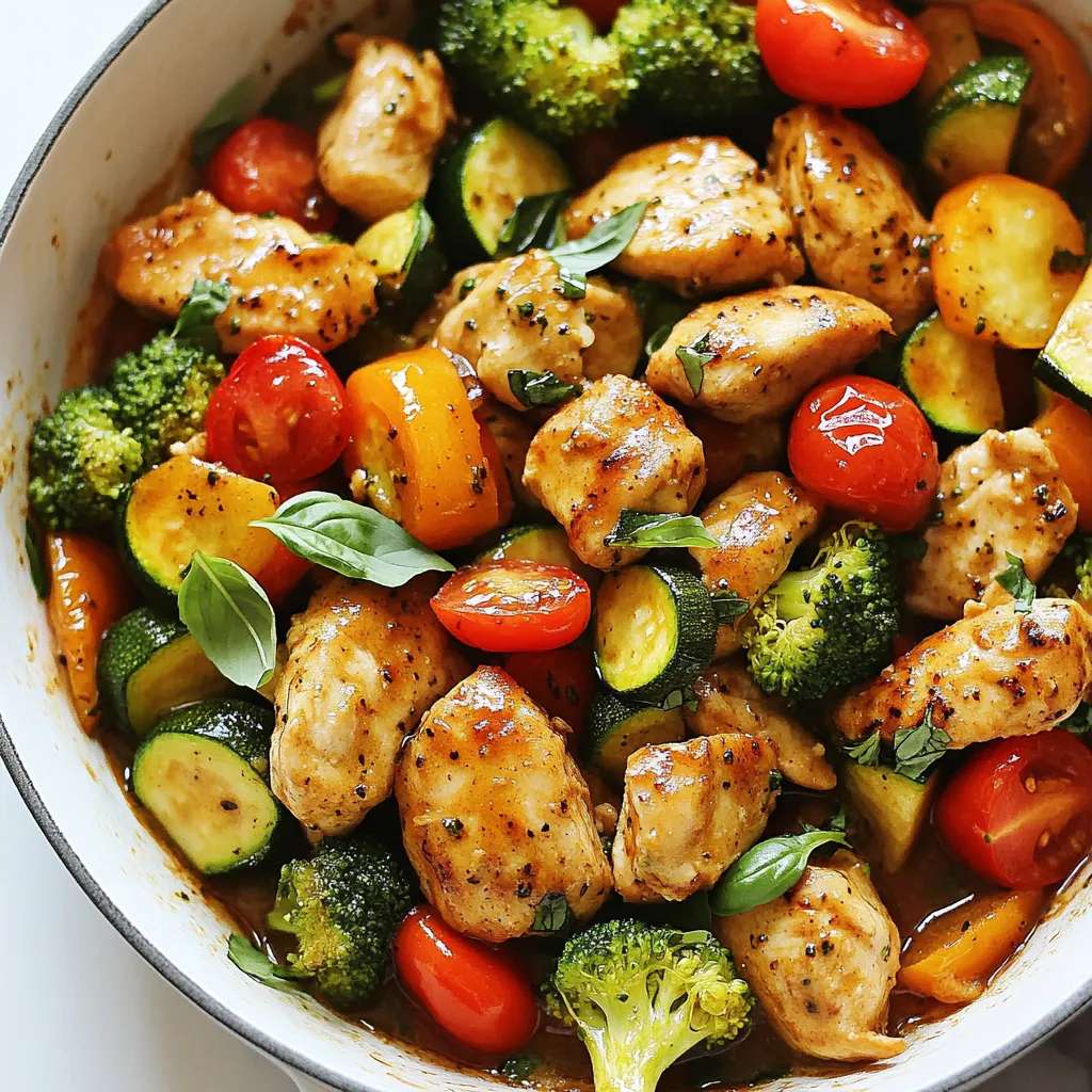 To make a Chicken Vegetable Skillet Dinner, you need a few key ingredients. Here’s what you will need: - Chicken and Vegetables - 2 boneless, skinless chicken breasts, diced - 1 medium red bell pepper, sliced - 1 medium zucchini, sliced - 1 cup broccoli florets - 1 cup cherry tomatoes, halved - Spices and Seasonings - 3 cloves garlic, minced - ½ teaspoon smoked paprika - ½ teaspoon dried oregano - Salt and pepper to taste - Broth and Garnish - 1 tablespoon olive oil - ¼ cup low-sodium chicken broth - Fresh basil, chopped (for garnish) Each ingredient plays a vital role in the dish. The chicken provides protein, while the veggies add color and crunch. Garlic gives a rich taste, and the spices bring warmth. The chicken broth keeps everything juicy, and basil adds a fresh touch. Feel free to adjust the veggies to your liking. You can also swap the chicken for turkey or tofu if you want. This meal is fun to make and full of flavor! {{ingredient_image_1}} - Heat the Skillet Start by heating 1 tablespoon of olive oil in a large skillet. Use medium-high heat for the best results. The oil helps cook the chicken evenly. - Season and Cook Chicken Add 2 diced chicken breasts to the skillet. Sprinkle salt, pepper, smoked paprika, and dried oregano on top. Cook the chicken for 5-7 minutes. Stir it often. Look for a golden brown color and no pink in the middle. - Add Garlic Once the chicken cooks, add 3 minced garlic cloves. Sauté for 1-2 minutes. This will fill your kitchen with a wonderful smell. - Sautéing the Bell Pepper, Zucchini, and Broccoli Now, add 1 sliced red bell pepper, 1 sliced zucchini, and 1 cup of broccoli florets. Sauté these for about 4-5 minutes. You want them tender but still crisp. - Adding Cherry Tomatoes and Chicken Broth Next, toss in 1 cup of halved cherry tomatoes. Pour in ¼ cup of low-sodium chicken broth. Stir everything well. Cook for another 2-3 minutes until all the flavors blend. - Adjust Seasoning Taste the dish and adjust the seasoning. Add more salt or pepper if needed. Make sure it has the right flavor for you. - Garnish and Serve Remove the skillet from heat. Garnish with fresh chopped basil. This adds color and flavor. Serve the skillet dinner right from the pan for a cozy feel. - Seasoning Suggestions: Use smoked paprika and oregano for a tasty kick. Add salt and pepper, too. Fresh herbs like basil add a burst of flavor. You can also try thyme or parsley for a different twist. - Garlic Tips: Always use fresh garlic for the best taste. Mince it finely to release its full flavor. Add garlic right after the chicken cooks. This way, it won't burn and will stay fragrant. - Maintaining Vegetable Crispness: Cook vegetables on high heat for a short time. This keeps them colorful and crunchy. Stir them often to ensure even cooking. - Skillet vs. Oven Cooking: A skillet cooks food quickly and lets you control heat. Oven cooking roasts food but takes longer. For this dish, the skillet is best for quick meals. Pro Tips Perfectly Cooked Chicken: Ensure the chicken is diced uniformly for even cooking. This will help it cook faster and avoid dryness. Fresh Vegetables: Use seasonal vegetables for the best flavor and texture. Feel free to substitute based on availability! Flavor Boost: Add a splash of soy sauce or balsamic vinegar just before serving for an extra punch of flavor. Meal Prep Friendly: This dish can be made ahead and reheated for quick lunches or dinners throughout the week. {{image_2}} You can swap chicken for turkey. Turkey has a similar taste and works well. Just use the same cooking steps. If you want a plant option, try tofu. Use firm tofu for the best texture. Cut it into cubes, and cook it just like the chicken. For a full veggie dish, leave out the meat. Increase the veggies in the skillet. Try adding extra zucchini or bell peppers. You can also add mushrooms for a nice touch. Using seasonal vegetables is fun. You can use carrots in the spring or squash in the fall. Fresh veggies add great flavor and color. Mixing different flavors can change the dish. Try adding spinach or kale for more greens. You can also use corn for sweetness. These swaps make each meal unique. - Use airtight containers for storing leftovers. - Glass or plastic containers work well. - Allow the food to cool before sealing. - Store in the fridge for up to three days. - Label containers with the date to track freshness. - Use the microwave for quick reheating. - Place food in a microwave-safe dish. - Add a splash of broth to keep it moist. - Cover with a damp paper towel to trap steam. - Heat in short bursts, stirring in between. - Alternatively, reheat on the stove in a skillet. - Use low heat to warm slowly. - Stir often to avoid burning. To prevent dryness, always add a bit of broth or water. This keeps your chicken vegetable skillet dinner juicy and tasty. Enjoy those leftovers just as much as the first meal! How long does it take to cook chicken in a skillet? It takes about 5-7 minutes to cook chicken in a skillet. The chicken should be golden brown and no longer pink. Always check the thickest part to ensure it is fully cooked. Can I make this dish ahead of time? Yes, you can make this dish ahead of time. Cook the chicken and veggies, then cool them down. Store in an airtight container in the fridge. This way, you can reheat it later for a quick meal. What to serve with chicken vegetable skillet dinner? You can serve this dish with rice, quinoa, or a fresh salad. A crusty bread pairs well too. For a light option, serve it with steamed vegetables or a simple green salad. Choose what you enjoy most! In this blog post, we covered the ingredients, steps, and tips for cooking a tasty chicken vegetable skillet. You learned about essential spices and how to cook chicken just right. I shared techniques for keeping vegetables crisp and flavors strong. Remember, you can mix in different ingredients to make this dish your own. Storing and reheating tips ensure you enjoy leftovers too. With these ideas, you can create a meal that will please everyone. Happy cooking!
