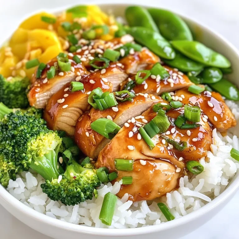 - 2 cups jasmine rice - 4 boneless, skinless chicken thighs - 1/4 cup soy sauce (low sodium) - 2 tablespoons honey - 2 tablespoons sesame oil - 1 tablespoon rice vinegar - 2 garlic cloves, minced - 1-inch piece of ginger, grated - 1 tablespoon cornstarch - 1 cup chicken broth - 1/2 cup sliced green onions - 1/4 cup sesame seeds - Optional: Steamed broccoli or snap peas Gather these ingredients before you start cooking. Each item plays a key role. The jasmine rice provides a fluffy base. The chicken thighs add rich flavor and texture. The soy sauce and honey create a sweet and salty glaze. Sesame oil adds depth, while rice vinegar gives a nice tang. Garlic and ginger bring warmth to the dish. Cornstarch helps thicken the sauce. Green onions and sesame seeds are perfect for garnishing. You can include steamed broccoli or snap peas for added color and nutrients. This combination makes the sticky chicken rice bowls both tasty and visually appealing. {{ingredient_image_1}} - Rinse rice until clear. - Cook rice with water or chicken broth. To start, I rinse the jasmine rice under cold water. This step washes away any excess starch. You want the water to run clear. After rinsing, I cook the rice as per the package directions. You can use plain water or chicken broth for added flavor. Once done, I set the rice aside. - Mix soy sauce, honey, sesame oil, rice vinegar, garlic, ginger, salt, and pepper. - Marinate the chicken. Next, I prepare the marinade for the chicken. In a bowl, I combine soy sauce, honey, sesame oil, and rice vinegar. I also add minced garlic, grated ginger, salt, and pepper. This mix creates a tasty base. I coat the chicken thighs in this marinade. I let them soak for at least 30 minutes. For even deeper flavor, you can marinate them for up to 2 hours. - Sear chicken thighs in a pan. - Let rest before slicing. After marinating, I heat a large pan over medium heat. I take the chicken thighs out of the marinade, saving that sauce for later. I place the chicken in the hot pan. It cooks for about 5-6 minutes on each side until golden brown. Once cooked, I remove the chicken and let it rest for a few minutes before slicing it. - Thicken reserved marinade with chicken broth and cornstarch. - Adjust seasoning. In the same pan, I add the saved marinade. I mix it with chicken broth and cornstarch. This combination helps thicken the sauce. I bring it to a gentle simmer while whisking. After about 3-4 minutes, the sauce thickens nicely. I taste it and adjust the seasoning with salt and pepper if needed. - Portion rice into bowls. - Add sliced chicken and sauce on top. Now comes the fun part — assembling the bowls! I scoop a generous portion of jasmine rice into each bowl. Then, I add the sliced chicken on top. Finally, I drizzle the thick sauce over everything. This creates a beautiful and tasty dish. - Sprinkle green onions and sesame seeds. - Serve with optional vegetables. To finish, I sprinkle sliced green onions and sesame seeds over the bowls. This adds color and crunch. I also like to serve the bowls with steamed broccoli or snap peas. These veggies add nutrition and color to the meal. Enjoy your beautiful sticky chicken rice bowls! For the best flavor, I recommend marinating the chicken for at least 30 minutes. This allows the marinade to soak in. If you want a deeper taste, let it marinate for up to 2 hours in the fridge. If you are short on time, you can still get good flavor. Just make sure to cut the chicken into smaller pieces. This speeds up the process and lets the marinade work faster. To ensure the chicken is perfectly cooked, use medium heat. Cook it for about 5-6 minutes on each side. The chicken should be golden brown and fully cooked inside. You can also try grilling or baking the chicken. Grilling adds a nice smoky flavor, while baking can be easier for meal prep. Just remember to check that it reaches an internal temperature of 165°F. To make your sticky chicken rice bowls even better, serve them with sides like steamed broccoli or snap peas. These add color and nutrition. If you have leftover chicken and rice, you can mix them into a stir-fry. Just toss them in a pan with some veggies and a splash of soy sauce for a quick meal. Pro Tips Marination Time: For deeper flavor, marinate the chicken for at least 2 hours or overnight in the refrigerator. Perfect Rice: Rinse the jasmine rice thoroughly to remove excess starch, ensuring fluffy rice when cooked. Thickening Sauce: If the sauce isn't thickening as desired, dissolve an extra teaspoon of cornstarch in water and add it gradually while stirring. Garnish for Extra Flavor: Adding a sprinkle of crushed red pepper flakes can give your dish an extra kick! {{image_2}} You can easily swap chicken for other proteins. Tofu works great for a vegetarian option. Just press and cube the tofu, then marinate it like the chicken. You can also use shrimp or pork if you like. Each protein gives a new taste and texture to your bowl. Try different sauces or marinades to change the flavor. Teriyaki sauce adds a sweet twist, while hoisin sauce can bring a rich depth. You can also add spices like chili flakes for heat. Fresh herbs like cilantro or basil can brighten up the dish. Don’t be afraid to mix flavors to find your favorite! Brown rice or quinoa are excellent replacements for jasmine rice. Brown rice has a nutty flavor and is more fibrous. Quinoa cooks faster and is packed with protein. Just remember to adjust the cooking times. Quinoa cooks in about 15 minutes, while brown rice takes closer to 45 minutes. Enjoy experimenting with these healthy swaps! To keep your sticky chicken rice bowls fresh, store them in airtight containers. Make sure the chicken and rice cool down before sealing. This helps stop moisture build-up. Keep them in the fridge for up to three days. If you plan to eat them later than that, consider freezing. For best results when reheating, use a microwave or stovetop. Place the rice and chicken in a microwave-safe dish. Add a splash of water to help steam it. Heat in short bursts, checking often, until warm. If using the stovetop, add a little water and stir over low heat. Ensure the chicken reaches an internal temperature of 165°F for safety. To freeze sticky chicken rice bowls, portion them into freezer-safe containers. Leave some space at the top for expansion. You can freeze them for up to three months. When ready to eat, move the container to the fridge for a night to thaw. Reheat as mentioned above, ensuring it's heated through before serving. You can use several types of rice instead of jasmine rice. Here are some good options: - Basmati rice - Long-grain white rice - Brown rice - Quinoa - Cauliflower rice for a low-carb option Each of these choices brings its own flavor and texture. Basmati has a nutty taste, while brown rice adds a chewy bite. Quinoa is packed with protein, making it a healthy swap. To make sticky chicken healthier, consider these tips: - Use skinless chicken thighs or breasts. - Opt for low-sodium soy sauce. - Swap honey for a natural sweetener like maple syrup. - Reduce the amount of sesame oil. - Add more vegetables to increase fiber and nutrients. These changes can cut calories and sodium while keeping the flavor intact. Yes, you can prepare sticky chicken rice bowls ahead of time. Here’s how: - Marinate the chicken up to 2 hours before cooking. - Cook the rice and chicken in advance. - Store the rice and chicken in separate containers in the fridge. This meal lasts about 3-4 days in the fridge. Just reheat before serving. To make your chicken extra sticky, try these techniques: - Ensure the sauce simmers long enough to thicken. - Use cornstarch to create a glaze-like texture. - Coat the cooked chicken in the sauce before serving. These steps can help you achieve that perfect sticky finish. Adding vegetables to your sticky chicken rice bowls enhances flavor and nutrition. Here are some great choices: - Steamed broccoli - Snap peas - Bell peppers - Carrots - Bok choy These vegetables add color and crunch to your meal. They also provide vitamins and minerals. This blog post guides you through making delicious sticky chicken rice bowls. You learned the key ingredients, step-by-step cooking methods, and helpful tips. Variations allow you to customize your dish, while storage info ensures your leftovers stay fresh. Enjoy experimenting with flavors and ingredients that suit your taste. Remember, cooking should be fun and creative. These bowls are more than meals; they are a chance to share good food with others. Dive in, and savor every bite!