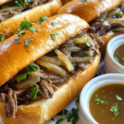 To make delicious Crockpot French Dip Sandwiches, you need these simple ingredients: - 3 pounds beef chuck roast - 1 tablespoon olive oil - 1 onion, sliced - 4 cloves garlic, minced - 4 cups beef broth - 1 tablespoon Worcestershire sauce - 1 teaspoon dried thyme - 1/2 teaspoon black pepper - 8 hoagie rolls - Provolone cheese slices (optional) - Fresh parsley, chopped (for garnish) These ingredients create a rich, savory flavor. The beef chuck roast is key for tenderness. Searing it adds depth to the taste. The onions and garlic bring sweetness and aroma. Beef broth keeps the meat moist during cooking. Worcestershire sauce adds a tangy kick. Thyme and black pepper enhance the overall flavor. Hoagie rolls hold the meat well, making each bite satisfying. Provolone cheese adds creaminess, but it’s optional. Fresh parsley brightens up the dish and makes it look nice. Gather these ingredients, and you’re ready to create a fantastic meal! {{ingredient_image_1}} First, heat a large skillet over medium-high heat. Add 1 tablespoon of olive oil. Once hot, sear the beef chuck roast. Brown it on all sides for about 3 to 4 minutes. This step locks in flavor, making the beef taste amazing. After searing, transfer the beef to your crockpot. This is where the magic happens. Next, layer 1 sliced onion and 4 minced garlic cloves on top of the beef. These add great taste. In a measuring cup, mix 4 cups of beef broth, 1 tablespoon of Worcestershire sauce, 1 teaspoon of dried thyme, and 1/2 teaspoon of black pepper. Pour this mixture over the beef and onions in the crockpot. This broth will keep the beef juicy and full of flavor. Now, cover the crockpot. You can cook on low heat for 8 to 10 hours or on high for 4 to 6 hours. The goal is fork-tender beef. This means you should be able to shred it easily with a fork. This step is key to a great sandwich. When the beef is ready, take it out and place it on a cutting board. Use two forks to shred the beef into bite-sized pieces. If you like, toast the hoagie rolls to make them crispy. Fill each roll with the shredded beef, adding sautéed onions and a slice of provolone cheese if you want. This adds creaminess and richness to your sandwich. Enjoy your delicious creation! To make your French Dip sandwiches taste amazing, try these seasonings: - 1 teaspoon smoked paprika - 1 teaspoon onion powder - 1 teaspoon garlic powder These spices add depth to the dish. Browning the meat is also key. It brings out rich flavors and adds a nice color. Sear the beef chuck roast for about 3-4 minutes on each side. This step makes a big difference in taste. Customizing your broth can be fun. Add a splash of soy sauce for extra umami. You can also toss in fresh herbs like thyme or rosemary. If you have leftover broth, use it in soups or sauces. It adds great flavor and saves waste. For sides, serve potato chips or a fresh salad. They pair well with the rich beef. You can also add toppings like sautéed mushrooms or jalapeños for extra kick. Provolone cheese melts beautifully, making the sandwich even better! Pro Tips Perfectly Shredded Beef: Let the beef rest for a few minutes after cooking before shredding. This helps the juices redistribute, resulting in more flavorful and moist meat. Enhance the Broth: For a richer flavor, consider adding a splash of red wine to the broth mixture before pouring it over the beef. Cheese Melting Tip: If using provolone cheese, place the cheese on the hot shredded beef and cover it for a minute to melt it perfectly. Leftover Storage: Store leftover beef and broth separately in airtight containers in the fridge. This will keep the bread from getting soggy and the beef fresh. {{image_2}} You can switch things up by using chicken or pork. Chicken thighs work well when cooked low and slow. They stay juicy and absorb flavors nicely. Pork shoulder also gives a rich taste and shreds easily. Both options create tasty sandwiches. For vegetarians, consider using jackfruit or mushrooms. Jackfruit has a meat-like texture and soaks up flavors. Mushrooms add an earthy taste and are hearty too. These swaps keep the meal satisfying without meat. While hoagie rolls are classic, you can try different bread types. A fresh baguette or French bread adds a nice crunch. Sourdough rolls bring a tangy twist that many enjoy. If you need gluten-free options, look for gluten-free hoagie rolls. These can be found in most stores. You can even use lettuce wraps for a low-carb choice. Each bread type can change the meal's vibe. Provolone cheese is great, but feel free to explore other options. Cheddar gives a sharp flavor, while Swiss cheese melts beautifully. You might also try pepper jack for a spicy kick. Don't forget about extra toppings! Adding sautéed mushrooms or roasted peppers can elevate your sandwich. Fresh herbs like basil or arugula can add brightness. These small touches can make your French dip truly gourmet. To keep your leftover French dip sandwiches fresh, follow these steps: - Let the beef cool down before storage. - Use airtight containers or heavy-duty freezer bags. - Portion the beef and broth separately to avoid soggy bread. - Store the hoagie rolls in a different bag or container. For freezing, make sure to remove as much air as possible. This helps to prevent freezer burn. Label the bags with the date for easy tracking. To reheat your sandwiches, you have a few great methods: - Microwave: Heat the beef and broth in short bursts. Stir in between to ensure even heating. - Oven: Wrap sandwiches in foil and warm at 350°F for about 10-15 minutes. This keeps the bread nice and crispy. - Stovetop: Heat a pan over low heat, add the beef, and pour some broth to keep it moist. Warm until heated through. These methods help maintain the flavor and texture of your sandwiches. Leftovers will last about 3 to 4 days in the fridge. Make sure to check for signs of spoilage: - Unpleasant smell - Changes in color or texture - Presence of mold If you see these signs, it’s best to throw the leftovers away. Cooking time for these sandwiches varies. If you set your crockpot to low, it takes about 8 to 10 hours. On high, it cooks in about 4 to 6 hours. The beef needs to be fork-tender for the best flavor and texture. Check it near the end of cooking for doneness. Yes, you can prepare these sandwiches ahead of time. Cook the beef and let it cool. Place the shredded beef in the fridge. You can store it in an airtight container for about 3 days. Reheat it when you're ready to serve. This makes meal prep easy and quick for busy days. If you need an alternative to beef broth, you have options. Use chicken broth for a lighter taste. Vegetable broth also works well and keeps it plant-based. You can even use a mix of water and soy sauce to add flavor. Just ensure it complements your other ingredients. To sum up, we explored how to make delicious Crockpot French Dip Sandwiches. You learned about important ingredients, step-by-step cooking, and tips for great flavor. We also discussed tasty variations and how to store leftovers. Remember, the key to a great sandwich is the right beef and broth. Try adding your favorite seasonings for a unique twist. Enjoy making your own version of this classic dish!