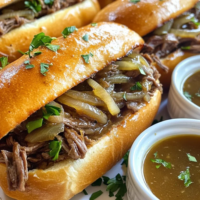 To make delicious Crockpot French Dip Sandwiches, you need these simple ingredients: - 3 pounds beef chuck roast - 1 tablespoon olive oil - 1 onion, sliced - 4 cloves garlic, minced - 4 cups beef broth - 1 tablespoon Worcestershire sauce - 1 teaspoon dried thyme - 1/2 teaspoon black pepper - 8 hoagie rolls - Provolone cheese slices (optional) - Fresh parsley, chopped (for garnish) These ingredients create a rich, savory flavor. The beef chuck roast is key for tenderness. Searing it adds depth to the taste. The onions and garlic bring sweetness and aroma. Beef broth keeps the meat moist during cooking. Worcestershire sauce adds a tangy kick. Thyme and black pepper enhance the overall flavor. Hoagie rolls hold the meat well, making each bite satisfying. Provolone cheese adds creaminess, but it’s optional. Fresh parsley brightens up the dish and makes it look nice. Gather these ingredients, and you’re ready to create a fantastic meal! {{ingredient_image_1}} First, heat a large skillet over medium-high heat. Add 1 tablespoon of olive oil. Once hot, sear the beef chuck roast. Brown it on all sides for about 3 to 4 minutes. This step locks in flavor, making the beef taste amazing. After searing, transfer the beef to your crockpot. This is where the magic happens. Next, layer 1 sliced onion and 4 minced garlic cloves on top of the beef. These add great taste. In a measuring cup, mix 4 cups of beef broth, 1 tablespoon of Worcestershire sauce, 1 teaspoon of dried thyme, and 1/2 teaspoon of black pepper. Pour this mixture over the beef and onions in the crockpot. This broth will keep the beef juicy and full of flavor. Now, cover the crockpot. You can cook on low heat for 8 to 10 hours or on high for 4 to 6 hours. The goal is fork-tender beef. This means you should be able to shred it easily with a fork. This step is key to a great sandwich. When the beef is ready, take it out and place it on a cutting board. Use two forks to shred the beef into bite-sized pieces. If you like, toast the hoagie rolls to make them crispy. Fill each roll with the shredded beef, adding sautéed onions and a slice of provolone cheese if you want. This adds creaminess and richness to your sandwich. Enjoy your delicious creation! To make your French Dip sandwiches taste amazing, try these seasonings: - 1 teaspoon smoked paprika - 1 teaspoon onion powder - 1 teaspoon garlic powder These spices add depth to the dish. Browning the meat is also key. It brings out rich flavors and adds a nice color. Sear the beef chuck roast for about 3-4 minutes on each side. This step makes a big difference in taste. Customizing your broth can be fun. Add a splash of soy sauce for extra umami. You can also toss in fresh herbs like thyme or rosemary. If you have leftover broth, use it in soups or sauces. It adds great flavor and saves waste. For sides, serve potato chips or a fresh salad. They pair well with the rich beef. You can also add toppings like sautéed mushrooms or jalapeños for extra kick. Provolone cheese melts beautifully, making the sandwich even better! Pro Tips Perfectly Shredded Beef: Let the beef rest for a few minutes after cooking before shredding. This helps the juices redistribute, resulting in more flavorful and moist meat. Enhance the Broth: For a richer flavor, consider adding a splash of red wine to the broth mixture before pouring it over the beef. Cheese Melting Tip: If using provolone cheese, place the cheese on the hot shredded beef and cover it for a minute to melt it perfectly. Leftover Storage: Store leftover beef and broth separately in airtight containers in the fridge. This will keep the bread from getting soggy and the beef fresh. {{image_2}} You can switch things up by using chicken or pork. Chicken thighs work well when cooked low and slow. They stay juicy and absorb flavors nicely. Pork shoulder also gives a rich taste and shreds easily. Both options create tasty sandwiches. For vegetarians, consider using jackfruit or mushrooms. Jackfruit has a meat-like texture and soaks up flavors. Mushrooms add an earthy taste and are hearty too. These swaps keep the meal satisfying without meat. While hoagie rolls are classic, you can try different bread types. A fresh baguette or French bread adds a nice crunch. Sourdough rolls bring a tangy twist that many enjoy. If you need gluten-free options, look for gluten-free hoagie rolls. These can be found in most stores. You can even use lettuce wraps for a low-carb choice. Each bread type can change the meal's vibe. Provolone cheese is great, but feel free to explore other options. Cheddar gives a sharp flavor, while Swiss cheese melts beautifully. You might also try pepper jack for a spicy kick. Don't forget about extra toppings! Adding sautéed mushrooms or roasted peppers can elevate your sandwich. Fresh herbs like basil or arugula can add brightness. These small touches can make your French dip truly gourmet. To keep your leftover French dip sandwiches fresh, follow these steps: - Let the beef cool down before storage. - Use airtight containers or heavy-duty freezer bags. - Portion the beef and broth separately to avoid soggy bread. - Store the hoagie rolls in a different bag or container. For freezing, make sure to remove as much air as possible. This helps to prevent freezer burn. Label the bags with the date for easy tracking. To reheat your sandwiches, you have a few great methods: - Microwave: Heat the beef and broth in short bursts. Stir in between to ensure even heating. - Oven: Wrap sandwiches in foil and warm at 350°F for about 10-15 minutes. This keeps the bread nice and crispy. - Stovetop: Heat a pan over low heat, add the beef, and pour some broth to keep it moist. Warm until heated through. These methods help maintain the flavor and texture of your sandwiches. Leftovers will last about 3 to 4 days in the fridge. Make sure to check for signs of spoilage: - Unpleasant smell - Changes in color or texture - Presence of mold If you see these signs, it’s best to throw the leftovers away. Cooking time for these sandwiches varies. If you set your crockpot to low, it takes about 8 to 10 hours. On high, it cooks in about 4 to 6 hours. The beef needs to be fork-tender for the best flavor and texture. Check it near the end of cooking for doneness. Yes, you can prepare these sandwiches ahead of time. Cook the beef and let it cool. Place the shredded beef in the fridge. You can store it in an airtight container for about 3 days. Reheat it when you're ready to serve. This makes meal prep easy and quick for busy days. If you need an alternative to beef broth, you have options. Use chicken broth for a lighter taste. Vegetable broth also works well and keeps it plant-based. You can even use a mix of water and soy sauce to add flavor. Just ensure it complements your other ingredients. To sum up, we explored how to make delicious Crockpot French Dip Sandwiches. You learned about important ingredients, step-by-step cooking, and tips for great flavor. We also discussed tasty variations and how to store leftovers. Remember, the key to a great sandwich is the right beef and broth. Try adding your favorite seasonings for a unique twist. Enjoy making your own version of this classic dish!