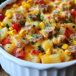 - Italian sausage You'll need 1 pound of Italian sausage. You can choose mild or spicy based on your taste. Slice the sausage into rounds for even cooking. - Vegetables needed Use 1 cup of diced bell peppers. A mix of red, green, and yellow adds great color. Also, chop 1 medium onion and mince 2 cloves of garlic. Add 3 cups of diced potatoes, like Yukon gold or red. Lastly, include 1 cup of frozen corn for sweetness. - Spices and seasonings For flavor, use 1 teaspoon of dried oregano and 1 teaspoon of paprika. You'll also need 1 teaspoon of salt and ½ teaspoon of black pepper. These spices create a warm, savory taste. - Cheese and garnish Top your casserole with 1 cup of shredded cheddar cheese. For a fresh touch, have ¼ cup of chopped parsley ready for garnish. This adds color and a fresh flavor to your meal. {{ingredient_image_1}} 1. Start by slicing the Italian sausage. You can choose mild or spicy, based on your taste. 2. Heat a skillet over medium heat. Add the sausage slices and cook until they are nicely browned. This step adds great flavor to your dish. 3. Once browned, transfer the sausage to the crockpot. Make sure to scrape any tasty bits from the skillet into the pot. 1. Next, add the diced bell peppers, chopped onion, and minced garlic into the crockpot. Mix well to combine all the flavors. 2. Layer the diced potatoes on top of the sausage and vegetable mix. This helps with even cooking. 3. Pour in the can of diced tomatoes, including all the juice. Then, add the frozen corn. 4. Sprinkle the dried oregano, paprika, salt, and black pepper over the mix. 1. Gently stir everything together. Make sure the spices and liquids mix well throughout the casserole. 2. Cover the crockpot. Cook on low for about 6-8 hours or on high for 3-4 hours. The potatoes should be fork-tender when done. 3. About 30 minutes before serving, sprinkle the shredded cheddar cheese on top. Cover again to let the cheese melt. 4. Once done, stir the casserole well to mix the melted cheese throughout. This process ensures a hearty and flavorful meal that is easy to prepare. Enjoy each step as you create a warm, comforting dish! - Browning sausage for flavor enhancement Start by browning the sausage in a skillet. This step adds rich flavor. The caramelization creates depth. Once browned, transfer it to the crockpot. - Mixing and layering techniques When you add veggies, mix them well with the sausage. Then, layer the potatoes on top. This keeps the potatoes from getting too mushy. Also, it helps the flavors blend nicely. - Garnishing with parsley A sprinkle of fresh parsley adds a nice touch. It brings color and freshness to the dish. Just chop it finely and add right before serving. - Complementary side dishes Serve the casserole with crusty bread or a green salad. These sides balance the hearty casserole. They also add a refreshing crunch. - Adjusting spice levels Want more heat? Use spicy sausage or add red pepper flakes. If you prefer mild, stick with sweet Italian sausage. Adjust the spice to suit your taste. - Ingredient substitutions Don’t have all the veggies? You can swap in what you like. Try zucchini or carrots. You can even use canned beans for extra protein. Pro Tips Choose Your Sausage Wisely: The type of Italian sausage you select will greatly influence the flavor of the casserole. Opt for a spicy sausage if you prefer a kick, or stick with mild for a more family-friendly dish. Layering is Key: When layering ingredients, be sure to place the denser items, like potatoes, at the bottom. This ensures even cooking and prevents the ingredients from becoming mushy. Customize Your Veggies: Feel free to experiment with different vegetables based on what you have on hand. Zucchini, carrots, or even spinach can add a nutritional boost and unique flavor. Cheese Melting Tips: For a gooey cheese topping, add the cheese about 30 minutes before serving. This allows it to melt perfectly without becoming rubbery. {{image_2}} You can choose mild or spicy sausage for your casserole. Mild sausage gives a gentle flavor. Spicy sausage adds a nice kick. If you want more heat, try hot Italian sausage. For a different taste, use smoked sausage for a rich flavor. You can mix in different vegetables for extra nutrition. Try zucchini, carrots, or spinach. Seasonal veggies like squash in fall work well, too. You can also add green beans or broccoli for a colorful dish. This makes your meal more fun and nutritious. Cheddar cheese is great, but feel free to swap it out. You can use mozzarella for a stretchy texture. Pepper jack gives a spicy twist. If you want a dairy-free option, try vegan cheese. Nutritional yeast can also add a cheesy flavor without dairy. To keep your Crockpot Sausage Casserole fresh, cool it first. Let it sit at room temperature for no more than two hours. After it cools, store it in airtight containers. This keeps moisture in and air out, helping to maintain flavor. You can reheat your casserole in the microwave or oven. If using the microwave, place a portion in a bowl and cover it with a lid or plastic wrap. Heat in short bursts, stirring in between. For the oven, preheat to 350°F (175°C). Place the casserole in an oven-safe dish and cover it. This helps keep it moist and warm. You can freeze leftover casserole for long-term storage. Make sure it is completely cool, then place it in airtight containers or freezer bags. Label the bags with the date. To thaw, move it to the fridge overnight. You can reheat it in the oven or microwave once thawed. This way, you enjoy the meal later with great taste! Yes, you can use frozen sausage. However, I recommend thawing it first for even cooking. This helps the sausage brown better. Browning adds flavor to the dish. If you add frozen sausage, cook on high for about 4-5 hours. This will ensure it cooks through. To make this casserole vegetarian, swap the sausage for plant-based sausage. You can also use mushrooms for a meaty texture. Add extra beans or lentils for protein. Use vegetable broth instead of meat broth if you like. This keeps the dish hearty and satisfying. I love serving this casserole with crusty bread or a green salad. A side of garlic bread also pairs well. You can add a simple fruit salad for a fresh touch. Kids enjoy it with some apples or carrot sticks. Yes, you can cook it on high. It will take about 3-4 hours. This is great if you’re short on time. Just make sure the potatoes are tender when you check for doneness. If you want the best flavors, I suggest sticking to the low setting when possible. In this post, we explored how to create a delicious Crockpot Sausage Casserole. We covered the main ingredients, preparation tips, and step-by-step cooking instructions. You learned about different variations and how to store leftovers properly. Using these insights, you can customize the casserole to your taste. Enjoy trying new ingredients or spices to make it your own. Happy cooking!