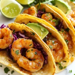 - 1 pound shrimp, peeled and deveined - 3 tablespoons honey - 2 tablespoons fresh lime juice - 1 teaspoon lime zest - 2 cloves garlic, minced - 1 teaspoon ground cumin - 1/2 teaspoon chili powder - Salt and pepper to taste Shrimp forms the heart of this dish. It cooks quickly and takes on flavor well. Honey and lime give it a sweet and tangy twist. The garlic, cumin, and chili powder add depth. Salt and pepper round out the taste. - 8 small corn tortillas - 1 avocado, sliced - 1 cup red cabbage, shredded - Fresh cilantro, for garnish - Lime wedges, for serving Toppings add freshness and crunch. Avocado brings creaminess. Red cabbage adds color and texture. Cilantro gives a burst of flavor. Lime wedges enhance the taste with a squeeze. 1. In a bowl, combine honey, lime juice, lime zest, minced garlic, cumin, chili powder, salt, and pepper. 2. Mix well to create a marinade. 3. Add shrimp to the marinade, ensuring they are well coated. 4. Let it marinate for 15-20 minutes. Marinating is key. It makes the shrimp juicy and full of flavor. The time allows the spices to soak in. 1. Heat a skillet over medium heat. 2. Once hot, add the marinated shrimp. 3. Cook for 2-3 minutes on each side. 4. Shrimp should turn pink and opaque when done. Watch for color change. This shows the shrimp is cooked just right. Overcooking can make shrimp tough. 1. Warm tortillas in a pan or wrap in foil. 2. Place in a preheated oven at 350°F (175°C) for about 5 minutes. 3. To assemble, place shrimp on each tortilla. 4. Top with red cabbage, avocado slices, and cilantro. Warm tortillas make a big difference. They hold the filling better and taste better too. Enjoy these tacos with lime wedges for a zesty kick! {{ingredient_image_1}} For the best flavor, marinate the shrimp for 15-20 minutes. This time allows the shrimp to soak up all the tasty honey and lime mix. If you want to change it up, try using agave syrup instead of honey. You can also add orange zest for a fun twist. When cooking shrimp, adjust the time based on their size. Smaller shrimp need less time, around 2 minutes per side. To avoid rubbery shrimp, do not overcook them. They should turn pink and opaque. Pair your tacos with a fresh side salad or chips and salsa. For drinks, I suggest a light beer or a refreshing limeade. These will complement the flavors in your shrimp tacos perfectly. You can swap shrimp for other seafood. Fish works well, like tilapia or cod. Scallops are also a great choice. Each seafood type has a unique taste. Adjust cooking times to ensure they cook well. Fish usually needs 2-4 minutes per side. Scallops take about 3-4 minutes per side. Always check for doneness. The seafood should be opaque and flake easily. If you want a plant-based taco, you can use mushrooms or jackfruit. Both options absorb flavors well. You can also use grilled vegetables like zucchini or bell peppers. For added texture, try black beans or chickpeas. Replace honey with agave syrup for a vegan touch. Lime and spices will keep the flavors bright and fresh. Want more heat? Add chopped jalapeños to the marinade. You can also drizzle some hot sauce on top. This gives a nice kick. If you prefer milder tacos, skip the chili powder. Instead, try adding a pinch of cumin for flavor without heat. Remember to adjust based on your taste. Enjoy customizing your tacos! Pro Tips Marinate for Flavor: Ensure the shrimp are marinated for at least 15-20 minutes to absorb all the delicious flavors of the honey and lime. Perfectly Cooked Shrimp: Cook the shrimp just until they turn pink and opaque to avoid them becoming tough and rubbery. Warm Tortillas: Warming the corn tortillas enhances their flavor and makes them more pliable for easy folding. Fresh Garnish: Don’t skip the fresh cilantro and lime wedges; they brighten the dish and add a refreshing contrast to the sweet shrimp. {{image_2}} To store your Honey Lime Shrimp Tacos, place the leftovers in an airtight container. Make sure the shrimp are cooled to room temperature before sealing. This helps keep them fresh. Cooked shrimp can last in the fridge for up to three days. After this, they may lose quality and flavor. If you want to save your tacos for later, freezing is a great option. Start by letting the shrimp cool completely. Place them in a freezer-safe bag. Remove as much air as you can to prevent freezer burn. These can last for about three months in the freezer. When you’re ready to eat, thaw the shrimp in the fridge overnight. This keeps the texture nice. When it's time to reheat your shrimp, do it gently. You can use a skillet over low heat. This method helps keep the shrimp from getting tough. Heat them for about five minutes, stirring often. You can also use a microwave. Just heat for 30 seconds at a time, checking in between. Always watch the shrimp closely to avoid overcooking. Overcooked shrimp can become rubbery and lose their taste. Enjoy your fresh and tasty tacos! Each serving of honey lime shrimp tacos has about 300 calories. The shrimp are protein-rich, providing around 25 grams of protein. You also get healthy fats from the avocado, which adds about 10 grams. The tacos have around 35 grams of carbs, mostly from the corn tortillas and veggies. Shrimp is low in calories and high in protein. It also has important nutrients like selenium and vitamin B12. Avocado is a great source of healthy fats. It helps improve heart health and keeps you full. Red cabbage is rich in fiber and vitamins. Eating it can boost your immune system and improve digestion. You can make low-calorie swaps in this recipe. Use less honey or skip the avocado for fewer calories. For gluten-free options, use corn tortillas, which are naturally gluten-free. Always check the labels to be sure. This way, everyone can enjoy these tasty tacos! Yes, you can use frozen shrimp. Just make sure to thaw them first. To thaw shrimp, place them in a bowl of cold water. Change the water every 10 minutes until they are fully thawed. This usually takes about 30 minutes. You can also thaw shrimp overnight in the fridge. Avoid using hot water, as it can cook the shrimp unevenly. If you need a substitute for honey, try maple syrup or agave nectar. Both have a sweet taste and work well in this dish. Using maple syrup may add a slight flavor change, but it can still taste great. Agave nectar is milder and blends well with the other flavors in the tacos. Shrimp cook quickly. You know they are done when they turn pink and opaque. The texture should be firm but not rubbery. Check the center of the shrimp; it should be white and no longer translucent. Cook them for about 2-3 minutes on each side. If they curl up tightly, they may be overcooked. This article covered how to make shrimp tacos, from marinating the shrimp to adding tasty toppings. I shared tips for cooking shrimp perfectly and adjusting flavors for different preferences. You can also store leftovers or swap ingredients for variety. Remember, enjoy shrimp tacos baked with your unique twist. Use this guide to create delicious meals that suit your taste and lifestyle choices. Happy cooking!