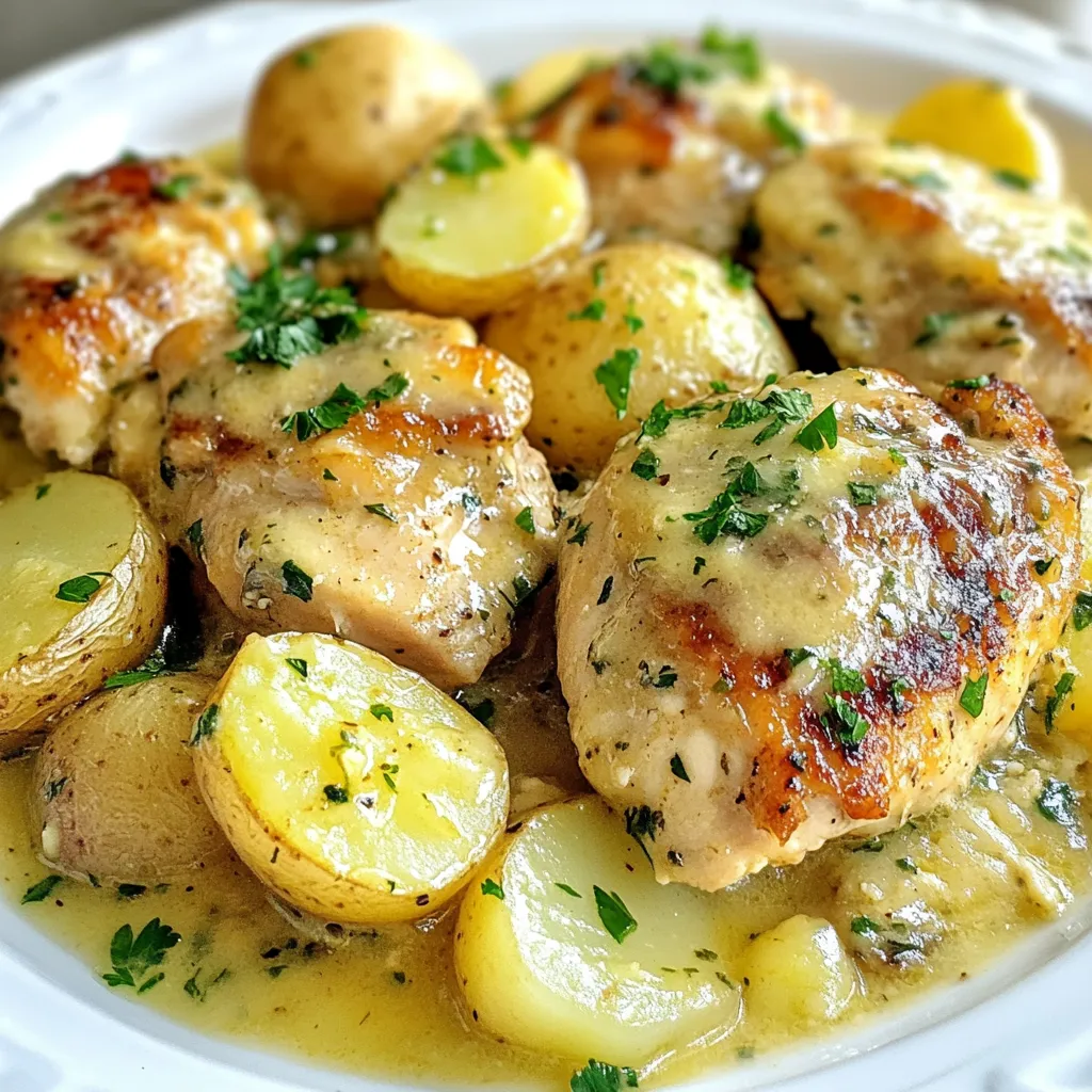 - 4 boneless, skinless chicken breasts - 1 lb baby potatoes, halved - 4 cloves garlic, minced - 1/2 cup grated Parmesan cheese - 1/4 cup olive oil - 1 teaspoon Italian seasoning - 1 teaspoon paprika - Salt and pepper to taste - Fresh parsley, chopped (for garnishing) To make this dish, gather these simple ingredients. Each one plays a key role in flavor. The chicken breasts are the main event. They soak up the garlic and cheese flavors beautifully. Baby potatoes add heartiness and texture. Their creamy insides pair well with the chicken. - Use chicken thighs or drumsticks for more flavor. - Red or Yukon gold potatoes work well too. - Swap Parmesan for asiago or pecorino cheese. Feel free to mix it up! If you prefer dark meat, chicken thighs are great. They stay juicy and tender. Different potato types can change the taste a bit. Asiago or pecorino cheese can offer a unique twist. These options let you tailor the dish to your taste. {{ingredient_image_1}} - Start by washing the baby potatoes well. This removes dirt and makes them clean. - Cut the potatoes in half. This helps them cook faster and soak up flavors. - Next, get your garlic ready. Mince four cloves of garlic into small pieces. - In a bowl, mix the minced garlic, Parmesan cheese, olive oil, Italian seasoning, paprika, salt, and pepper. This mix will be your tasty marinade. - Layer the halved potatoes at the bottom of your slow cooker. This creates a base for the chicken. - Place the marinated chicken breasts on top of the potatoes. Make sure they are coated well. - Pour any leftover marinade over the chicken and potatoes. It adds extra flavor. - Cover the slow cooker with the lid. Cook on low for 6-7 hours or on high for 3-4 hours. This makes the chicken tender and juicy. - When cooking is done, check if the chicken is cooked through. It should be at least 165°F inside. - Carefully remove the chicken and potatoes from the slow cooker. Use tongs to avoid burns. - Serve the dish hot. Garnish with freshly chopped parsley for a pop of color. Enjoy your meal! To make this dish pop, add extra herbs. Thyme or rosemary can add depth. You might also try a pinch of cayenne for heat. Using lemon juice brightens the meal. Just a squeeze before serving can lift the flavors. For even cooking, layer the chicken on top of the potatoes. This allows the juices to flow down. Check the chicken’s internal temperature. It should be 165°F to be safe. Avoid overcooking the potatoes. If they cook too long, they may become mushy. Serve the chicken and potatoes hot. Sprinkle fresh parsley on top for color. You can arrange the chicken on a plate with potatoes beside it. This adds visual appeal. Try using a white plate to help the colors stand out. Pro Tips Marinating Time: For even more flavor, consider marinating the chicken for a few hours or overnight in the refrigerator before cooking. Potato Variety: Feel free to use different types of potatoes such as Yukon Gold or red potatoes for varied taste and texture. Extra Creaminess: Add a splash of heavy cream or a dollop of sour cream towards the end of cooking for a creamier sauce. Garnishing Options: Experiment with different herbs like thyme or rosemary for garnishing to enhance the dish's aroma and presentation. {{image_2}} You can cook this dish in different ways. If you want it faster, try the Instant Pot. It cooks chicken in about 10-15 minutes. Just follow the same steps but use the pot’s manual mode. You can also bake it in the oven. Preheat your oven to 375°F. Place the chicken and potatoes in a baking dish. Cover it with foil and bake for 30-40 minutes. This method gives a nice, crispy edge to the chicken. Want a kick? Try a Buffalo chicken version! Replace the Parmesan with hot sauce. You can mix it in with the garlic and olive oil for a spicy twist. For something creamy, add cream cheese. Blend it with the garlic and olive oil. It makes the dish rich and smooth. This change will impress anyone who loves creamy flavors. If you need gluten-free options, use gluten-free soy sauce instead of traditional marinades. It keeps the flavor while being safe for everyone. For a low-carb or keto-friendly meal, swap the baby potatoes for cauliflower florets. They cook well and soak up the savory flavors. This way, you enjoy the dish without the extra carbs. To store your leftovers, let them cool down first. Place the chicken and potatoes in a shallow container. This helps them cool faster. I recommend using airtight containers to keep the flavors fresh. You can use glass or plastic containers. They both work well. For long-term storage, freeze the leftovers. First, ensure they are completely cool. Then, place them in freezer-safe bags. Remove as much air as possible before sealing. This keeps them fresh for longer. When you're ready to eat, thaw the dish in the fridge overnight. To reheat, use the microwave or slow cooker. Heat until the chicken is warm throughout. Leftovers last about three to four days in the fridge. Check for signs of spoilage before eating. Look for changes in color or smell. If the chicken has a slimy texture, it’s best to toss it. Always prioritize safety when consuming leftovers. How long does it take to cook chicken in a slow cooker? Cooking chicken in a slow cooker takes about 6 to 7 hours on low and 3 to 4 hours on high. This slow cooking method makes the chicken very tender. Can I cook this dish on high instead of low? Yes, you can cook this dish on high. It will take 3 to 4 hours instead of 6 to 7 hours. Just watch the chicken closely to avoid overcooking. Can I double the recipe? You can double the recipe if you have a large enough slow cooker. Just make sure to adjust the cooking time if needed. More chicken might take a little longer. What if I don’t have a slow cooker? If you don’t have a slow cooker, you can use an oven. Place the chicken and potatoes in a baking dish. Cover it tightly with foil and bake at 350°F for about 1.5 hours. What to serve with Slow Cooker Parmesan Garlic Chicken? You can serve this dish with steamed vegetables or a simple salad. Rice or crusty bread also pairs well to soak up the tasty sauce. Can this dish be made ahead of time? Yes, you can make this dish ahead of time. Just store it in the fridge after cooking. Reheat it gently before serving for the best taste. In this post, we explored a recipe for Slow Cooker Parmesan Garlic Chicken, detailing the key ingredients and clear steps to prepare it. I shared tips to enhance flavor and different cooking methods. Remember, you can adapt the recipe with various substitutes or dietary needs. This dish is simple, tasty, and perfect for any meal. Enjoy the cooking process and have fun experimenting with flavors. Your creation will impress everyone!