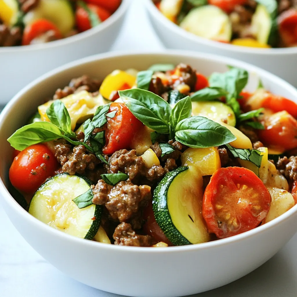 - 1 lb ground beef (preferably 85% lean) - 1 medium zucchini, diced - 1 cup cherry tomatoes, halved - 1 red bell pepper, diced - 1 medium onion, diced - 3 cloves garlic, minced - 1 teaspoon dried Italian herbs (basil, oregano, thyme) - 1/4 teaspoon red pepper flakes (adjust to taste) - 1/2 cup heavy cream - 1/2 cup grated Parmesan cheese - 2 tablespoons olive oil - Salt and pepper to taste - Fresh basil for garnish This dish has about 480 calories per serving. It has 30 grams of fat, 5 grams of carbs, and 40 grams of protein. The heavy cream and cheese give it a rich taste while keeping it low in carbs, perfect for a keto meal. You can switch the ground beef for ground turkey or chicken for a leaner option. If you don’t have zucchini, try using spinach or kale for a different veggie twist. For dairy-free options, coconut cream works well instead of heavy cream. If you want more heat, add extra red pepper flakes or some chopped jalapeños. {{ingredient_image_1}} Start by gathering all your ingredients. You will need ground beef, zucchini, cherry tomatoes, a red bell pepper, an onion, garlic, and Italian herbs. This makes cooking smoother. Next, chop the zucchini, bell pepper, and onion. Mince the garlic to release its flavor. Measure out the heavy cream and cheese, and set them aside. Heat a large skillet over medium heat. Add two tablespoons of olive oil. Once hot, add the ground beef. Use a spoon to break it apart. Cook for about 5 to 7 minutes. You want it browned. Season with salt, pepper, and red pepper flakes to taste. This gives the beef a nice kick. After the beef is cooked, add the diced onion and minced garlic. Sauté them for about 4 to 5 minutes. The onion should turn clear. Then, toss in the diced zucchini and bell pepper. Cook for another 3 to 4 minutes. You want them to soften but stay crisp. Finally, add the halved cherry tomatoes and dried Italian herbs. Cook for 2 to 3 minutes until the tomatoes get soft. Lower the heat and pour in the heavy cream. Stir everything well. Allow it to simmer for 3 to 4 minutes. This will thicken the sauce a bit. Then, stir in the grated Parmesan cheese until it melts and makes the dish creamy. Taste and adjust the seasoning if needed. Remove from heat, plate the dish, and add fresh basil on top for garnish. Enjoy your flavorful Italian Keto Beef Skillet! To get the best taste, use fresh herbs. Dried herbs work well, but fresh basil shines. Use a good-quality olive oil for cooking. It adds depth and richness to the dish. Don't skip the salt and pepper; they bring all the flavors together. Adjust the red pepper flakes based on your heat preference. Start small; you can always add more later. Cook the ground beef until it is brown and crumbly. This step gives the dish a rich flavor. When you sauté the onions and garlic, make sure they are soft and fragrant. This adds a nice base for your dish. Be careful not to overcook the zucchini. You want it tender but still crisp. When making the cream sauce, keep the heat low. This helps the cheese melt smoothly without clumping. Presentation makes a meal feel special. Serve the dish in shallow bowls for a nice look. Sprinkle extra Parmesan cheese on top for added flavor. A drizzle of olive oil gives a nice shine. Fresh basil leaves as a garnish add color and taste. You can also serve this dish with a side salad or keto-friendly bread. Enjoying it with friends makes it even better! Pro Tips Use Fresh Ingredients: For the best flavor, always opt for fresh vegetables, especially the zucchini and cherry tomatoes. They enhance the dish's overall taste and texture. Customize the Heat: Adjust the amount of red pepper flakes according to your spice preference. If you prefer milder flavors, start with less and add more as needed. Let it Simmer: Allow the dish to simmer after adding the cream. This helps the flavors meld together beautifully and gives the sauce a rich consistency. Garnish for Presentation: A sprinkle of extra Parmesan and a drizzle of high-quality olive oil can elevate the dish's appearance, making it more appealing to serve. {{image_2}} You can change the veggies in this dish to suit your taste. Instead of zucchini, use spinach or kale for a different texture. Cauliflower florets add a nice crunch and keep it low-carb. You could also add mushrooms for a rich umami flavor. Feel free to mix and match! If you want to switch up the protein, try using ground turkey or chicken. They both work well in this dish. For a vegetarian option, you could use lentils or crumbled tofu. These options keep the meal hearty while still fitting the keto plan. You can play with the spices to make this dish your own. If you like heat, add more red pepper flakes or some fresh chili. For a smoky flavor, try adding smoked paprika. You can also use fresh herbs like parsley or thyme to enhance the taste. Experiment and find your favorite mix! To store your Italian Keto Beef Skillet, let it cool first. Transfer it to an airtight container. Make sure to cover it well. It stays fresh in the fridge for up to three days. Label your container with the date. This way, you always know when you made it. When you want to enjoy leftovers, reheat them on the stove. Place the skillet over low heat. Stir often to warm it evenly. You can add a splash of cream if it seems dry. You can also use the microwave if you’re in a hurry. Just cover the dish and heat in short bursts. Stir between each burst to avoid hot spots. You can freeze this dish if you want to save it for later. Cool the skillet completely, then portion it into freezer-safe bags. Squeeze out the air before sealing. Label the bags with the date. It can last up to three months in the freezer. To thaw, place it in the fridge overnight. Reheat it as mentioned above, and enjoy! You can serve this dish with a simple green salad. The crunch of the salad pairs well. Another option is to add some cauliflower rice for a low-carb side. If you want to keep it easy, serve it over zucchini noodles for a fun twist. Yes, you can make this dish ahead. Cook it fully and let it cool. Store it in an airtight container in the fridge. Reheat it on the stove or in the microwave when ready to enjoy. This makes it great for busy days. You can tell the beef is cooked when it turns brown and no longer pink. Use a meat thermometer to check the temperature. Ground beef should reach 160°F (71°C). Always cut into the meat to check for doneness if you’re unsure. Absolutely! This recipe is perfect for meal prep. It keeps well in the fridge for up to four days. Just portion it into containers for easy lunches or dinners during the week. You can also freeze it for longer storage. This blog post covered simple steps to make a tasty Italian Keto Beef Skillet. You learned about key ingredients, cooking steps, and clever tips to enhance your dish. We also explored variations to match your taste. Remember, you can easily store leftovers or prepare meals ahead of time. With these guidelines, you’ll create a delicious meal that fits your lifestyle. Enjoy your cooking journey and share your results with others!