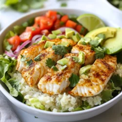 - 1 lb white fish fillets (cod or tilapia) - Spices: cumin, paprika, garlic powder, onion powder, salt, and pepper - Fresh produce: lettuce, tomatoes, red onion, avocado, cilantro - Base: cauliflower rice - Olive oil for cooking To make the Low Carb Fish Taco Bowl, you need fresh and vibrant ingredients. Start with 1 pound of white fish fillets, like cod or tilapia. These fish are mild and perfect for absorbing flavors. Next, gather your spices. You will need cumin, paprika, garlic powder, onion powder, salt, and pepper. This mix gives the fish a warm, savory taste. Fresh produce is key to a colorful bowl. You will need shredded lettuce, chopped tomatoes, finely chopped red onion, and diced avocado. Each adds crunch and creaminess to the dish. Lastly, fresh cilantro brightens the bowl with its unique flavor. For the base, use 2 cups of cauliflower rice. This low-carb option is a great substitute for traditional rice. It adds texture without extra carbs. Don’t forget the olive oil! You will use it for cooking the fish, which keeps it moist and delicious. Each ingredient plays a role in making this bowl flavorful and fresh. {{ingredient_image_1}} 1. Preheat the oven and prepare the baking sheet: Set your oven to 400°F (200°C). Line a baking sheet with parchment paper. This helps the fish not stick. 2. Prepare the spice mix and season the fish fillets: In a small bowl, mix cumin, paprika, garlic powder, onion powder, salt, and pepper. Rub this spice mix evenly over the fish fillets. This will add great flavor to your fish. 1. Bake the seasoned fish fillets and continue preparing cauliflower rice: Place the fish on the baking sheet. Drizzle a tablespoon of olive oil on top. Bake for 12-15 minutes. While the fish cooks, steam 2 cups of cauliflower rice. This usually takes about 5-6 minutes in the microwave. 2. Flake the fish and assemble the bowl with vegetables: Once the fish is done, use a fork to flake it into pieces. In a large bowl, start with the cauliflower rice as the base. Add shredded lettuce, chopped tomatoes, and red onion on top of the rice. 1. Layer cauliflower rice, vegetables, fish, and garnishes: Add the flaked fish on top of the veggies. Next, add diced avocado. Finally, sprinkle fresh cilantro over the bowl. 2. Squeeze fresh lime juice before serving: Just before you dig in, squeeze some fresh lime juice over the bowl. This brightens up all the flavors and makes each bite refreshing. Enjoy your low carb fish taco bowl! To achieve perfectly baked fish, start by choosing fresh white fish fillets like cod or tilapia. Use a spice mix of cumin, paprika, garlic powder, onion powder, salt, and pepper. Rub this mix all over the fish. Preheat your oven to 400°F (200°C). Bake the fish on a lined baking sheet for 12-15 minutes. It should flake easily with a fork when done. For preparing cauliflower rice, steam it following the package instructions. This can usually be done in the microwave for about 5-6 minutes. Make sure to fluff it with a fork before serving. This keeps it light and fluffy. Pair your fish taco bowl with low-carb sauces or fresh salsas. Consider a zesty lime crema or a spicy avocado salsa for a kick. These additions boost flavor without adding too many carbs. For presentation, use deep bowls to layer ingredients. Start with cauliflower rice at the bottom. Add colorful layers of shredded lettuce, tomatoes, red onion, and fish on top. Finish it off with diced avocado and a sprinkle of fresh cilantro. This makes the bowl visually appealing. Using low-carb ingredients like cauliflower rice helps keep the meal light. Cauliflower is high in fiber and vitamins, making it a smart choice. It fills you up without adding too many carbs. When adding toppings, remember to practice moderation. Avocado adds healthy fats, but too much can raise calorie counts. Use just enough to enjoy the flavor without overdoing it. Pro Tips Use Fresh Fish: Always opt for the freshest fish available for the best flavor and texture in your taco bowl. Customize Your Toppings: Feel free to add or substitute toppings such as jalapeños, corn, or radishes to suit your taste. Make Your Own Cauliflower Rice: If you're up for it, you can pulse fresh cauliflower florets in a food processor to make your own cauliflower rice. Seasonal Variations: Experiment with different spices or seasonings based on the season or your mood to keep the dish exciting! {{image_2}} For those needing gluten-free options, many toppings work well. You can use corn tortillas instead of flour ones. Fresh salsa and guacamole also add great flavor without gluten. If you're on a keto diet, swap out some vegetables. Consider using bell peppers or zucchini instead of higher-carb options. These choices keep your meal low in carbs while still being tasty. You can change the spices to create new flavors. Try adding chili powder or lime zest for a zesty kick. Marinades can also change the taste. A quick soak in lime juice and garlic will add a bright note to your fish. Mix and match vegetables to suit your taste. You might enjoy corn, radishes, or jalapeños for extra crunch and spice. This way, each bowl can be a unique creation based on what you love. If you want to make less, simply halve the recipe. This is great for quick meals. Conversely, if you need more, double the recipe for easy meal prep. You can pack it for lunches or share with friends. To complement your fish taco bowl, consider side dishes. A fresh salad or some low-carb chips can enhance your meal. These sides add variety and make your dinner feel special. To keep your low carb fish taco bowl fresh, use airtight containers. Glass or plastic containers work well. Store the bowl in your fridge right after it cools. It lasts for about 2-3 days in the fridge. If you want to keep it longer, freeze it. The fish and veggies can stay good for up to 3 months in the freezer. When you’re ready to eat, the best way to reheat is in the oven. Preheat your oven to 350°F (175°C). Place the bowl in a safe dish and cover with foil. Heat for about 15-20 minutes until warm. This method keeps the fish tender and the veggies crisp. You might want to adjust the taste after reheating. A splash of fresh lime juice can brighten the flavors. Add a bit of salt or pepper if needed. Enjoy every bite! What type of fish is best for this recipe? I suggest using white fish like cod or tilapia. Both have a mild taste and cook well. They soak up the spices nicely, giving you a flavorful bite. You can also try other white fish, but stick to those with a similar texture. Can I use frozen fish fillets? Yes, frozen fish fillets work great! Just make sure to thaw them first. You can place them in the fridge overnight. If you’re in a hurry, use the microwave. Once thawed, season and bake as you would with fresh fish. What is the calorie count for one serving? Each serving has about 300 calories. This number can vary based on the toppings you choose. If you add more avocado or sauces, the calories will rise. But the base of cauliflower rice keeps it low-carb and healthy. Are there any carbs in cauliflower rice? Yes, cauliflower rice is low in carbs. One cup has around 5 grams of carbs. It’s a great choice for those on low-carb diets. Plus, it adds fiber and nutrients without the extra calories of regular rice. Can I make this dish ahead of time? You can prepare some parts in advance. Bake the fish and make the cauliflower rice a day ahead. Store them in separate containers in the fridge. Just assemble the bowl fresh before serving for the best taste. How to make a vegetarian version of a fish taco bowl? For a vegetarian twist, swap the fish for grilled mushrooms or roasted chickpeas. Season them with the same spices for flavor. Use the same fresh toppings like lettuce, tomatoes, and avocado. It will still be delicious and filling! This dish offers a fresh twist on fish tacos with easy steps. You learned the key ingredients like white fish, spices, and healthy veggies. We covered tips for cooking and serving, plus variations to fit your diet. Storing and reheating leftovers is simple too. Remember, this bowl is not just tasty; it’s nutritious. Enjoy making it your own!