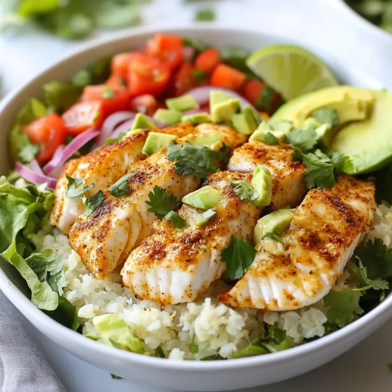 - 1 lb white fish fillets (cod or tilapia) - Spices: cumin, paprika, garlic powder, onion powder, salt, and pepper - Fresh produce: lettuce, tomatoes, red onion, avocado, cilantro - Base: cauliflower rice - Olive oil for cooking To make the Low Carb Fish Taco Bowl, you need fresh and vibrant ingredients. Start with 1 pound of white fish fillets, like cod or tilapia. These fish are mild and perfect for absorbing flavors. Next, gather your spices. You will need cumin, paprika, garlic powder, onion powder, salt, and pepper. This mix gives the fish a warm, savory taste. Fresh produce is key to a colorful bowl. You will need shredded lettuce, chopped tomatoes, finely chopped red onion, and diced avocado. Each adds crunch and creaminess to the dish. Lastly, fresh cilantro brightens the bowl with its unique flavor. For the base, use 2 cups of cauliflower rice. This low-carb option is a great substitute for traditional rice. It adds texture without extra carbs. Don’t forget the olive oil! You will use it for cooking the fish, which keeps it moist and delicious. Each ingredient plays a role in making this bowl flavorful and fresh. {{ingredient_image_1}} 1. Preheat the oven and prepare the baking sheet: Set your oven to 400°F (200°C). Line a baking sheet with parchment paper. This helps the fish not stick. 2. Prepare the spice mix and season the fish fillets: In a small bowl, mix cumin, paprika, garlic powder, onion powder, salt, and pepper. Rub this spice mix evenly over the fish fillets. This will add great flavor to your fish. 1. Bake the seasoned fish fillets and continue preparing cauliflower rice: Place the fish on the baking sheet. Drizzle a tablespoon of olive oil on top. Bake for 12-15 minutes. While the fish cooks, steam 2 cups of cauliflower rice. This usually takes about 5-6 minutes in the microwave. 2. Flake the fish and assemble the bowl with vegetables: Once the fish is done, use a fork to flake it into pieces. In a large bowl, start with the cauliflower rice as the base. Add shredded lettuce, chopped tomatoes, and red onion on top of the rice. 1. Layer cauliflower rice, vegetables, fish, and garnishes: Add the flaked fish on top of the veggies. Next, add diced avocado. Finally, sprinkle fresh cilantro over the bowl. 2. Squeeze fresh lime juice before serving: Just before you dig in, squeeze some fresh lime juice over the bowl. This brightens up all the flavors and makes each bite refreshing. Enjoy your low carb fish taco bowl! To achieve perfectly baked fish, start by choosing fresh white fish fillets like cod or tilapia. Use a spice mix of cumin, paprika, garlic powder, onion powder, salt, and pepper. Rub this mix all over the fish. Preheat your oven to 400°F (200°C). Bake the fish on a lined baking sheet for 12-15 minutes. It should flake easily with a fork when done. For preparing cauliflower rice, steam it following the package instructions. This can usually be done in the microwave for about 5-6 minutes. Make sure to fluff it with a fork before serving. This keeps it light and fluffy. Pair your fish taco bowl with low-carb sauces or fresh salsas. Consider a zesty lime crema or a spicy avocado salsa for a kick. These additions boost flavor without adding too many carbs. For presentation, use deep bowls to layer ingredients. Start with cauliflower rice at the bottom. Add colorful layers of shredded lettuce, tomatoes, red onion, and fish on top. Finish it off with diced avocado and a sprinkle of fresh cilantro. This makes the bowl visually appealing. Using low-carb ingredients like cauliflower rice helps keep the meal light. Cauliflower is high in fiber and vitamins, making it a smart choice. It fills you up without adding too many carbs. When adding toppings, remember to practice moderation. Avocado adds healthy fats, but too much can raise calorie counts. Use just enough to enjoy the flavor without overdoing it. Pro Tips Use Fresh Fish: Always opt for the freshest fish available for the best flavor and texture in your taco bowl. Customize Your Toppings: Feel free to add or substitute toppings such as jalapeños, corn, or radishes to suit your taste. Make Your Own Cauliflower Rice: If you're up for it, you can pulse fresh cauliflower florets in a food processor to make your own cauliflower rice. Seasonal Variations: Experiment with different spices or seasonings based on the season or your mood to keep the dish exciting! {{image_2}} For those needing gluten-free options, many toppings work well. You can use corn tortillas instead of flour ones. Fresh salsa and guacamole also add great flavor without gluten. If you're on a keto diet, swap out some vegetables. Consider using bell peppers or zucchini instead of higher-carb options. These choices keep your meal low in carbs while still being tasty. You can change the spices to create new flavors. Try adding chili powder or lime zest for a zesty kick. Marinades can also change the taste. A quick soak in lime juice and garlic will add a bright note to your fish. Mix and match vegetables to suit your taste. You might enjoy corn, radishes, or jalapeños for extra crunch and spice. This way, each bowl can be a unique creation based on what you love. If you want to make less, simply halve the recipe. This is great for quick meals. Conversely, if you need more, double the recipe for easy meal prep. You can pack it for lunches or share with friends. To complement your fish taco bowl, consider side dishes. A fresh salad or some low-carb chips can enhance your meal. These sides add variety and make your dinner feel special. To keep your low carb fish taco bowl fresh, use airtight containers. Glass or plastic containers work well. Store the bowl in your fridge right after it cools. It lasts for about 2-3 days in the fridge. If you want to keep it longer, freeze it. The fish and veggies can stay good for up to 3 months in the freezer. When you’re ready to eat, the best way to reheat is in the oven. Preheat your oven to 350°F (175°C). Place the bowl in a safe dish and cover with foil. Heat for about 15-20 minutes until warm. This method keeps the fish tender and the veggies crisp. You might want to adjust the taste after reheating. A splash of fresh lime juice can brighten the flavors. Add a bit of salt or pepper if needed. Enjoy every bite! What type of fish is best for this recipe? I suggest using white fish like cod or tilapia. Both have a mild taste and cook well. They soak up the spices nicely, giving you a flavorful bite. You can also try other white fish, but stick to those with a similar texture. Can I use frozen fish fillets? Yes, frozen fish fillets work great! Just make sure to thaw them first. You can place them in the fridge overnight. If you’re in a hurry, use the microwave. Once thawed, season and bake as you would with fresh fish. What is the calorie count for one serving? Each serving has about 300 calories. This number can vary based on the toppings you choose. If you add more avocado or sauces, the calories will rise. But the base of cauliflower rice keeps it low-carb and healthy. Are there any carbs in cauliflower rice? Yes, cauliflower rice is low in carbs. One cup has around 5 grams of carbs. It’s a great choice for those on low-carb diets. Plus, it adds fiber and nutrients without the extra calories of regular rice. Can I make this dish ahead of time? You can prepare some parts in advance. Bake the fish and make the cauliflower rice a day ahead. Store them in separate containers in the fridge. Just assemble the bowl fresh before serving for the best taste. How to make a vegetarian version of a fish taco bowl? For a vegetarian twist, swap the fish for grilled mushrooms or roasted chickpeas. Season them with the same spices for flavor. Use the same fresh toppings like lettuce, tomatoes, and avocado. It will still be delicious and filling! This dish offers a fresh twist on fish tacos with easy steps. You learned the key ingredients like white fish, spices, and healthy veggies. We covered tips for cooking and serving, plus variations to fit your diet. Storing and reheating leftovers is simple too. Remember, this bowl is not just tasty; it’s nutritious. Enjoy making it your own!