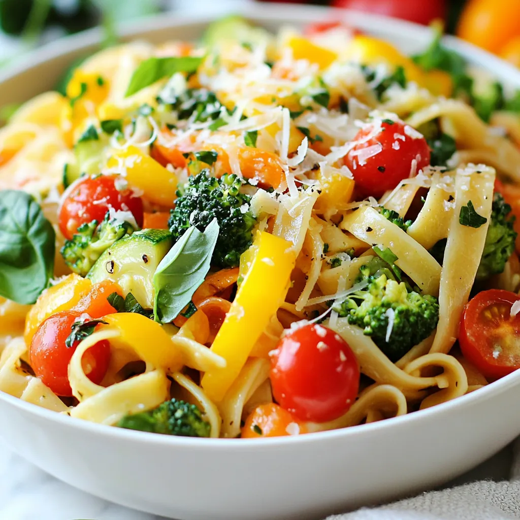 - 8 oz fettuccine or spaghetti - 2 tablespoons olive oil - 1 small zucchini, sliced - 1 bell pepper (any color), sliced - 1 cup cherry tomatoes, halved - 1 cup broccoli florets - 1 carrot, julienned - 2 cloves garlic, minced - 1 teaspoon dried oregano - 1 teaspoon red pepper flakes (optional) - 1/4 cup fresh basil, chopped - Salt and pepper, to taste - Freshly grated Parmesan cheese (optional, for serving) These ingredients create a colorful and tasty dish. The pasta serves as a base. The veggies add crunch and flavor. Olive oil provides a rich, smooth taste. Garlic gives it a nice aroma and kick. - Extra vegetables like asparagus or spinach - Protein options such as grilled chicken or shrimp - Crushed nuts for added texture - Fresh herbs like parsley or thyme - Balsamic vinegar for tangy flavor Feel free to mix and match these additions. This way, you can make the dish your own. Adding your favorite veggies can change the taste and look. - Large pot for boiling pasta - Skillet for sautéing vegetables - Cutting board for chopping - Sharp knife for slicing - Colander for draining pasta Using the right tools makes cooking easier. A large pot holds enough water for the pasta. A good skillet helps cook the veggies quickly. A sharp knife speeds up your prep time. {{ingredient_image_1}} To start, grab a large pot. Fill it with water and add salt. Bring the water to a boil. Once boiling, add your fettuccine or spaghetti. Cook it until it's al dente, which takes about 8 to 10 minutes. After cooking, drain the pasta. Save about 1/2 cup of that pasta water for later. Set the pasta aside while you prepare the veggies. Now, take a large skillet and heat 2 tablespoons of olive oil over medium heat. Add the sliced zucchini, bell pepper, broccoli florets, and julienned carrot. Toss in 2 minced garlic cloves too. Sauté the mix for about 5-7 minutes. You want the veggies tender but still bright and colorful. This step brings out their flavors. Next, add 1 cup of halved cherry tomatoes. Sprinkle in 1 teaspoon of dried oregano and, if you like it spicy, add 1 teaspoon of red pepper flakes. Cook this mixture for another 2-3 minutes. You want the tomatoes to soften just a bit. Add the cooked pasta to your skillet with the veggies. If the mix looks dry, pour in some reserved pasta water to help. Toss everything together over low heat for about 2 minutes. This lets the flavors blend nicely. Finally, take it off the heat and stir in 1/4 cup of fresh basil. Season with salt and pepper to taste. Serve the pasta primavera in bowls. If you want, top it with freshly grated Parmesan cheese and a few basil leaves for a beautiful touch. Enjoy! To cook pasta perfectly, use a large pot. Fill it with water and add salt. Bring the water to a rolling boil before adding your pasta. For fettuccine or spaghetti, cook for about 8-10 minutes. Check the package for exact times. Test for al dente by tasting a piece. You want it firm but not hard. Save half a cup of the pasta water. This water helps mix with your sauce later. Always start with hot oil in your pan. Use medium heat to keep the oil from smoking. Add your tougher veggies first, like carrots and broccoli. Cook them for about 3-4 minutes. Then, add softer veggies, such as zucchini and bell peppers. Stir often to keep them from burning. Add garlic near the end, so it doesn't burn. You want the vegetables colorful and tender, not mushy. Enhance your Pasta Primavera with herbs and spices. Dried oregano adds a nice touch. If you like heat, sprinkle in red pepper flakes. Fresh basil gives a burst of flavor. Don’t forget to season with salt and pepper. For a rich finish, top with grated Parmesan cheese. It melts beautifully over the warm pasta. Always taste as you go to find the right balance. Pro Tips Use Fresh Vegetables: For the best flavor and texture, choose fresh, in-season vegetables. They not only taste better but also add vibrant colors to your dish. Reserve Pasta Water: Always save a cup of pasta water before draining. This starchy water is perfect for adjusting the sauce consistency and helps the sauce adhere to the pasta. Customize Your Veggies: Feel free to swap in your favorite vegetables or whatever you have on hand. Asparagus, peas, or spinach are great alternatives for this primavera. Add Protein: If you want to make the dish more filling, consider adding grilled chicken, shrimp, or chickpeas for a protein boost. {{image_2}} Pasta Primavera is a great dish for everyone. To make it vegetarian, just skip the cheese. For a vegan version, use nutritional yeast instead of Parmesan. You can also add more veggies. Think about mushrooms, spinach, or asparagus. They add great flavor and color. Want to add some protein? Chicken works well. Just cook it in the skillet first. Then, add the veggies. Shrimp is another tasty choice. Sauté them until they turn pink. Tofu is great for a vegan option. Use firm tofu and sauté it until golden. Each option boosts the dish's heartiness. If you need gluten-free pasta, there are many choices. Look for brown rice or chickpea pasta. These options taste great and hold up well. Cook them as you would regular pasta. This way, everyone can enjoy Pasta Primavera, no matter their diet. To store leftover pasta primavera, let it cool first. Place it in an airtight container. Make sure to seal it well. Store it in the fridge for up to three days. If you have extra sauce, store it separately. This keeps the pasta from getting mushy. When you are ready to eat your leftovers, take them out of the fridge. You can reheat pasta primavera in a microwave or on the stove. If using a microwave, place it in a bowl and cover it with a lid. Heat it for about 1-2 minutes. Stir halfway through for even heating. On the stove, add a splash of olive oil in a pan. Heat on low and stir for about 5 minutes. This keeps it fresh and tasty. If you want to freeze pasta primavera, use a freezer-safe container. It can stay frozen for up to two months. Make sure to leave some space in the container for expansion. When you are ready to eat, thaw it overnight in the fridge. Reheat as mentioned above. Freezing works best if you leave out the fresh basil and cheese. Add them back in when you serve it. Pasta Primavera is a bright and fresh dish. It features pasta and seasonal vegetables. The name means "spring pasta" in Italian. This dish celebrates vibrant flavors and colors. You can use any pasta type like fettuccine or spaghetti. The main veggies include zucchini, bell peppers, cherry tomatoes, and broccoli. Each bite is a taste of spring. Yes, you can prepare Pasta Primavera ahead of time. Cook the pasta and veggies separately. Let them cool and store in the fridge. When ready to eat, just reheat them together in a pan. Add a splash of reserved pasta water to keep it moist. This way, you save time on busy nights. You can use many vegetables for Pasta Primavera. Good choices include: - Zucchini - Bell peppers - Cherry tomatoes - Broccoli - Carrots - Asparagus - Peas Feel free to mix and match. Pick what you like or what’s in season. Fresh veggies add great color and flavor. To make your Pasta Primavera creamy, you can add a few simple ingredients. After cooking the pasta, save some pasta water. Gradually mix it in while tossing everything together. You can also add cheese like Parmesan for richness. Another option is to use cream or a splash of milk. This will give you a smooth and tasty sauce. This blog covers all you need for Pasta Primavera. We discussed main and optional ingredients, plus tools to use. You learned the steps for cooking and mixing the dish. Tips on cooking pasta and sautéing veggies will help you succeed. We explored tasty variations to fit your diet. Lastly, we provided storage tips for leftovers and answers to common questions. Now, you can enjoy making your Pasta Primavera just how you like it. Happy cooking!
