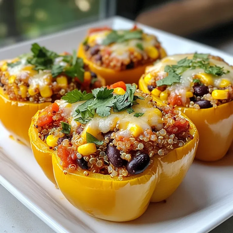 For my classic stuffed peppers, you will need the following: - 4 large bell peppers (any color) - 1 cup quinoa (or rice of choice) - 1 can (15 oz) black beans, rinsed and drained - 1 cup corn kernels (fresh, frozen, or canned) - 1 cup diced tomatoes (fresh or canned) - 1 onion, finely chopped - 2 cloves garlic, minced - 1 teaspoon cumin - 1 teaspoon paprika - 1 tablespoon olive oil - 1 cup shredded cheese (cheddar or mozzarella) - Fresh cilantro or parsley for garnish - Salt and pepper to taste These stuffed peppers are not just tasty; they are also good for you. Each serving provides a mix of protein, fiber, and vitamins. Quinoa adds protein and fiber, while black beans boost the protein even more. The peppers are packed with vitamins A and C. Cheese gives you calcium and makes everything creamy and delicious. You can swap some ingredients based on what you have. Try brown rice or couscous instead of quinoa. If you want a different flavor, use chickpeas instead of black beans. You can also mix in other veggies like zucchini or spinach. For a vegan option, skip the cheese or use a plant-based cheese. Make it your own! {{ingredient_image_1}} Start by preheating your oven to 375°F (190°C). Next, take four large bell peppers. Cut off their tops and remove the seeds. Place the peppers upright in a baking dish. This helps keep the filling inside. In a medium saucepan, cook one cup of quinoa or rice. Follow the package instructions. Once it is cooked, set it aside. In a large skillet, heat one tablespoon of olive oil over medium heat. Add one finely chopped onion and sauté it for three to five minutes. You want it translucent. Now, add two minced garlic cloves and cook for one more minute. This will make your kitchen smell great! Stir in one cup of corn, one can of rinsed black beans, and one cup of diced tomatoes. Mix well. Add the cooked quinoa or rice, one teaspoon of cumin, one teaspoon of paprika, and salt and pepper to taste. Cook this mixture for about five minutes until it is heated through. Remove the skillet from heat and mix in half of one cup of shredded cheese. This should melt into the filling. Spoon the filling into each bell pepper. Press down slightly to pack it in. Top each pepper with the remaining cheese. Cover your baking dish with foil and bake for 25 minutes. After that, remove the foil and bake for an extra 10-15 minutes. This will make the peppers tender and the cheese bubbly. When ready, take them out of the oven. Let them cool for a few minutes before serving. Garnish with fresh cilantro or parsley for a bright touch. Enjoy your delicious stuffed peppers! To get the best texture in your stuffed peppers, cook your quinoa or rice fully. Make sure it is fluffy, not mushy. When mixing the filling, let everything heat through before stuffing. This helps the flavors meld nicely. Bake with foil for the first part. This keeps the peppers soft. Remove the foil later to let the cheese brown. Cheese adds great flavor and creaminess. I love using cheddar for its sharp taste. Mozzarella works well too, giving a nice stretch. You can mix the two for a unique taste. For a twist, try pepper jack for some heat. Always sprinkle cheese on top for a bubbly finish. Stuffed peppers are great on their own, but you can add sides for more fun. A simple salad pairs well and adds crunch. You might also serve it with crusty bread for a hearty meal. Garnish your dish with fresh cilantro or parsley for color. This makes it look and taste fresh. Don't forget to drizzle some lime juice for a zesty kick! Pro Tips Choose Colorful Peppers: Using a mix of colored bell peppers not only adds visual appeal but also provides different flavors and nutrients. Customize the Filling: Feel free to experiment with the filling by adding cooked ground meat, different beans, or even veggies like zucchini for added texture and flavor. Make Ahead: These stuffed peppers can be prepared ahead of time. Assemble the peppers and store them in the fridge until you’re ready to bake them for a quick meal. Garnish for Flavor: Don't skip the garnish! Fresh cilantro or parsley not only enhances the presentation but also adds a burst of fresh flavor that complements the dish. {{image_2}} If you want a vegetarian twist, skip the meat. Use more beans or lentils. You can add chopped mushrooms or zucchini for extra flavor. Try using different veggies as your base. Eggplants or tomatoes work well. You can also use cheese as a filling. It adds creaminess and taste. For those who enjoy meat, add ground beef, turkey, or chicken. Cook the meat in the skillet with the onion and garlic. This will give your dish a hearty flavor. Mix the meat with the beans and grains for a complete meal. You can also use sausage for a spicy kick. You don’t have to stick with quinoa or rice. Try barley, farro, or bulgur wheat instead. These grains add unique textures and flavors. They also boost the nutrition profile of your meal. Each grain cooks a little differently, so check the package. Adjust your cooking time as needed. To store leftover stuffed peppers, let them cool first. Place them in an airtight container. They will stay fresh in the fridge for up to 4 days. Make sure to seal the container tightly to keep out air. This helps retain their flavor and texture. Reheating stuffed peppers is quick and easy. Preheat your oven to 350°F (175°C). Place the peppers in a baking dish. Cover them with foil to keep moisture in. Heat for about 20 minutes or until warm. You can also use a microwave. Heat on medium for 2 to 3 minutes. Check to ensure they are hot all the way through. Freezing stuffed peppers is a great way to save time. Wrap each pepper in plastic wrap or foil. Place them in a freezer-safe bag or container. They can last for up to 3 months in the freezer. To reheat, thaw them overnight in the fridge. Then, follow the reheating instructions above. Enjoy your meal anytime you want! To cut bell peppers, first wash them. Then, slice off the tops. Next, remove the seeds and white parts inside. You can use a small knife to help. Make sure to leave the sides thick enough for support. This way, the peppers will hold the filling well. Yes, you can prepare stuffed peppers the day before. Just stuff the peppers and cover them tightly with plastic wrap. Store them in the fridge. When you are ready to cook, bake them straight from the fridge. This saves time on busy days. Stuffed peppers pair well with many sides. You can serve a fresh salad or some crusty bread. Rice or quinoa works great too. For something warm, try a bowl of soup. These options balance the meal and add more flavor. In this blog, we explored classic stuffed peppers, from the ingredients to storage tips. You learned how to prep, cook, and bake them for a tasty meal. We also discussed variations for different diets and how to serve them well. Remember, you can swap ingredients and customize to your taste. Stuffed peppers can fit any preference, making them a versatile dish. Enjoy creating and sharing this delicious meal with others!
