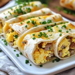 - 4 large eggs - 1 cup shredded cheese (cheddar or a cheesy blend) - 1 cup breakfast sausage, cooked and crumbled - 4 large tortillas (flour or whole wheat) - 1/4 cup milk - 1/2 teaspoon salt - 1/4 teaspoon black pepper - 1 tablespoon olive oil - Fresh chives or parsley, chopped (for garnish) To make these roll-ups, gather all your ingredients first. This makes cooking easier and faster. You will need four large eggs, which will be the base of your filling. The cheese adds a creamy texture and rich taste. I recommend using cheddar or a blend for the best flavor. The breakfast sausage gives a nice, hearty bite. Make sure it is cooked and crumbled before using it. You can choose either flour or whole wheat tortillas for wrapping. Each tortilla will hold your tasty filling well. You will also need some milk to make the eggs fluffy. The salt and black pepper will enhance the flavors. Olive oil is for cooking the eggs, and fresh herbs like chives or parsley will add a pretty touch on top. With all these ingredients ready, you are set to create a delicious breakfast that everyone will enjoy! {{ingredient_image_1}} Start with four large eggs. In a bowl, whisk the eggs with 1/4 cup of milk. Add 1/2 teaspoon of salt and 1/4 teaspoon of black pepper. Mix until it looks smooth. Now, heat 1 tablespoon of olive oil in a non-stick skillet over medium heat. Pour the egg mix into the skillet. Stir gently for about 3 to 4 minutes. Cook until the eggs are just set. Remove the pan from the heat and let the eggs cool for a bit. Take a large tortilla. Spread 1/4 cup of cooked and crumbled breakfast sausage over it. Make sure it’s even. Next, add a generous scoop of the scrambled eggs on top of the sausage. Then sprinkle 1/4 cup of shredded cheese over the eggs. This will melt nicely later! Now it's time to roll! Start at one end of the tortilla. Roll it tightly, tucking in the sides so the filling stays inside. Place the roll-up seam side down in the skillet. If you want a crispy outside, heat it on low for 2 to 3 minutes. Flip halfway through for even crispness. When done, slice each roll-up diagonally. You can garnish with fresh chives or parsley for a pop of color. Enjoy your tasty and quick breakfast! To make the best scrambled eggs, avoid overcooking them. Scramble them for 3-4 minutes until they are just set. This keeps them soft and creamy. If you cook them too long, they can get dry. You can add flavor enhancements to your eggs. Try adding a bit of cheese into the mix for richness. Fresh herbs like chives or parsley can also add a pop of flavor. When rolling the tortillas, ensure no spillage. Start rolling from one end and tuck in the sides. This method keeps your filling safe inside. For the best heat and crispness, place the roll-ups seam side down in the skillet. Cook on low heat for 2-3 minutes and flip halfway through. This makes the outside golden and crispy. For complementary sides, serve your roll-ups with salsa or a fresh fruit salad. This adds color and balance to your meal. To make your breakfast look vibrant, slice the roll-ups diagonally. Arrange them on a platter and sprinkle some chopped chives or parsley on top. This will make your dish visually appealing and appetizing. Pro Tips Use Fresh Ingredients: For the best flavor and texture, use fresh eggs and high-quality sausage. Fresh ingredients enhance the overall taste of your roll-ups. Customize Your Fillings: Feel free to add other ingredients like sautéed vegetables, avocado, or different types of cheese to personalize your roll-ups to your taste. Perfect Scramble: Scramble the eggs just until set to keep them fluffy and moist. Overcooking can make them dry, which affects the final dish. Serve with Dips: Pair your roll-ups with salsa, guacamole, or sour cream to add an extra layer of flavor and a fun dipping experience. {{image_2}} You can change up the meats in this recipe. If you want a different taste, try bacon or turkey sausage. Both add their own flavor. If you want a plant-based option, use tofu scramble and vegan cheese. This makes a great breakfast for everyone. The tortillas you choose can change the vibe of your roll-ups. Whole wheat tortillas give a nutty taste and extra fiber. Flour tortillas are soft and easy to roll. If you need a gluten-free option, look for gluten-free tortillas at the store. They work just as well. Think about adding some veggies to your roll-ups. Spinach or peppers can add color and crunch. They also boost nutrition. To elevate the taste, sprinkle in some spices or herbs. A pinch of cumin or a dash of paprika can make a big difference. You can also use fresh herbs like cilantro or chives for a burst of flavor. To keep your leftover roll-ups fresh, use airtight containers. Glass or plastic containers work well. Make sure they have a tight seal. This helps keep out air and moisture. Store them in the fridge. They will stay good for up to three days. When it’s time to eat your roll-ups, you want them warm and tasty. The best way to reheat them is in a skillet. Heat the skillet over medium heat. Place the roll-ups seam side down. This will help keep them crispy. Heat for about 2-3 minutes on each side. If you want to save roll-ups for later, you can freeze them. Wrap each roll-up tightly in plastic wrap. Then, place them in a freezer bag. They can last for up to two months in the freezer. When ready to eat, thaw them in the fridge overnight. Reheat them in the skillet as mentioned above for the best texture. Yes, you can make these breakfast roll-ups ahead of time. They are great for meal prep. - Meal Prep Tips: - Prepare the roll-ups and let them cool. - Wrap each roll-up tightly in plastic wrap or foil. - Store them in the fridge for up to three days. For freezing, follow these steps: - Wrap each roll-up in plastic wrap, then in foil. - Place them in a freezer-safe bag. - They can stay frozen for up to a month. To reheat, just microwave or bake until warm. You can easily change up the flavors in your roll-ups. - Cheese Options: - Try pepper jack for a spicy kick. - Use mozzarella for a milder taste. - Feta can add a tangy flavor. - Meat Options: - Swap sausage for cooked bacon or turkey sausage. - Try ham or even a veggie sausage for a meatless option. These choices let you create your own perfect roll-up. Serving ideas can enhance your meal. Here are some tasty options: - Sides: - Fresh fruit salad adds sweetness. - Serve with salsa for a zesty dip. - Crispy hash browns pair well for a filling breakfast. - Beverages: - A glass of fresh orange juice is refreshing. - Coffee or tea makes a warm drink choice. These sides and drinks will make your breakfast even better! These sausage egg cheese roll-ups are simple and tasty. You learned how to prepare a delicious filling, assemble the roll-ups, and add flavors. Remember, you can swap ingredients for variety and customize as you like. Store leftovers properly for later enjoyment. Let your creativity shine with this dish, making breakfast fun and satisfying. Try different flavors and serve alongside fresh sides. Enjoy your cooking and the tasty rewards!
