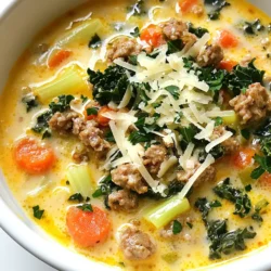 - 1 lb Italian sausage (mild or spicy) - 1 medium onion, diced - 2 carrots, diced - 2 celery stalks, diced - 1 can (14 oz) diced tomatoes (with juice) - 4 cups chicken broth - 1 cup kale or spinach, chopped These main ingredients form the heart of the Parmesan Italian sausage soup. The Italian sausage, either mild or spicy, adds depth and flavor. The mix of onion, carrots, and celery provides a classic base, known as mirepoix. Diced tomatoes add a touch of acidity, while chicken broth brings it all together. Finally, kale or spinach adds a nutritious pop of color. - 1 teaspoon dried oregano - 1 teaspoon dried basil - 1/2 teaspoon red pepper flakes (optional) - Salt and pepper to taste - 1 cup heavy cream - 1 cup grated Parmesan cheese - Fresh parsley, chopped (for garnish) Seasonings elevate the flavors of the soup. Oregano and basil offer warmth and earthiness. Red pepper flakes can add a bit of heat if you like spice. Salt and pepper balance the flavors. The heavy cream makes it rich and creamy, while grated Parmesan cheese brings a nutty sharpness. Fresh parsley not only adds a burst of color but also a fresh taste that brightens each bowl. {{ingredient_image_1}} Start by removing the sausage from its casing. Crumble the sausage into a large pot over medium heat. Cook it until it turns brown, which should take about 6 to 8 minutes. If needed, drain any excess fat to keep the soup light and tasty. Next, add the diced onion, carrots, and celery to the pot. Sauté these vegetables for about 5 minutes, until they soften. This step builds a great base for your soup. Then, incorporate the minced garlic and let it cook for one more minute. You want to smell that wonderful garlic aroma! Now it’s time to create the soup base. Stir in the canned diced tomatoes, including their juice. Pour in the chicken broth along with the dried oregano and dried basil. If you like a little heat, add red pepper flakes. Bring this mixture to a boil. Reduce the heat and let it simmer for about 15 minutes. This allows all the flavors to blend beautifully. For the final touches, add the chopped kale or spinach. Let it simmer for another 5 minutes until the greens wilt. Lower the heat and pour in the heavy cream, mixing it gently. Finally, stir in the grated Parmesan cheese, letting it melt into the soup. Adjust with salt and pepper to taste. Enjoy the rich, creamy goodness! - Fresh herbs boost taste. Add parsley or basil at the end for freshness. - Adjust spice levels by controlling the red pepper flakes. Start small; add more if needed. - Brown sausage well for flavor. Crumble it and cook until dark brown, about 6-8 minutes. - Simmer the soup gently. Let it bubble for about 15 minutes to blend flavors well. - Garnish with fresh parsley for color. It adds a pop and looks great. - Serve with crusty bread or a side salad. It makes the meal more filling and fun. Pro Tips Use Fresh Herbs: Fresh basil and oregano will enhance the flavor of your soup compared to dried herbs. Add them at the end of cooking for maximum flavor. Adjust the Creaminess: If you prefer a lighter soup, you can substitute half of the heavy cream with low-fat milk or a plant-based alternative. Make it Ahead: This soup tastes even better the next day! Make it in advance and store it in the refrigerator to allow the flavors to meld. Add Some Heat: For an extra kick, consider adding diced jalapeños or a splash of hot sauce along with the red pepper flakes. {{image_2}} You can switch the Italian sausage for ground turkey or chicken. This makes a lighter soup. Turkey or chicken still gives great flavor. You can season them like sausage to boost taste. For a vegetarian option, use beans instead of meat. Cannellini or black beans work well. They add protein and texture to the soup. Feel free to mix in seasonal vegetables. Zucchini, bell peppers, or green beans are all great choices. They add color and nutrition. If you are short on time, use frozen or pre-chopped veggies. They save prep time and still taste good in the soup. While Parmesan cheese shines in this recipe, other cheeses can work too. Try using mozzarella for a melty twist. Feta cheese can add a salty kick. If you want to skip dairy, use a dairy-free cream. Almond or coconut cream can be a good substitute. They keep the soup creamy without the dairy. To keep your leftover soup fresh, store it in an airtight container. This helps prevent odors and keeps the soup tasty. Make sure it cools down before sealing. I recommend using it within 3 to 4 days for the best flavor. Check for any signs of spoilage, like off smells or changes in color. If you want to keep your soup longer, freezing is a great option. Pour the cooled soup into freezer-safe containers, leaving some space at the top for expansion. You can also use freezer bags for easy storage. To thaw, place the soup in the fridge overnight. When ready to eat, reheat it on the stove or in the microwave. Make sure it heats evenly. Stir well to mix the flavors back together. This soup stays good in the fridge for about three to four days. Make sure to store it in an airtight container. Check for signs of spoilage. If it smells off or looks strange, throw it out. Yes, you can make this soup ahead of time. Just follow the recipe and let it cool down. Once cooled, place it in the fridge. When ready to eat, reheat it on the stove. Stir gently to keep the texture nice. You can easily make this soup gluten-free. Use gluten-free chicken broth and check your sausage. Many brands offer gluten-free Italian sausage. This way, you can enjoy the soup without worry. This blog covers how to make a tasty Parmesan Italian Sausage Soup. You learned about key ingredients, cooking steps, and tips for great flavor. Always choose fresh herbs and good-quality sausage for the best taste. Experiment with different veggies or proteins to make it your own. Whether you enjoy it right away or save it for later, this soup is a winner. Remember, cooking is about finding joy in every step! Enjoy your delicious creation.