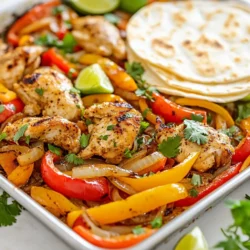 - 1.5 lbs boneless, skinless chicken thighs, sliced into strips - 2 bell peppers (red and yellow), sliced - 1 onion, sliced - 2 tablespoons olive oil - 1 tablespoon chili powder - 1 teaspoon cumin - 1 teaspoon paprika - 1/2 teaspoon garlic powder - 1/2 teaspoon onion powder - Salt and pepper to taste - 8 small tortillas (flour or corn) To make great fajitas, start with fresh chicken. I prefer boneless, skinless chicken thighs. They are tender and juicy after baking. Slice them into strips for even cooking. Next, add two bell peppers. I like the colors of red and yellow for a pop. Slice the onion to add sweetness. This mix of chicken and veggies makes the base of the dish. Now, let's talk about the seasonings. Olive oil adds richness. Chili powder gives heat. Cumin and paprika add depth and warmth. Garlic powder and onion powder enhance the flavors. Finally, season with salt and pepper to taste. This blend makes the fajitas flavorful and delicious. - Fresh cilantro - Lime wedges - Guacamole - Sour cream Toppings can make fajitas even better. Fresh cilantro adds brightness. A squeeze of lime juice gives a nice zing. Guacamole brings creaminess and flavor. Sour cream adds a cool touch. You can mix and match these toppings to suit your taste. Enjoy creating your own perfect fajitas! {{ingredient_image_1}} 1. Start by slicing the chicken thighs into strips. Aim for uniform pieces for even cooking. 2. Next, slice the bell peppers and onion. Use a mix of red and yellow peppers for color. 3. In a small bowl, mix the olive oil, chili powder, cumin, paprika, garlic powder, onion powder, salt, and pepper. This blend adds great flavor. 1. In a large mixing bowl, combine the sliced chicken, bell peppers, and onion. 2. Pour the seasoning mixture over the chicken and veggies. Toss everything well to coat. 3. Spread the seasoned mix evenly on a sheet pan. Make sure it is in a single layer for even baking. 4. Bake in a preheated oven at 400°F (200°C) for about 20-25 minutes. The chicken should be cooked through and the veggies tender. 1. While the chicken and veggies bake, warm the tortillas in a dry skillet or the oven for a few minutes. This makes them soft and pliable. 2. Once done, let the mixture cool slightly. You can serve it directly from the sheet pan for a fun, casual meal. 3. For plating, arrange warm tortillas on a plate. Serve the chicken and veggies alongside. Add toppings like cilantro, lime wedges, guacamole, or sour cream for a tasty finish. To ensure even cooking, slice the chicken and vegetables into uniform pieces. This helps everything cook at the same rate. A sharp knife makes cutting easier and safer. Keeping the chicken juicy is key. Marinating your chicken for at least 30 minutes adds flavor and moisture. Use olive oil and spices to coat the chicken well. Another tip is to check the chicken's internal temperature. It should reach 165°F (75°C) to be safe. This way, you avoid any dry bites. For a creative presentation, use a large wooden board. Arrange the fajitas with toppings around them. This makes it fun for everyone to build their own meal. When customizing fajitas for guests, set up a toppings bar. Offer options like fresh cilantro, lime wedges, guacamole, and sour cream. Let everyone choose what they like best! These tips will help you enjoy your Sheet Pan Chicken Fajitas even more. Happy cooking! Pro Tips Marinate for Extra Flavor: For enhanced flavor, marinate the chicken in the seasoning mix for at least 30 minutes or up to overnight in the refrigerator before cooking. Use Fresh Ingredients: Fresh bell peppers and onions add vibrancy and crunch to your fajitas. Choose vegetables that are firm and brightly colored. Don’t Overcrowd the Pan: Ensure there is enough space on the sheet pan for even cooking. Overcrowding can lead to steaming instead of roasting. Customize Your Toppings: Feel free to experiment with different toppings like diced tomatoes, jalapeños, or shredded cheese to personalize your fajitas. {{image_2}} You can switch out chicken for shrimp or tofu. Shrimp cooks fast and adds a nice texture. Tofu is great for a plant-based option. Make sure to press tofu to remove extra water. For veggies, try zucchini, mushrooms, or corn. Each adds a special flavor. You can mix and match based on what you have. Just remember to slice them thin for even cooking. You can play with spice levels. If you love heat, add more chili powder or a pinch of cayenne. For a milder taste, reduce the chili powder. Adding different seasonings is easy too. Try oregano, chili flakes, or even a splash of lime juice. These tweaks can change the whole dish. You can make it just right for your taste buds. To keep your fajitas fresh, use proper storage containers. I recommend airtight containers. They help prevent moisture loss and keep flavors intact. Place the fajitas in the container after they cool. Store them in the fridge. They can last for about 3 to 4 days this way. For the tortillas, keep them in a separate bag or container. This prevents them from getting soggy. If you wish to freeze the fajitas, use freezer-safe bags. Remove as much air as possible before sealing. This method keeps them good for up to 3 months. When it’s time to enjoy your leftovers, reheating is key. The best way to reheat fajitas is in a skillet. Heat it over medium heat and add a splash of water. Cover the skillet to steam the fajitas. This keeps them moist and warm. You can also use the microwave. Place the fajitas on a plate and cover them with a damp paper towel. Heat in short bursts, about 30 seconds each. Check often to avoid overheating. If you froze the fajitas, let them thaw in the fridge overnight. Then, reheat as mentioned above. Enjoying your fajitas again is a breeze! You can prep the chicken and veggies ahead of time. Slice the chicken thighs and vegetables. Place them in a bowl. Mix in the spices and olive oil. Cover the bowl and store it in the fridge for up to two days. When you’re ready to cook, spread the mixture on the sheet pan. Bake as directed. This makes for a quick meal on busy nights. Yes, you can add more vegetables for extra flavor and nutrition. Zucchini and mushrooms work well. You can also use corn or cherry tomatoes. Just make sure to cut them into similar sizes as the peppers and onions. This way, they will cook evenly. Many sides go great with chicken fajitas. Here are a few ideas: - Mexican rice - Refried beans - Black beans - Corn salad - Fresh guacamole - Chips and salsa These sides will make your meal colorful and satisfying. This article covered how to make tasty sheet pan chicken fajitas. You learned about the main ingredients, easy steps to prep and cook, and serving ideas. I hope the tips helped you achieve juicy chicken and creative presentations. You can mix up flavors with different proteins or veggies, too. With proper storage and reheating methods, you can enjoy these fajitas any time. Dive into this fun dish, and make it your own!