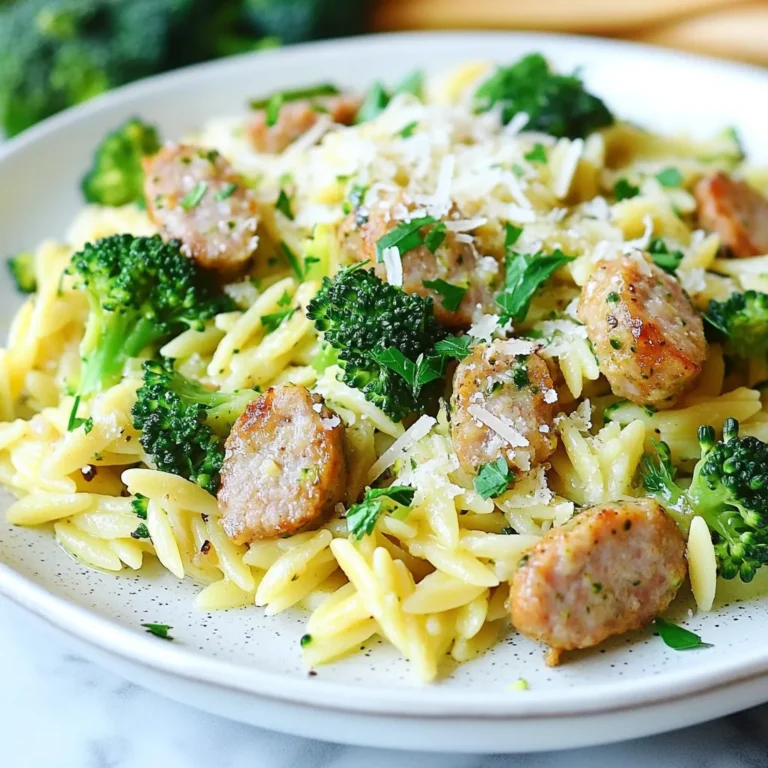 - 1 pound chicken sausage, casings removed - 1 cup orzo pasta - 2 cups broccoli florets - 1 small onion, finely chopped - 2 cloves garlic, minced - 3 cups low-sodium chicken broth - 1 tablespoon olive oil - 1 teaspoon Italian seasoning - 1/4 cup grated Parmesan cheese The main ingredients in this dish bring fresh flavor and great texture. Chicken sausage adds a savory taste that pairs well with the tender orzo and crisp broccoli. The onion and garlic give a warm aroma, making your kitchen feel inviting. Using low-sodium chicken broth keeps the dish light, while olive oil adds a hint of richness. Italian seasoning ties everything together, making each bite delicious. - Salt and pepper to taste - 2 tablespoons fresh parsley, chopped (for garnish) Seasonings like salt and pepper elevate the dish. They help bring out the natural flavors of the ingredients. Fresh parsley adds color and a burst of freshness on top. Just sprinkle it on before serving for a lovely finish. This simple touch makes the meal look and taste even better. {{ingredient_image_1}} - First, heat 1 tablespoon of olive oil in a large skillet over medium heat. - Add 1 small, finely chopped onion. Sauté until it turns translucent, about 3 to 4 minutes. - Next, add 2 minced cloves of garlic. Cook for 1 more minute until you smell that great garlic aroma. - Now, add 1 pound of chicken sausage, casings removed. Use a wooden spoon to break it apart. Cook until browned and fully cooked, about 5 to 7 minutes. - After the sausage is cooked, stir in 2 cups of broccoli florets. - Add 1 teaspoon of Italian seasoning, along with salt and pepper to taste. - Cook this mixture for another 3 to 4 minutes. You want the broccoli to soften but still be bright green. - In a separate pot, bring 3 cups of low-sodium chicken broth to a gentle boil. - Once boiling, add 1 cup of orzo pasta. Cook according to package instructions, usually about 8 to 10 minutes, until al dente. - When the orzo is done, drain any excess broth. Combine it with the sausage and broccoli in the skillet. - Stir everything together, allowing the flavors to meld for about 2 minutes. Now, you're ready to enjoy a comforting and tasty meal! To make perfect orzo, start by boiling water in a pot. Use enough water to cover the orzo well. Once boiling, add salt for flavor. Stir the orzo occasionally to prevent sticking. Cook until it's al dente, about 8-10 minutes. Drain any extra broth to keep it from being mushy. For chicken sausage, ensure it’s fully cooked. The sausage should be browned all over. Use a meat thermometer to check. It should reach an internal temperature of 165°F. Cooking it well adds good flavor and keeps it safe to eat. To boost flavor, consider adding more seasonings. Garlic powder or red pepper flakes can add a nice kick. Fresh herbs like basil or thyme also bring extra taste. Don't hesitate to experiment with spices you enjoy. Using homemade broth makes a big difference. It can enhance the dish's overall flavor. Store-bought broth works, but look for low-sodium options. This choice helps control saltiness in your meal. For even richer flavor, simmer some bones or veggies in water for your broth. Pro Tips Use Fresh Broccoli: Fresh broccoli not only tastes better but also retains more nutrients compared to frozen. Look for bright green florets with firm stalks. Cook Orzo Al Dente: To achieve the best texture, cook your orzo just until al dente, which will allow it to absorb flavors without becoming mushy. Flavor Boost with Broth: For an extra flavor boost, consider adding a splash of white wine to the skillet after cooking the sausage, letting it reduce before adding the broccoli. Garnish for Freshness: Fresh parsley not only adds color but also a vibrant flavor. Feel free to substitute with basil or cilantro for a different twist. {{image_2}} You can mix things up with different sausages. Try turkey or pork sausage if you want a change. Each type brings its unique flavor. You can also use plant-based sausage for a meat-free option. It tastes great too! Broccoli is versatile. You can use fresh or frozen broccoli. Frozen broccoli saves time and cooks quickly. If using fresh, cut the florets into bite-sized pieces. This helps them cook evenly. To make this dish gluten-free, swap orzo for gluten-free pasta. Many brands offer great alternatives that taste just as good. Always check the package for cooking times. For a vegetarian version, use plant-based sausage. You can also add more veggies. Try bell peppers, spinach, or zucchini for added color and flavor. This keeps the meal hearty and satisfying. To keep your Chicken Sausage Broccoli Orzo fresh, store it in an airtight container. This helps prevent the dish from drying out. Place it in the fridge within two hours of cooking. It will stay fresh for up to three days. When you want to reheat, the best method is the stovetop. Add a splash of chicken broth to keep it moist. Heat over medium-low, stirring often until warm. You can also use the microwave. Just cover the dish to keep moisture in. Reheat in short bursts, stirring in between to maintain texture. Avoid overheating, as this can make the orzo mushy. You can pair this dish with a few tasty sides. Here are some ideas: - Garlic bread for a crunchy, buttery side. - Mixed greens salad with a light vinaigrette for a fresh touch. - Roasted vegetables to add color and flavor. - Crusty bread to soak up all the delicious juices. These sides will make your meal even more enjoyable! Prep for Chicken Sausage Broccoli Orzo is quick. It takes about 10 minutes to get everything ready. Cooking the dish takes around 20 minutes. In total, you need about 30 minutes from start to finish. This makes it perfect for a busy weeknight! Yes, you can freeze this dish! Here are some tips: - Let the orzo cool completely before freezing. - Store it in an airtight container or freezer bag. - It can last up to three months in the freezer. When ready to eat, thaw it overnight in the fridge. Reheat it on the stove or in the microwave for best results. Enjoy your easy meal later! This dish is simple and full of flavor. We covered all the key steps, from choosing fresh ingredients to cooking and storing leftovers. You can swap sausages, adjust for dietary needs, and even play with spices. These tips make the dish easy and fun. As you try it out, enjoy the flavors and make it your own. Cooking can be both rewarding and delicious!