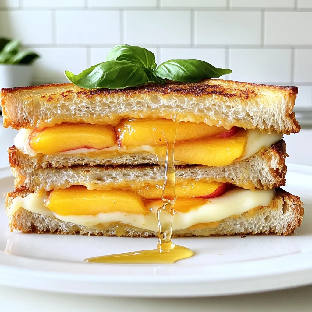 - 2 slices of sourdough bread - 2 tablespoons unsalted butter - 1 ripe peach, thinly sliced - 1/2 cup white cheddar cheese, shredded - 1 tablespoon honey - Fresh basil leaves, for garnish (optional) - Sea salt, to taste Gathering the right ingredients is key to this tasty treat. I love using sourdough bread for its crisp crust and soft inside. Butter adds richness and helps the bread toast nicely. You want ripe peaches for sweetness and a juicy bite. White cheddar cheese brings a sharp flavor that pairs well with the fruit. Honey adds a touch of sweetness. If you want, fresh basil leaves can add a unique twist. A sprinkle of sea salt at the end enhances all the flavors in this dish. Each ingredient plays its part in making this grilled cheese special. Enjoy the blend of sweet, savory, and creamy in every bite! First, we need to butter our bread well. Take two slices of sourdough bread. Use 1 tablespoon of softened unsalted butter for each slice. Spread the butter on one side of each slice. Make sure to cover the whole surface. This helps create a nice, crispy crust. For even butter application, use a butter knife or a spatula. Start from the center and move outwards. This way, you avoid clumps and get a smooth coat. If you have any extra butter, save it for later. Now, let’s build our sandwich! Flip the bread over so the buttered sides are facing out. Start with half of the shredded white cheddar cheese on one slice. This cheese gives our sandwich a rich flavor. Next, take one ripe peach and slice it thinly. Arrange the peach slices evenly on top of the cheese. This will help the peach flavor mix well with the cheese. Drizzle one tablespoon of honey over the peaches. Make sure the honey spreads out for even sweetness. Finally, add the rest of the cheese on top of the peaches. This creates a cheesy barrier that holds everything together. It's time to cook! Preheat a skillet over medium heat. This is key for a perfect grilled cheese. Once the skillet is hot, place the sandwich inside. Cook for about 3 to 4 minutes on one side. Check if the bread is golden brown and the cheese is melting. Flip the sandwich carefully and cook the other side. Repeat for another 3 to 4 minutes. The goal is a crispy outside and gooey inside. When done, take the sandwich out and let it sit for one minute before cutting. Enjoy your delicious creation! To make the best grilled cheese, choose the right cheese. White cheddar is great, but you can also try Gouda or fontina. These cheeses melt well and have a rich flavor. To get that gooey texture, use low heat. High heat can burn the bread before the cheese melts. Use a lid on your skillet. This helps trap heat and steam, making the cheese melt faster. You can spice up your grilled cheese with herbs. Try adding fresh basil or thyme. These herbs pair well with the sweetness of the peach. For sides, consider a simple salad or some sweet potato fries. They add crunch and balance to the meal. A chilled glass of iced tea also makes a nice drink. It cools your palate and complements the flavors. {{image_2}} You can switch out sourdough for other breads. Whole grain or ciabatta adds a nice twist. These breads give different tastes and textures. If you need gluten-free, look for gluten-free bread. Many brands make good options that won’t lose flavor. You can swap peaches for other fruits based on the season. In summer, try ripe strawberries. In fall, use apples for a warm, sweet touch. Each fruit brings its own taste, enhancing the cheese. Consider pears in winter for a juicy option that pairs well. Want to make it a meal? Add proteins like turkey or crispy bacon. They add heartiness and flavor. You can also experiment with different honey varieties. Lavender or orange blossom honey adds unique notes to your grilled cheese. Try them and find your favorite mix! To keep your grilled cheese fresh, store it in the refrigerator. Wrap it tightly in foil or place it in an airtight container. This helps keep the bread soft and the cheese tasty. Use leftovers within two days for the best flavor. When reheating, use a skillet over low heat. This method warms the sandwich gently. Flip it often to avoid burning. You want the outside crispy and the cheese melted. Avoid the microwave, as it can make the bread soggy. Can you freeze grilled cheese? Yes, you can! Freezing is a great way to save extra sandwiches. However, they are best eaten fresh. Before freezing, assemble the sandwich but do not cook it. Wrap each sandwich in plastic wrap and then in foil. This double wrapping prevents freezer burn. Label with the date for easy tracking. When ready to eat, thaw the sandwich in the fridge overnight. Then, cook it in a skillet as you normally would. This keeps the texture and flavor just right. To make the cheese melt fast, you need heat and moisture. Use medium heat on your skillet. This heat helps the cheese melt evenly. Cover the sandwich with a lid for a few minutes. The lid traps steam, which adds moisture. This moisture makes the cheese gooey and delicious. Flipping the sandwich halfway through also helps. It ensures both sides get that perfect golden crust and melt. Yes, you can use other types of cheese. Some popular substitutes include gouda, mozzarella, or fontina. Gouda gives a rich, creamy taste. Mozzarella adds a nice stretch to your sandwich. Fontina melts beautifully and has a mild flavor. You can also mix different cheeses for a unique taste. Try combining cheddar with your favorite cheese. This way, you can create your own special blend. You can serve many tasty sides with this sandwich. A simple side salad adds freshness. Try a mixed greens salad with a light vinaigrette. Tomato soup is another classic pairing. Its warmth complements the grilled cheese well. For drinks, a chilled lemonade or iced tea works great. Both drinks balance the sweet and savory notes of the sandwich. This blog post covered how to make a Honey Peach White Cheddar Grilled Cheese. We started with the key ingredients like ripe peaches and white cheddar. Then, I showed you the steps for buttering, layering, and cooking your sandwich just right. We shared tips for melting cheese and suggested tasty variations to try. In closing, feel free to experiment with flavors and textures. Each bite can be even better with your favorite toppings. Enjoy your creations and share them with friends!