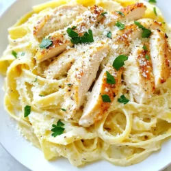 For this creamy chicken Alfredo, you need: - 2 chicken breasts, boneless and skinless - 8 oz fettuccine pasta These two main ingredients create a hearty base. The chicken gives protein, while the fettuccine pasta brings a lovely texture. The sauce is where the magic happens. You will need: - 1 cup heavy cream - 1 cup grated Parmesan cheese - 2 tablespoons olive oil - 3 cloves garlic, minced - 1 teaspoon Italian seasoning - Salt and black pepper to taste The heavy cream creates that rich, creamy sauce. Parmesan cheese adds depth and flavor. Garlic and Italian seasoning bring the dish together. To finish your dish, grab: - Fresh parsley, chopped (for garnish) - Extra grated Parmesan cheese (for serving) These garnishes add color and freshness. The extra cheese gives you more of that great flavor we love. Enjoy your creamy chicken Alfredo with these simple yet delightful ingredients! {{ingredient_image_1}} To cook the fettuccine, start with a large pot. Fill it with salted water and bring it to a boil. Once boiling, add the fettuccine. Cook it according to the package instructions until it is al dente. This usually takes about 8 to 10 minutes. After cooking, drain the pasta in a colander. Be sure to save ½ cup of the pasta water. This water will help your sauce later. While the pasta cooks, take your chicken breasts. Season both sides with salt, black pepper, and Italian seasoning. This step adds flavor right to the meat. Next, get a large skillet and heat the olive oil over medium-high heat. Once the oil is hot, add the chicken. Cook the chicken for about 6 to 7 minutes on each side. Look for a golden brown color. Make sure it’s cooked all the way through. After cooking, take the chicken out of the skillet and let it rest for 5 minutes. Then, slice the chicken into strips. In the same skillet where you cooked the chicken, add the minced garlic. Sauté it for about 1 minute until it smells good. Then, pour in the heavy cream and bring it to a gentle simmer. Lower the heat to keep it warm. Gradually whisk in the grated Parmesan cheese. Keep whisking until the cheese melts and the sauce is smooth. If the sauce seems too thick, use the reserved pasta water to make it creamy. Now it’s time to bring it all together. Add the cooked fettuccine to the Alfredo sauce in the skillet. Toss the pasta around so it gets well coated. Place the sliced chicken strips on top of the pasta. Gently toss everything together until mixed. Taste it and adjust the seasoning with salt and pepper as needed. Divide the creamy chicken Alfredo between two plates. For a nice touch, garnish each plate with chopped fresh parsley. Don’t forget to sprinkle extra grated Parmesan on top. This will make your dish look special and taste even better! Enjoy your meal together. To cook chicken breasts right, start with even pieces. This helps them cook evenly. Season both sides well with salt, pepper, and Italian seasoning. Heat olive oil in a skillet over medium-high heat. Add the chicken when the oil is hot. Cook for 6-7 minutes on each side. Look for a golden brown color. Use a meat thermometer to check if it reaches 165°F. After cooking, let the chicken rest for 5 minutes. This helps keep it juicy when you slice it. Your Alfredo sauce might be too thick at times. If it is, don’t worry! Use the reserved pasta water to fix it. Start with a little bit, about 1-2 tablespoons. Stir it into the sauce until it’s just right. The sauce should coat the pasta nicely without being runny. If you want a richer taste, add more grated Parmesan. Always taste your sauce. Adjust with salt and pepper if needed. This way, you get the perfect creamy texture every time. Cooking fettuccine is simple but needs your attention. First, boil a large pot of salted water. This gives flavor to the pasta. Once it’s boiling, add the fettuccine. Stir it occasionally to prevent sticking. Check the pasta after 8-10 minutes for doneness. It should be al dente, or firm to the bite. Reserve some pasta water before draining. This water helps adjust your sauce later. After draining, don’t rinse the pasta. The starch helps the sauce stick better. Enjoy your creamy Chicken Alfredo with perfectly cooked fettuccine! Pro Tips Use Fresh Ingredients: Always opt for fresh chicken and high-quality Parmesan cheese for the best flavor and creaminess in your Alfredo sauce. Do Not Overcook the Pasta: Make sure to cook the fettuccine until al dente, as it will continue to cook slightly when tossed with the hot Alfredo sauce. Adjust Sauce Consistency: If your Alfredo sauce becomes too thick, gradually add the reserved pasta water until you achieve your desired creaminess. Rest the Chicken: Let the chicken rest for a few minutes after cooking to keep it juicy and tender before slicing. {{image_2}} You can make your Chicken Alfredo even better by adding vegetables. Fresh spinach is a great choice. It wilts nicely and adds a pop of color. Broccoli or peas also work well. Just steam them and toss them in with the pasta. This gives you flavor and extra nutrients. If you want a change from chicken, try shrimp or turkey. Shrimp cooks quickly and adds a nice flavor. Turkey is leaner and still tasty. You can even use tofu for a vegetarian option. Season it well for the best taste. These swaps keep your meal exciting and fresh. Cheese is key in Alfredo. While Parmesan is classic, you can use others. Pecorino Romano gives a sharper taste. For a creamier sauce, try adding cream cheese. You can mix a bit of mozzarella for extra gooeyness. Experimenting with cheese keeps the dish fun and flavorful. After enjoying your Chicken Alfredo, let the leftovers cool down. Place the pasta and chicken in an airtight container. This helps keep the dish fresh. Store it in the fridge for up to three days. If you want to keep it longer, consider freezing. To reheat your Chicken Alfredo, use the microwave or stove. If using the microwave, place the pasta in a bowl. Add a splash of milk or cream to keep it moist. Heat in short bursts, stirring often. On the stove, warm it in a pan over low heat. Stir gently, adding a little liquid if needed. This helps the sauce stay creamy. For freezing, place the Chicken Alfredo in a freezer-safe container. You can freeze it for up to three months. When you're ready to eat, thaw it in the fridge overnight. Reheat using the methods mentioned above. Note that the sauce may change in texture, but it will still taste great! Yes, you can use other pasta types! While fettuccine is classic, penne or rigatoni work well too. These shapes hold sauce nicely. Just remember to adjust cooking times based on the pasta type. You can use half-and-half or milk mixed with butter. This gives a creamy texture without all the fat. For a lighter option, use Greek yogurt or a cashew cream if you want a dairy-free choice. You can store Chicken Alfredo in the fridge for about three days. Make sure to keep it in an airtight container. When reheating, add a splash of milk or cream to help revive the sauce. In this post, I covered how to make Chicken Alfredo. We explored the key ingredients like pasta, chicken, and sauce. I shared step-by-step instructions to guide your cooking. You learned tips for perfect chicken and sauce. Variations let you add your own twist, while storage info helps keep leftovers fresh. Remember, cooking is fun and allows for creativity. Don't be afraid to try new things! Enjoy your delicious Chicken Alfredo!