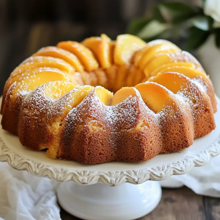 - 1 cup unsalted butter, softened - 2 cups granulated sugar - 4 large eggs - 3 cups all-purpose flour - 1 teaspoon baking powder - 1/2 teaspoon baking soda - 1/2 teaspoon salt - 1 cup sour cream - 1 teaspoon vanilla extract - 3 cups fresh peaches, peeled and diced - 1 teaspoon ground cinnamon - 1/2 teaspoon nutmeg - 1/2 cup brown sugar (for topping) Gathering the right ingredients makes your Peach Cobbler Pound Cake shine. You need unsalted butter, so it mixes well. Use two cups of granulated sugar for sweetness. Add four large eggs to give the cake structure. You'll need three cups of all-purpose flour to create the base. Don't forget the baking powder and baking soda to help the cake rise. A touch of salt enhances all the flavors. For creaminess, one cup of sour cream is key. Vanilla extract adds a nice aroma. Fresh peaches are the star of this cake. You'll need three cups, peeled and diced. Ground cinnamon and nutmeg add warmth and depth. Finally, use half a cup of brown sugar for a delightful topping. These ingredients come together to create a moist and flavorful cake. Each adds texture and taste, making every bite a delight. {{ingredient_image_1}} - Preheat the oven to 350°F (175°C). - Grease a 10-inch bundt pan or tube pan. Start by preparing your oven and pan. Preheating the oven ensures even baking. Greasing the bundt pan helps the cake release easily after baking. Use butter or cooking spray to coat the pan well. - Cream together butter and sugar. - Add eggs and vanilla extract. - Combine dry ingredients and alternate mixing with sour cream. Next, you will create the batter. In a large bowl, cream the softened butter with granulated sugar. Mix until it looks light and fluffy. This takes about four to five minutes. Then, add the eggs one at a time. Beat well after each addition and stir in the vanilla extract. In another bowl, whisk the flour, baking powder, baking soda, salt, cinnamon, and nutmeg together. Gradually add this dry mix to the butter mix. Alternate adding the sour cream. Start and end with the flour mix. This helps keep the batter smooth. - Gently fold diced peaches into the batter. - Pour batter into the prepared bundt pan. Now it's time for the stars—fresh peaches! Gently fold the diced peaches into the batter. This ensures they spread evenly. After that, pour the batter into the greased bundt pan. Smooth the top with a spatula to prepare for baking. - Sprinkle brown sugar and cinnamon on top. - Bake for 60-70 minutes, or until a toothpick comes out clean. Before baking, sprinkle brown sugar mixed with a bit of cinnamon on top. This adds a lovely sweet crust. Bake the cake in the preheated oven for 60 to 70 minutes. Check for doneness by inserting a toothpick in the center. If it comes out clean, your cake is ready! - Allow to cool in pan for 15 minutes. - Invert onto a wire rack to cool completely. Once baked, let the cake cool in the pan for 15 minutes. This helps it set. After that, carefully invert the cake onto a wire rack. Allow it to cool completely before serving. Enjoy the sweet aroma of your Peach Cobbler Pound Cake! To get the best texture in your Peach Cobbler Pound Cake, use room-temperature butter. Cold butter will not mix well and can lead to a dense cake. Next, alternate between adding the dry ingredients and the sour cream. This method keeps the batter light and fluffy. The sour cream adds moisture, making each bite rich and tender. For a beautiful presentation, place the cake on a lovely cake stand. Dust the top with powdered sugar for a touch of elegance. To enhance each slice, serve it with a scoop of vanilla ice cream or a dollop of whipped cream. This pairing adds a creamy contrast to the cake’s fruity flavor. To boost the flavor, think about adding more spices. Nutmeg and cardamom can add depth to your cake. Always use ripe, fresh peaches for the best taste. The fruit should be sweet and juicy. This will make all the difference in creating that delightful peach cobbler flavor. Pro Tips Use Ripe Peaches: Ensure that the peaches are ripe for the best flavor and sweetness in your cake. Don’t Overmix: When adding the dry ingredients, mix just until combined to keep the cake light and fluffy. Cool Properly: Allow the cake to cool in the pan for 15 minutes before inverting to prevent it from breaking apart. Enhance Flavor: Add a splash of almond extract for an extra layer of flavor that complements the peaches well. {{image_2}} You can change up the recipe by using different fruits. Substitute peaches with apples, berries, or apricots. Each fruit brings its own flavor and style. You can also try a mixed fruit version. This will give you a fun twist and make it even more tasty! If you need a gluten-free cake, you can easily adapt this recipe. Just use a gluten-free flour blend instead of all-purpose flour. This small switch keeps the cake delicious while meeting dietary needs. It still tastes great! Want a vegan version of this cake? You can easily make some swaps. Replace the butter with coconut oil. For eggs, use flax eggs made from ground flaxseed and water. Also, use plant-based sour cream. These changes will keep your cake moist and yummy without any animal products. Enjoy your new vegan treat! To keep your peach cobbler pound cake fresh, place it in an airtight container. It stays good at room temperature for up to three days. If you want to store it longer, put it in the fridge. It will last for up to one week this way. If you need to freeze the cake, wrap it tightly in plastic wrap. Then, wrap it again in foil to prevent freezer burn. This cake can be frozen for up to three months. When you are ready to enjoy it, let it thaw in the fridge overnight. To reheat individual slices, use your microwave. Heat them for about 15-20 seconds. If you prefer, you can also reheat slices in the oven. Just set the oven to a low temperature and warm them up for about 10 minutes. This will help keep the cake moist and tasty. Yes, but make sure to drain them well before use. Canned peaches can be sweet and soft. Rinsing helps reduce extra juice. This way, your cake won't become soggy. Use the same amount as fresh peaches. This makes it easy if fresh peaches are out of season. A toothpick inserted into the center should come out clean. This means the cake is baked through. If there is wet batter on the toothpick, bake it a bit longer. Checking a few spots helps ensure it is done all the way through. The top will also look golden brown and firm. Yes, it can be baked in advance and stored properly for serving later. Let it cool completely before wrapping. Use plastic wrap or foil to keep it fresh. You can store it at room temperature for a few days. For longer storage, keep it in the fridge. It also freezes well for up to three months. Just thaw it overnight before serving. This peach bundt cake is a delightful treat, made with simple ingredients. You start with butter, sugar, eggs, flour, and fresh peaches. Following clear steps helps you create a moist cake that impresses everyone. Remember, you can tweak the recipe by adding different fruits or making it vegan. Store it well to enjoy later. With this guide, baking becomes fun and easy. I hope you’re excited to try this recipe at home!
