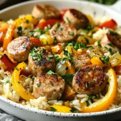 - 1 pound chicken sausage, sliced - 1 cup long-grain white rice - 1 small onion, diced - 1 bell pepper (red or green), diced - 2 cloves garlic, minced - 1 can (14.5 oz) diced tomatoes, undrained The main ingredients for this dish are simple and fresh. Chicken sausage gives a nice flavor without being too heavy. Long-grain white rice acts as the base. Onions and bell peppers add sweetness and crunch. Garlic brings a warm aroma, while diced tomatoes add moisture and zest. - 1 teaspoon smoked paprika - 1 teaspoon dried oregano - Salt and pepper to taste Seasonings are crucial for flavor. Smoked paprika gives a touch of smokiness. Dried oregano adds a nice herb taste. Adjust the salt and pepper to fit your taste. These seasonings enhance the dish without overpowering it. - 3 cups chicken broth - 2 tablespoons olive oil - 1 cup frozen peas - Fresh herbs for garnish Chicken broth adds richness to the rice. Olive oil helps in cooking the sausage and veggies. Frozen peas add a pop of color and sweetness. Fresh herbs like parsley or cilantro brighten the dish when served. These components make this meal hearty and comforting. {{ingredient_image_1}} - Start by heating 2 tablespoons of olive oil in a large skillet over medium heat. - Slice 1 pound of chicken sausage. Add it to the hot oil. - Sauté the sausage for about 5-7 minutes until it turns golden brown. - Use a spatula to turn the slices so they brown evenly. - Once done, remove the sausage from the skillet and set it aside. - In the same skillet, add the diced onion and bell pepper. - Sauté them for about 3-4 minutes until they soften. - Next, stir in 2 minced garlic cloves. Cook for one more minute until you smell the garlic. - This adds a nice flavor to your dish. - Now, add 1 cup of long-grain white rice to the skillet. - Stir the rice for about 2 minutes to coat it in the oil and veggies. - Pour in 1 can of diced tomatoes (with juice), 3 cups of chicken broth, 1 teaspoon of smoked paprika, and 1 teaspoon of dried oregano. - Mix everything well and season with salt and pepper to taste. - Bring the mixture to a boil. - Once boiling, turn the heat down to a simmer. - Cover the skillet and cook for 15 minutes or until the rice is tender. - After 15 minutes, add 1 cup of frozen peas and the browned sausage back to the skillet. - Cover again and cook for another 5 minutes until everything is heated through. - Fluff the rice and sausage mixture with a fork, adjusting the seasoning if needed. - Ensuring rice consistency: Use long-grain white rice for a fluffy texture. Rinse the rice before cooking to remove excess starch. This helps it stay separate and not sticky. Stir the rice in oil for a couple of minutes before adding liquids. This helps it cook evenly and enhances the flavor. - Perfecting sausage browning: Choose chicken sausage for a leaner option. Heat the skillet before adding sausage to get a nice sear. Cook in batches if your skillet is crowded. This ensures each piece gets enough heat for even browning. - Garnishing ideas: Fresh parsley or cilantro adds color and brightness. Lime wedges on the side give a zesty flavor boost. You could also sprinkle some cheese on top for extra richness. - Pairing with sides or sauces: Serve with a simple green salad or crusty bread. A side of roasted vegetables complements this dish well. For a kick, drizzle with hot sauce before serving. - Storing leftovers: Let the dish cool to room temperature before storing. Use an airtight container to keep it fresh for up to three days in the fridge. - Reheating methods: Reheat on the stove for even warming. Add a splash of broth or water to keep it moist. You can also microwave it for a quick meal. Just cover it to prevent drying out. Pro Tips Quality Ingredients: Using high-quality chicken sausage will enhance the flavor and texture of your dish. Look for options that are minimally processed and contain natural ingredients. Rice Type Matters: Long-grain rice works best for this recipe as it remains fluffy and separate. Avoid using short-grain rice, which can become sticky. Flavor Boost: For an extra kick, consider adding a pinch of red pepper flakes or a splash of hot sauce to the skillet while cooking. Garnish for Freshness: Fresh herbs like parsley or cilantro not only add color but also a burst of freshness. Don’t skip this step for a restaurant-quality finish! {{image_2}} You can switch up the protein in this dish. Chicken sausage is great, but you can try other types too. Here are some ideas: - Pork sausage: This adds a rich flavor. - Turkey sausage: A leaner option that still tastes good. - Beef sausage: For a heartier taste. - Vegetarian sausage: Perfect for plant-based diets. Want to change the base? Rice is nice, but there are fun alternatives: - Brown rice: This gives more fiber and a nutty taste. - Quinoa: It cooks fast and is full of protein. - Cauliflower rice: A great low-carb swap for a light meal. You can easily boost the flavor of your skillet. Here are some ways to spice it up: - Add spices: Try cumin or chili powder for warmth. - Hot sauce: A splash can bring heat and excitement. - Different vegetables: Toss in spinach, zucchini, or corn for color and crunch. These variations make the dish exciting and allow you to enjoy it in many ways. After cooking, let your sausage and rice skillet cool. I recommend leaving it at room temperature for 30 minutes. This helps prevent condensation in the container. Use airtight containers for storage. Glass or BPA-free plastic containers work best. In the fridge, this dish lasts about 3 to 4 days. If you want to freeze it, place it in a freezer-safe container. It freezes well for up to 3 months. To thaw, move it to the fridge overnight before reheating. For reheating, the best method is on the stove. Use a skillet over medium heat. Add a splash of chicken broth or water to keep it moist. Stir occasionally to heat evenly. You can also use the microwave, but cover it to avoid drying out. Adding a bit of fresh parsley or cilantro can boost the flavor, too. The total cooking and prep time for the Sausage and Rice Skillet is about 35 minutes. You need 10 minutes to prep the ingredients and 25 minutes to cook. This quick dish is perfect for busy weeknights! Yes, you can use other types of sausage in this recipe. Try turkey sausage for a healthier option. You can also use pork or Italian sausage for more flavor. Just adjust the cooking time if needed. You can serve Sausage and Rice Skillet with a simple salad or steamed vegetables. Garlic bread also makes a great side. For a refreshing touch, add lime wedges on the side for a zesty kick. This recipe is great for meal prep. You can cook a big batch and store it in the fridge. It stays good for about three days. Just reheat in the microwave or on the stove when you’re ready to eat. This blog post covers a tasty sausage and rice skillet recipe. You learned about key ingredients like chicken sausage, rice, and fresh vegetables. I shared step-by-step instructions to cook it perfectly. Tips were included to help with flavor and storage. You can also explore fun variations with different proteins or rice types. Cooking can be simple and delicious. Enjoy making this dish, and don't be afraid to get creative!