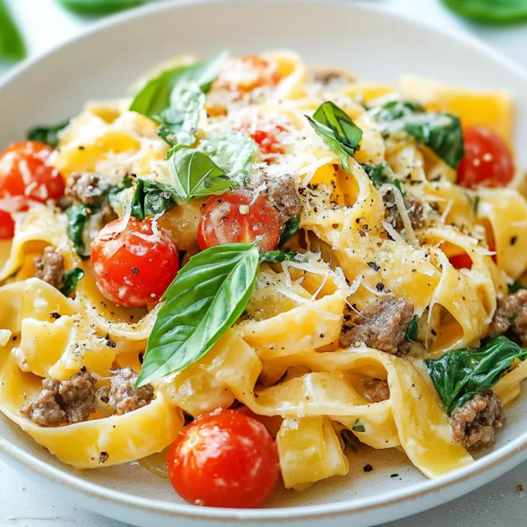 To make this dish, you need some key ingredients: - 8 oz (225 g) fettuccine or your preferred pasta - 1 lb (450 g) ground beef - 3 cloves garlic, minced - 1 cup cherry tomatoes, halved - 1 cup baby spinach - 1 cup heavy cream - 1/2 cup grated Parmesan cheese - 1/3 cup sun-dried tomatoes, chopped - 1 teaspoon Italian seasoning - 1 tablespoon olive oil - Salt and pepper to taste - Fresh basil leaves for garnish These ingredients bring rich flavors and textures to the dish. The ground beef provides protein, while the heavy cream adds a smooth texture. Garlic and Italian seasoning give it a nice aroma and taste. You can add some optional ingredients to take your dish up a notch: - Red pepper flakes for some heat - Mushrooms for an earthy flavor - Peas for a pop of color and sweetness These additions can change the flavor profile. They let you customize the dish based on your taste. If you cannot find some ingredients, don’t worry! Here are some good substitutions: - Use penne or rigatoni pasta instead of fettuccine. - Swap ground beef for ground turkey or chicken for a lighter dish. - Use half-and-half instead of heavy cream for a lower-fat option. These substitutions can keep your meal exciting while ensuring you still get a tasty result! {{ingredient_image_1}} Start by filling a large pot with water. Make sure to add salt, which adds flavor. Bring the water to a rolling boil. Once boiling, add 8 oz of fettuccine or your favorite pasta. Cook it according to the package directions until it is al dente. This usually takes about 8-10 minutes. When the pasta is ready, save 1/2 cup of the pasta water. Drain the rest and set the pasta aside. Next, grab a large skillet and heat 1 tablespoon of olive oil over medium heat. Once the oil is hot, add 1 lb of ground beef. Sprinkle it with salt and pepper. Cook the beef, breaking it apart with a spatula. This should take about 5-7 minutes until the beef is browned. Browning the beef gives it a deep, rich flavor that makes this dish special. Now, it's time to make the sauce. Stir in 3 cloves of minced garlic. Cook for 1-2 minutes until you smell the garlic. Then, add 1 cup of cherry tomatoes and 1/3 cup of chopped sun-dried tomatoes. Let these cook for about 3-4 minutes until they soften. Pour in 1 cup of heavy cream and stir to mix everything well. Let the sauce simmer for about 5 minutes. Add in 1 teaspoon of Italian seasoning and 1/2 cup of grated Parmesan cheese. Stir until the cheese melts, making it creamy and smooth. To get the sauce just right, start with heavy cream. This gives a rich base. If the sauce seems too thick, add some reserved pasta water. Gradually stir it in until you reach your desired consistency. You want a creamy, smooth sauce that clings to the pasta. Season your beef well with salt and pepper as it cooks. This builds a great flavor base. After adding the cream, taste the sauce. You may want more salt or pepper. Don’t forget to mix in Italian seasoning for that extra kick. Fresh basil at the end adds a nice touch. To save time, prep your ingredients first. Chop garlic and tomatoes before you start cooking. Use a large pot for the pasta. This allows the pasta to move freely. Cook the beef while the pasta boils. This way, you finish the meal in about 30 minutes. Happy cooking! Pro Tips Choose Your Pasta Wisely: Fettuccine is an excellent choice for this dish, but feel free to use any pasta shape you love. Just ensure it can hold onto the creamy sauce well! Don't Skimp on Seasoning: Season each layer of the dish—beef, sauce, and pasta—separately to build flavor. A well-seasoned dish will elevate your meal significantly. Use Fresh Ingredients: Whenever possible, opt for fresh garlic, spinach, and basil. Fresh ingredients can drastically enhance the overall flavor and presentation of your dish. Perfect Your Sauce Consistency: If your sauce seems too thick, gradually add the reserved pasta water. This helps achieve a silky texture without compromising flavor. {{image_2}} You can make a tasty meatless version of this dish. Swap the ground beef for plant-based ground meat. You could also use cooked lentils or chickpeas for protein. The flavors will still shine through. Add extra veggies like mushrooms, zucchini, or bell peppers to keep it hearty. While fettuccine is a classic choice, feel free to get creative. Use penne, rotini, or even gluten-free pasta. Each type brings its own texture and shape. This can affect how the sauce clings to the pasta. Just make sure to cook it according to the package instructions. Enhance the flavor with extra spices. Try adding red pepper flakes for heat. A pinch of smoked paprika can add depth. Fresh herbs like thyme or oregano bring brightness. Experiment with different spices to find your favorite combo. Each addition makes this dish uniquely yours. After enjoying your creamy Tuscan beef pasta, you may have leftovers. To store them, let the pasta cool down first. Then, place it in an airtight container. This helps keep it fresh and tasty. Store it in the fridge for up to three days. If you notice any signs of spoilage, like an off smell or strange color, toss it out. When you’re ready to enjoy your leftovers, reheating is key. You want to keep the creaminess intact. The best way to reheat creamy Tuscan beef pasta is on the stove. Use low heat and add a splash of water or extra cream. Stir frequently until it’s warm. This method helps prevent sticking and keeps the dish creamy. Avoid using the microwave if possible, as it may dry out the pasta. If you have more than a few servings left, consider freezing it. First, let the pasta cool completely. Then, pack it in freezer-safe bags or containers. Remove as much air as possible to prevent freezer burn. You can freeze it for up to three months. When you’re ready to eat it, thaw it in the fridge overnight. Reheat it on the stove with a bit of water or cream to restore its creamy texture. You can serve Creamy Tuscan Beef Pasta with a simple side salad. A green salad with mixed greens pairs well. Garlic bread is a great choice too. It helps to soak up the creamy sauce. You might also enjoy some roasted vegetables. They add color and nutrition to your meal. For a refreshing drink, try a light white wine or sparkling water. To make this dish gluten-free, swap regular pasta for gluten-free pasta. Many brands offer gluten-free fettuccine. Check the package to cook it properly, as cooking times may vary. You can also ensure that all other ingredients are gluten-free. Check the labels on heavy cream and Parmesan cheese. This way, you can enjoy the same creamy taste without the gluten. Yes, you can use other meats if you prefer. Ground turkey or chicken work well in this dish. They will give a lighter flavor. You can also try diced pork for a different taste. If you want a meatless option, use mushrooms or lentils instead. Both add great texture and flavor. Just adjust the cooking time to ensure everything is cooked well. You learned about making creamy Tuscan beef pasta from scratch. We covered the key ingredients and how to cook the pasta just right. I shared tips to enhance flavor and ways to store your meal. Always remember, cooking should be fun and tasty. Don’t be afraid to try new flavors or ingredients. Enjoy the process and share your dish with others!