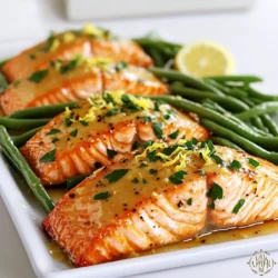 - 4 salmon fillets (6 oz each) - 2 cups green beans, trimmed - 4 tablespoons unsalted butter, melted - 4 cloves garlic, minced - 1 lemon, juiced (reserve zest) The main ingredients are key to this dish. Salmon fillets provide great flavor and healthy fats. Green beans add a crisp texture and bright color. You will create a garlic butter sauce using butter, minced garlic, and lemon juice for extra zest. - 1 teaspoon paprika - Salt and pepper to taste - 1 tablespoon fresh parsley, chopped (for garnish) - Lemon zest Seasoning is vital for taste. Paprika gives a mild smokiness. Salt and pepper enhance the overall flavor. Fresh parsley adds a pop of color and freshness. Zesting the lemon brightens the dish and adds more aroma. - Sheet pan and parchment paper - Mixing bowls and measuring spoons Using the right tools makes cooking easier. A sheet pan allows for even cooking and easy cleanup with parchment paper. Mixing bowls help combine ingredients well. Measuring spoons ensure accuracy in your sauce and seasoning. - Preheat the oven to 400°F. - Line the sheet pan with parchment paper. This helps with easy cleaning. - In a small bowl, mix melted butter, minced garlic, lemon juice, and paprika. - Stir well until the mixture is smooth. This sauce gives flavor to your dish. - Place the salmon fillets on one side of the sheet pan. - Season the salmon with salt and pepper. - Drizzle half of the garlic butter sauce over the salmon. - On the other side, add the trimmed green beans. - Drizzle the rest of the garlic butter sauce over the green beans. Toss them lightly to coat. - Bake in the preheated oven for 15-20 minutes. - Check when the salmon flakes easily with a fork and the green beans are tender. - The salmon should be opaque and not raw in the middle. Enjoy your meal and the easy clean-up! - Adjusting cook time for different salmon sizes If you use smaller salmon fillets, reduce the cook time. Thin fillets need about 12-15 minutes. Thicker cuts may take up to 20-25 minutes. Always check for flakiness. - Substituting vegetables Feel free to swap green beans for asparagus or broccoli. Just make sure to cut them to a similar size for even cooking. - Additional seasoning ideas You can add a pinch of cayenne for heat or switch to dill for a fresh taste. Try lemon pepper for a zesty kick. - Using different types of garlic Instead of fresh garlic, you can use garlic powder or roasted garlic. Each gives a unique flavor twist to your dish. - Ideal side dishes to complement the meal Serve this dish with rice or quinoa for a filling meal. A light salad adds freshness and crunch. - Presentation tips for an attractive look Arrange salmon and beans on a large platter. Drizzle leftover garlic butter on top. Add lemon slices and fresh parsley for color. {{image_2}} You can add fresh or dried herbs to make your salmon special. Try dill, thyme, or rosemary. These herbs mix well with garlic butter. Just sprinkle them on the salmon before baking. This gives your dish fresh, bright flavors. You will love the new taste! Change the flavor of your green beans by adding lemon zest and garlic. You can toss in some crushed red pepper for a kick. This gives the beans a zesty twist. It pairs well with the rich salmon. Your meal will taste bright and fresh! Feel free to add more veggies or proteins to your sheet pan. Carrots, bell peppers, or asparagus work great. You can even add shrimp for extra protein. Just cut them to similar sizes to cook evenly. This way, you create a colorful and hearty meal. Everyone at the table will enjoy it! To keep your garlic butter salmon and beans fresh, store leftovers in an airtight container. Make sure the dish cools down to room temperature first. This method helps maintain flavor and texture. Refrigerate for up to three days. When you're ready to eat, check for any signs of spoilage before reheating. Reheating can dry out the salmon if not done right. I recommend using the oven or microwave. For the oven, preheat it to 350°F (175°C). Place your salmon and beans on a baking sheet, cover with foil, and heat for about 10-15 minutes. If using a microwave, place the food on a microwave-safe plate. Cover it with a damp paper towel and heat in short bursts of 30 seconds, checking often. You can freeze this dish, but it's best if you do it before reheating. Allow the dish to cool completely, then transfer it to a freezer-safe container. Seal it tightly to prevent freezer burn. This meal can stay fresh for about two months in the freezer. To thaw, move it to the fridge overnight. Reheat using the methods mentioned above to enjoy your meal again! Bake salmon at 400°F for 15 to 20 minutes. This time works best for six-ounce fillets. Look for the salmon to flake easily with a fork when done. The green beans should be tender but still bright. This method gives you juicy, flavorful salmon. Yes, you can use frozen salmon. However, you should thaw it first. Place the frozen salmon in the fridge overnight to defrost. If you need to cook it right away, run it under cold water. Just add a few extra minutes to your bake time if it's still a bit icy. This dish is quite healthy! Salmon is rich in omega-3 fatty acids. These fats are good for your heart and brain. Salmon also provides protein, which helps build muscles. Green beans add fiber, vitamins, and minerals. Together, they make a balanced meal that is both tasty and nutritious. This blog post covers a simple and tasty garlic butter salmon recipe. We discussed key ingredients like salmon, green beans, and garlic butter sauce. You learned to prep your oven and assemble the dish easily. We provided cooking tips, variations, and storage info for leftovers. Cooking can be fun and rewarding. This dish fits nicely into a healthy meal plan. Try adding your twist to the recipe. Enjoy your cooking adventure!