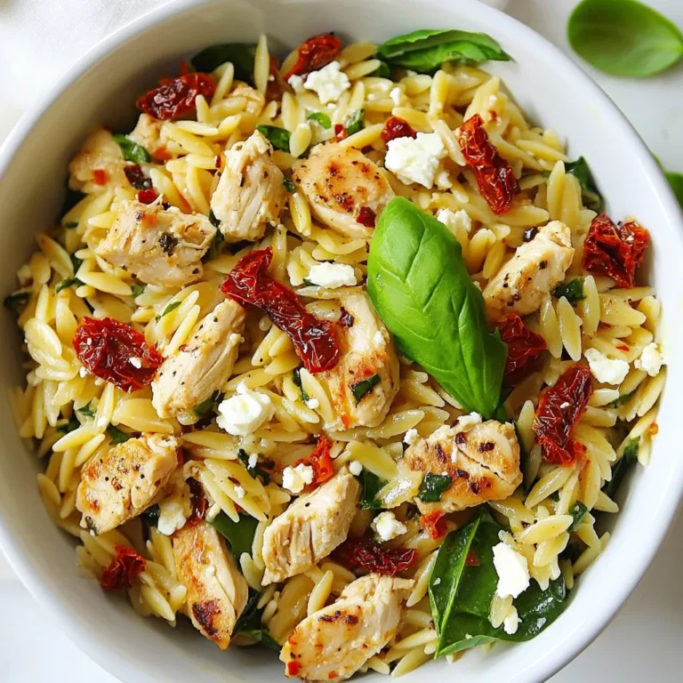 - 1 lb chicken breast, diced - 1 cup orzo pasta - 1/2 cup sun-dried tomatoes, chopped - 2 garlic cloves, minced - 1/2 onion, finely chopped - 3 cups chicken broth - 1 cup spinach, roughly chopped - 1/2 cup feta cheese, crumbled - 2 tablespoons olive oil - 1 teaspoon Italian seasoning - Salt and pepper to taste - Fresh basil leaves for garnish To make my sun-dried tomato chicken orzo, I start with fresh chicken breast. I dice it into bite-sized pieces. This allows for even cooking and great flavor. Next, I choose orzo pasta, which is small and cooks quickly. It absorbs the flavors well. Sun-dried tomatoes add a rich, tangy taste. I chop them into smaller bits for easy mixing. Garlic and onion bring a nice base flavor to the dish. I always use fresh garlic and onion for the best results. Chicken broth is key for a savory taste. I prefer low-sodium broth so I can control the salt level. Spinach adds color and health benefits. It wilts beautifully into the dish, adding both texture and nutrition. For creaminess, I crumble feta cheese on top. It gives a nice salty bite. Olive oil helps to sauté the chicken and veggies. Italian seasoning gives a lovely herb blend, while salt and pepper enhance the taste. Lastly, I garnish with fresh basil leaves. They give a fragrant finish and look pretty on the plate. Having these ingredients ready makes the cooking process easy and enjoyable. {{ingredient_image_1}} To start, heat the olive oil in a large skillet over medium heat. Add the diced chicken breast. Season it with salt, pepper, and Italian seasoning. Sauté the chicken until it turns golden brown. This should take about 7-8 minutes. Once done, remove the chicken from the skillet and set it aside. This step keeps the chicken juicy and flavorful. Next, use the same skillet for added flavor. Add the finely chopped onion and minced garlic. Sauté them until the onion becomes translucent. This usually takes about 3-4 minutes. Then, stir in the chopped sun-dried tomatoes. Cook everything for another 2 minutes. This mix brings out rich, savory notes. Now, it’s time to cook the orzo. Add the orzo pasta to the skillet. Stir it for about 1 minute to lightly toast it. This step enhances the pasta's flavor. Pour in the chicken broth. Bring the mixture to a boil. Reduce the heat and let it simmer for about 10 minutes. The orzo will become tender and soak up the broth. Once the orzo is done, return the cooked chicken to the skillet. Stir in the chopped spinach. Let it wilt for about 2 minutes. This adds vibrant color and nutrients. Remove the skillet from the heat and mix in the feta cheese. Let it melt slightly and blend into the dish. Adjust the seasoning with salt and pepper if needed. Your savory sun-dried tomato chicken orzo is ready to serve! - To keep the chicken juicy, use medium heat and avoid overcooking. I cook it until golden brown. This takes about 7-8 minutes. Make sure the chicken is cooked through but still moist. - For perfectly cooked orzo, stir it into the broth before simmering. This helps it absorb all the flavors. Cook it until tender, about 10 minutes. It should not be mushy. - You can play with herbs and spices. Try adding fresh thyme or parsley. These spices add depth and freshness to your dish. - Feel free to toss in extra vegetables. Bell peppers, zucchini, or mushrooms work well. This adds color and nutrition. Plus, it makes the dish more fun and varied. - Serve your Sun-Dried Tomato Chicken Orzo with a side salad. A light green salad or roasted veggies pairs nicely. - For presentation, use a large bowl or plate. Garnish with fresh basil leaves. This brightens the dish and adds a nice touch. A sprinkle of extra feta on top looks great, too! Pro Tips Choose High-Quality Sun-Dried Tomatoes: Opt for sun-dried tomatoes packed in oil for enhanced flavor and moisture, which can elevate the dish significantly. Don’t Overcook the Orzo: Keep an eye on the orzo while it simmers; you want it al dente for the best texture and to prevent it from becoming mushy. Variate with Proteins: Feel free to substitute the chicken with shrimp or tofu for a different protein option that complements the flavors well. Add Fresh Herbs: Incorporating fresh herbs like parsley or dill at the end can brighten up the dish and add an aromatic touch. {{image_2}} - Make it gluten-free: Use gluten-free orzo instead of regular pasta. This swap keeps the dish tasty and safe for those with gluten issues. Look for brands that offer a good texture and flavor. - Vegetarian alternative: Replace the chicken with chickpeas or tofu. Both options add protein while keeping the dish vibrant and filling. You can also add more veggies like bell peppers or zucchini for a fresh twist. - Different cheese options: While feta is great, try goat cheese or mozzarella. Each cheese brings a unique flavor. Goat cheese adds creaminess, while mozzarella melts beautifully. - Switching up the vegetables: Feel free to add any veggies you love! Try bell peppers, zucchini, or even artichokes. Each choice adds color and flavor, making the dish fun and exciting. - Alternative protein sources: If you want variety, use shrimp or turkey. Both work well in this dish and add new tastes. Shrimp cooks quickly and gives a nice seafood twist, while turkey adds a lean option. - Other types of pasta: Swap orzo for other small pasta, like ditalini or couscous. These changes can alter the texture and give a new feel to the dish. Just keep an eye on cooking times for best results. To keep your Sun-Dried Tomato Chicken Orzo fresh, place it in the fridge. Use an airtight container to prevent moisture loss. This dish stays good for about three to four days. When storing, let it cool to room temperature before sealing. This step helps avoid condensation inside the container. For long-term storage, freeze your orzo dish. First, let it cool completely, then transfer it to a freezer-safe bag or container. Remove as much air as possible to avoid freezer burn. It can last up to three months in the freezer. When you’re ready to eat, thaw it in the fridge overnight. Reheat it on the stovetop or microwave. Add a splash of chicken broth or water to keep it moist. Stir well to ensure even heating. Enjoy your flavorful meal anytime! You can prepare this dish in advance. Start by cooking the chicken and orzo as directed. Allow them to cool. Store the chicken and orzo in separate containers. When you're ready to eat, mix them together in a pan. Add some chicken broth to reheat. This keeps the dish moist and tasty. You can use fresh tomatoes, but the flavor will change. Sun-dried tomatoes have a rich, sweet taste. Fresh tomatoes are juicier and milder. If you choose fresh ones, add more herbs for flavor. You may also need to cook them longer to reduce the moisture. If you need a substitute for feta cheese, try goat cheese or ricotta. They both have a creamy texture. You can also use mozzarella for a milder flavor. If you're dairy-free, try a plant-based cheese. These options still give a nice taste to your dish. Yes, Sun-Dried Tomato Chicken Orzo can be healthy. It has lean protein from chicken. The spinach adds vitamins, and the orzo gives you energy. Just watch the cheese and oil amounts if you're counting calories. This meal is balanced and nutritious when enjoyed in moderation. Sun-Dried Tomato Chicken Orzo lasts about 3 to 4 days in the fridge. Store it in an airtight container to keep it fresh. If you want to keep it longer, consider freezing it. Just remember to thaw it in the fridge before reheating. This recipe for Sun-Dried Tomato Chicken Orzo is a delicious blend of flavors. You learn how to sauté chicken, prepare the base with garlic and sun-dried tomatoes, and achieve perfectly cooked orzo. Tips for juicy chicken and flavor enhancements make this dish special. Whether you want to adjust for diet or store leftovers, this meal fits your needs. Enjoy experimenting and make it your own. Cooking can be fun, and this dish lets your creativity shine. Dive in and savor each bite!